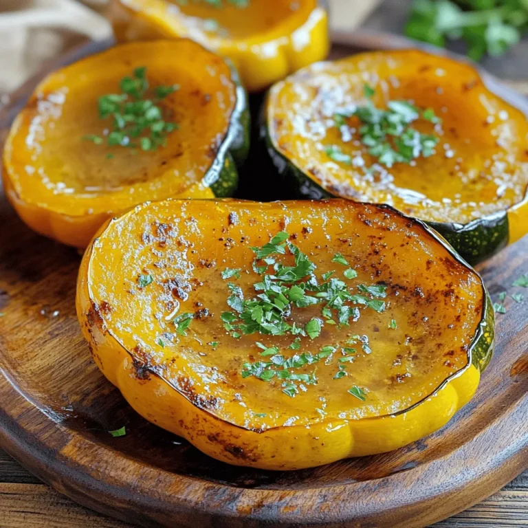 Here is what you need for garlic butter roasted acorn squash: - 2 medium acorn squashes, halved and seeded - 4 tablespoons unsalted butter, melted - 4 cloves garlic, minced - 2 tablespoons honey or maple syrup - 1 teaspoon dried thyme - 1 teaspoon smoked paprika - Salt and pepper to taste - Fresh parsley, chopped for garnish These ingredients create a sweet and savory dish. The acorn squashes offer a nice shape and flavor. The butter and garlic mix adds depth. Honey or maple syrup provides a hint of sweetness. Thyme and smoked paprika give warmth and aroma. Salt and pepper enhance all the flavors. Fresh parsley adds a pop of color. Each ingredient plays a vital role in making this dish a treat. 1. Preheat your oven to 400°F (200°C). This heat will help the squash roast well. 2. Take two medium acorn squashes. Cut them in half and remove the seeds. This will let the flavors soak in. 3. In a small bowl, mix four tablespoons of melted butter, four minced garlic cloves, two tablespoons of honey or maple syrup, one teaspoon of dried thyme, one teaspoon of smoked paprika, and salt and pepper. Stir well to make a garlic butter blend. 1. Place the halved acorn squashes cut side up on a baking sheet lined with parchment paper. This keeps them from sticking. 2. Brush the garlic butter mixture all over the cut sides of the squashes. Make sure the garlic is spread out evenly. 3. Roast in the oven for 30-35 minutes. You want the squash to be tender and golden. Halfway through, baste them with the remaining garlic butter for extra flavor. 1. Once done, take the squashes out of the oven and let them cool for a few minutes. This helps avoid burns when serving. 2. Before serving, sprinkle chopped fresh parsley over the roasted squashes. This adds a nice splash of color and flavor. How do you tell when the squash is done? You can check the squash by poking it with a fork. If the fork slides in easily, it's done. The flesh should be soft and golden brown. How can you add extra flavor while cooking? Basting the squash with the garlic butter halfway through roasting adds great flavor. Use a spoon to drizzle the butter over the squash. This keeps it moist and rich. What are some presentation ideas for serving? Serve the roasted acorn squashes whole on a wooden platter. This looks rustic and inviting. Drizzle any leftover garlic butter over the top for a special touch. What are good pairing options for a complete meal? These squashes pair well with roasted chicken or a fresh salad. You can also serve them alongside grains like quinoa or rice for a hearty meal. {{image_2}} You can play with flavors in garlic butter roasted acorn squash. Start by changing the herbs and spices. Instead of dried thyme, try rosemary or sage. Both herbs add a fresh twist. You can also switch smoked paprika for regular paprika or chili powder. This adds warmth and a hint of spice. Sweeteners can change the dish too. Use honey or maple syrup as the recipe states. But if you want, use brown sugar or agave syrup. Each sweetener gives a unique taste. Experiment to find your favorite flavor. This recipe is easy to adapt for different diets. If you want a vegan option, swap the butter for plant-based butter. It works just as well and keeps the dish rich and creamy. Also, this recipe is naturally gluten-free. You don't need to change anything for gluten-free eaters. Just ensure any added ingredients, like sweeteners, are also gluten-free. Enjoy this dish without worry! To store your garlic butter roasted acorn squash, let it cool first. Place the leftovers in an airtight container. This keeps the squash fresh and tasty. Store it in the fridge for up to 3 days. If you want to keep it longer, you can freeze it. Wrap it tightly in plastic wrap or foil. It can last up to 3 months in the freezer. To reheat, you have a few good options. The best way is to use the oven. Preheat it to 350°F (175°C). Place the squash on a baking sheet and cover it with foil. Heat for about 15-20 minutes until warm. You can also use a microwave. Just place the squash on a microwave-safe plate. Heat for 1-2 minutes. Keep an eye on it to avoid drying out. Basting it with a little garlic butter can help keep the flavor and texture. Enjoy your delicious leftovers! How do you choose the best acorn squash? When picking acorn squash, look for ones that feel heavy for their size. Their skin should be firm and free from soft spots. A rich green color with some orange patches shows ripeness. Can I make this recipe ahead of time? Yes, you can prepare the garlic butter mixture a day in advance. Cut and seed the squash, then store it in the fridge. Keep the mixture in a sealed container. Bake them when ready to serve. What’s the nutritional value of garlic butter roasted acorn squash? Garlic butter roasted acorn squash is rich in vitamins A and C. It has fiber that aids digestion. The butter adds healthy fats, while garlic provides antioxidants. Overall, it’s a tasty and nutritious side dish. We explored how to make tasty garlic butter roasted acorn squash. You learned the key ingredients, step-by-step preparation, and useful tips. I shared flavor variations and storage ideas to suit your needs. This dish offers rich taste and healthy options. Enjoy cooking this simple, delicious recipe. It’s perfect for any meal or gathering. Try it out and impress your guests!