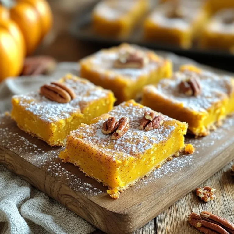 To make Pumpkin Spice Snickerdoodle Bars, gather these simple ingredients: - 1 cup unsalted butter, softened - 1 cup granulated sugar - 1 cup packed brown sugar - 1 cup pumpkin puree - 2 large eggs - 2 teaspoons vanilla extract - 3 cups all-purpose flour - 1 teaspoon baking soda - 1 teaspoon cream of tartar - 1 teaspoon ground cinnamon - ½ teaspoon ground nutmeg - ½ teaspoon ginger powder - ½ teaspoon salt - Toppings: ¼ cup granulated sugar, 1 tablespoon cinnamon Each ingredient plays an important role. The butter gives the bars a rich flavor. The sugars add sweetness and help with texture. Pumpkin puree brings moisture and a lovely fall taste. Eggs bind everything together, ensuring a nice structure. The flour is the base of the bars, while the baking soda helps them rise. Cream of tartar adds a nice tang, making the bars soft and chewy. The spices—cinnamon, nutmeg, and ginger—add that warm, cozy flavor we all love in fall treats. Don't forget the topping! The mix of sugar and cinnamon gives a sweet, crunchy finish. When you bake these bars, your kitchen will smell amazing. Enjoy the process, and get ready for a delightful treat! 1. Start by preheating your oven to 350°F (175°C). This helps the bars bake evenly. 2. Grease a 9x13 inch baking pan or line it with parchment paper. This makes for easy removal. 3. In a large mixing bowl, cream together 1 cup of softened butter, 1 cup of granulated sugar, and 1 cup of brown sugar. Mix until the mixture is light and fluffy. 4. Now, add 1 cup of pumpkin puree, 2 large eggs, and 2 teaspoons of vanilla extract. Beat this mixture until it is well combined. 1. In a separate bowl, whisk together 3 cups of all-purpose flour, 1 teaspoon of baking soda, 1 teaspoon of cream of tartar, 1 teaspoon of ground cinnamon, ½ teaspoon of ground nutmeg, ½ teaspoon of ginger powder, and ½ teaspoon of salt. This blend gives your bars great flavor. 2. Gradually mix the dry ingredients into the wet mixture. Stir until just combined. Be careful not to overmix; this keeps the bars tender. 1. Spread the batter evenly into your prepared baking pan. Use a spatula to smooth the top. 2. In a small bowl, mix ¼ cup of granulated sugar with 1 tablespoon of cinnamon for the topping. Sprinkle this mixture evenly over the batter. 3. Bake in your preheated oven for 25-30 minutes. Check for doneness by inserting a toothpick into the center; it should come out clean. To get the best Pumpkin Spice Snickerdoodle Bars, avoid overmixing the batter. Overmixing adds too much air, making the bars tough. Mix until just combined for soft, chewy bars. Each oven may bake differently. Check your bars a few minutes early to avoid burning. If your oven tends to run hot, reduce the baking time slightly. Serve the bars on a rustic wooden board. This adds charm and warmth to your table. Dust the top with powdered sugar for a snowy effect. A sprinkle of cinnamon or a few candied pecans makes for a lovely finishing touch. You can also cut the bars into fun shapes for a festive look. Prevent dryness by measuring flour correctly. Too much flour can make your bars crumbly. Use the spoon-and-level method: spoon flour into the measuring cup and level it off with a knife. To avoid undercooking, test with a toothpick. Insert it into the center; it should come out clean or with a few crumbs. If it’s wet, bake a bit longer. {{image_2}} You can easily adjust this recipe for your needs. For gluten-free bars, swap regular flour with a gluten-free blend. Make sure it has a 1:1 ratio. For dairy-free options, use coconut oil or a dairy-free butter. You can also replace the eggs with flax eggs. Mix one tablespoon of flaxseed meal with three tablespoons of water for each egg. This works well in most baked goods. Want to add a twist? Toss in some chocolate chips or nuts. Dark chocolate pairs nicely with pumpkin spice. Walnuts or pecans add a nice crunch. You can also try adding spices like cloves or allspice. These will deepen the flavor and enhance the warmth of the bars. These bars shine during the holidays. For Halloween, add candy corn on top. For Thanksgiving, sprinkle some candied ginger or pecans. You can also shape them into festive cutouts. This makes them great for parties or special events. Each variation keeps the spirit of the season alive while adding a new taste. To keep your Pumpkin Spice Snickerdoodle Bars fresh, use an airtight container. Place parchment paper between layers if stacking. This will help avoid sticking. Store them in a cool, dry place. You can also refrigerate them for added freshness. In the fridge, they last about a week. If you want to keep them longer, freeze them. In the freezer, they can last up to three months. To enjoy your bars warm, the best method is to use a microwave. Heat them for about 10-15 seconds. Check to make sure they do not get too hot. You can also use an oven. Preheat your oven to 350°F (175°C). Place the bars on a baking sheet and heat for about 5-10 minutes. This way, they stay soft and tasty. Enjoy them fresh! Can I use fresh pumpkin instead of canned? Yes, you can use fresh pumpkin. Just make sure to cook and puree it first. Fresh pumpkin gives a nice flavor, but it may be a bit watery. Drain any excess liquid before using. How do I know when the bars are done baking? Check the bars after 25 minutes. Insert a toothpick into the center. If it comes out clean, they are done. The edges will look set, and the top may be slightly golden. Can I freeze the Pumpkin Spice Snickerdoodle Bars? Absolutely! Once cooled, cut the bars and place them in an airtight container. They freeze well for up to three months. Just thaw them in the fridge before serving. What to do if my batter is too dry? If your batter feels too dry, add a little more pumpkin puree. Start with one tablespoon at a time until it feels right. The batter should be thick but not crumbly. Can I make this recipe vegan? Yes, you can make it vegan! Replace the eggs with flax eggs. Use 1 tablespoon of ground flaxseed mixed with 2.5 tablespoons of water for each egg. Also, use a vegan butter substitute. Best drinks to pair with pumpkin spice bars These bars taste great with warm apple cider. A cup of chai tea also works well. For a twist, try pairing them with a vanilla latte. Ideas for serving at parties or gatherings Serve these bars on a rustic wooden board. Dust them with powdered sugar for a beautiful touch. Add some candied pecans or a sprinkle of cinnamon on top for extra flair. This blog post covers how to make Pumpkin Spice Snickerdoodle Bars. We outlined the ingredients, steps for mixing and baking, and shared tips for success. You learned about variations, storage, and FAQs. These bars are fun and simple to make. Whether for a cozy gathering or a holiday treat, they bring joy. Enjoy baking these delicious bars and share them with others. You’ll impress friends and family with your skills!