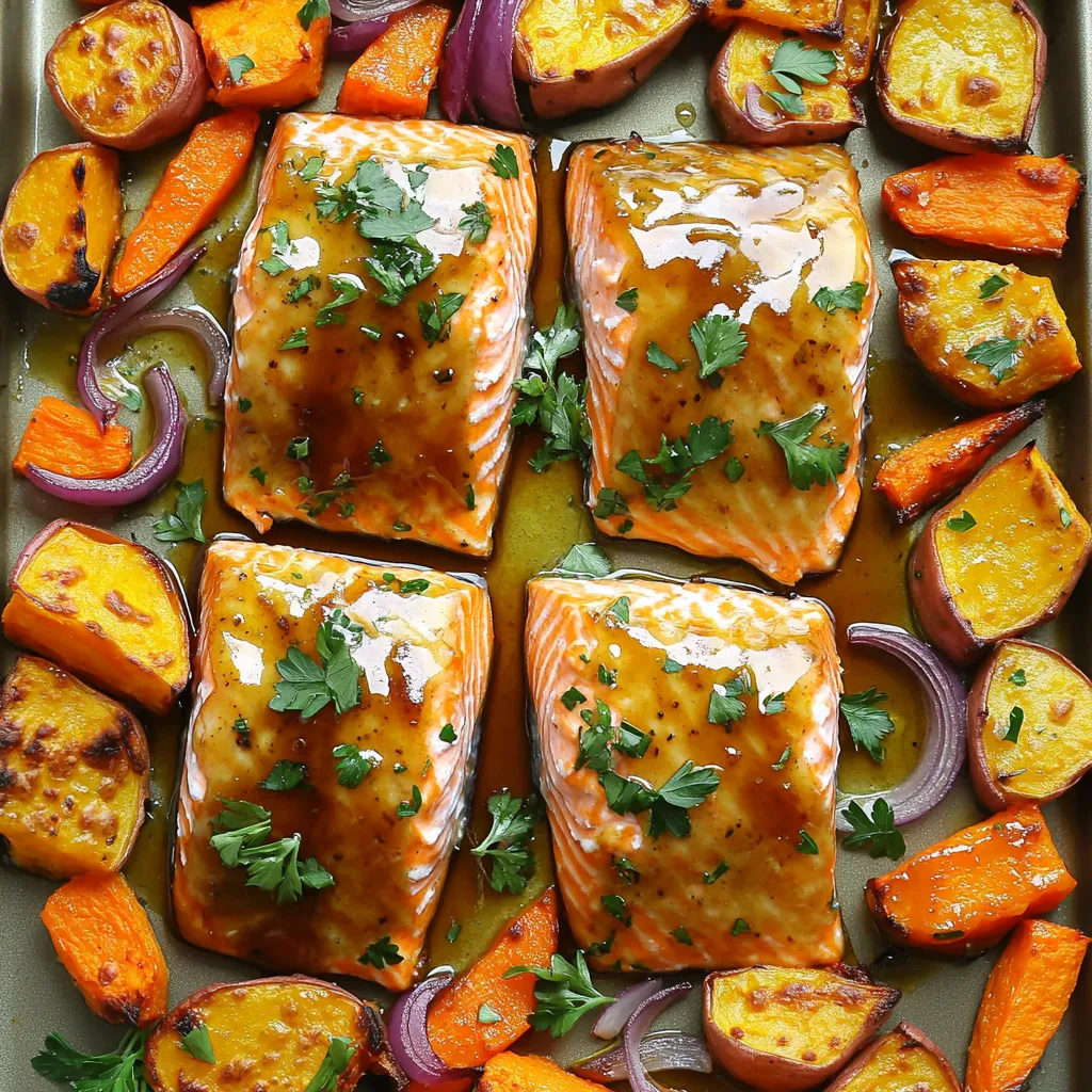 - 4 salmon fillets - 2 medium sweet potatoes, diced - 2 carrots, sliced - 1 red onion, cut into wedges - 2 tablespoons olive oil - Salt and pepper to taste - 1 teaspoon garlic powder - 1/4 cup pure maple syrup - 2 tablespoons soy sauce (or coconut aminos for a gluten-free option) - 1 teaspoon Dijon mustard Gather these items before you start. This will make cooking easier and faster. You want fresh salmon and good quality maple syrup for the best taste. The sweet potatoes and carrots add nice sweetness and texture. The red onion gives a deep flavor when roasted. Don't forget olive oil, salt, and pepper. They help the veggies shine. Lastly, the maple glaze is key for that sweet and savory flavor. Mix it all, and you're ready to create a delicious meal. First, heat your oven to 400°F (200°C). This step is key for cooking. Grab a large baking sheet, and arrange it on your counter. Line it with parchment paper for easy cleanup, if you like. Next, chop your sweet potatoes, carrots, and red onion. Place them on the baking sheet. Drizzle olive oil over the veggies. Sprinkle salt, pepper, and garlic powder on top. Use your hands to toss everything. Make sure they are spread out evenly. Roast in the oven for 15 minutes. This makes them tender and tasty. While the roots roast, mix the maple glaze. In a small bowl, whisk together maple syrup, soy sauce, and Dijon mustard. After 15 minutes, take the baking sheet out. Make space in the center for your salmon. Place the salmon fillets skin-side down. Brush them with the maple glaze, coating them well. Return the baking sheet to the oven. Roast for another 12-15 minutes. Your salmon should flake easily with a fork. The roots will be caramelized and soft. When done, let it rest for a few minutes. Add fresh parsley on top before serving. To check if salmon is done, use a fork. Gently poke the fish at the thickest part. If it flakes easily, it is ready. The fish should also be opaque. Aim for an internal temperature of 145°F (63°C). Use a meat thermometer if you have one. This tool can help you avoid overcooking. You can change up the flavor of this dish easily. Try adding herbs like thyme or rosemary. They pair well with both salmon and roots. For a spicy kick, add some red pepper flakes to the glaze. You could also swap the soy sauce with tamari for a gluten-free option. Experimenting can make this dish your own! Cooking times can vary for root veggies. Sweet potatoes take about 15 minutes to start cooking. Carrots need around 20 minutes to become tender. Red onions can roast in the same time as the sweet potatoes. Always check for tenderness. Adjust times based on how thick you cut the veggies. This helps ensure even cooking. {{image_2}} You can swap salmon for other fish, like trout or cod. These fish work well with the maple glaze. If you prefer meat, chicken thighs are a great option too. For the roots, use parsnips or turnips instead of sweet potatoes and carrots. They add a unique flavor and texture. To keep it gluten-free, use coconut aminos instead of soy sauce. This will give you the same sweet and salty flavor. For a vegan option, replace salmon with firm tofu or tempeh. Marinate the tofu in the maple glaze for extra taste. Make sure to use maple syrup, as it is naturally vegan. In spring, try asparagus or radishes with your salmon. In summer, zucchini and bell peppers shine. For fall, use butternut squash and Brussels sprouts. In winter, root veggies like beets and rutabaga work well. Adjust your glaze with seasonal herbs for added freshness. Store leftover salmon and vegetables in an airtight container. Cool them to room temperature first. Cover the container tightly and place it in the fridge. Use them within three days for the best taste. If you can, keep the salmon and roots separate to maintain texture. To reheat salmon and vegetables, use the oven for best results. Preheat your oven to 350°F (175°C). Place the salmon and roots on a baking sheet. Cover with foil to keep moisture in. Heat for about 10-15 minutes or until warmed through. This keeps the salmon moist and the roots tender. You can freeze leftover salmon and roots for later meals. Wrap each piece of salmon in plastic wrap, then place it in a freezer bag. Label and date the bag. For roots, place them in a separate freezer-safe container. Use them within three months for the best quality. To thaw, move them to the fridge overnight before reheating. You can serve many sides with this dish. Some great choices are: - Steamed broccoli: Bright and crisp, it adds color. - Rice or quinoa: These grains soak up extra glaze. - A green salad: Fresh greens balance the meal well. - Crusty bread: Perfect for mopping up leftover sauce. Each of these options complements the sweet and savory flavors of the salmon and roots. I recommend cooking salmon at 400°F for 12-15 minutes. This time allows the salmon to cook evenly. The fish should flake easily with a fork. If your fillets are thicker, you may need a few extra minutes. Absolutely! This recipe is flexible. You can swap in any of your favorite root vegetables. Here are some ideas: - Beets: They add a lovely color and earthiness. - Parsnips: They bring a sweet, nutty flavor. - Brussels sprouts: Their slight bitterness works well with the glaze. Feel free to experiment and find your perfect mix! This blog post covered how to make a delicious sheet-pan maple glazed salmon meal. You learned about the main ingredients, how to roast root vegetables, and the right techniques for cooking salmon. I shared tips on doneness and flavor enhancement, along with storage and reheating advice. Remember, you can use different vegetables or even go gluten-free. This dish is versatile and easy to adapt. Enjoy trying out these recipes, and don’t hesitate to get creative in the kitchen!