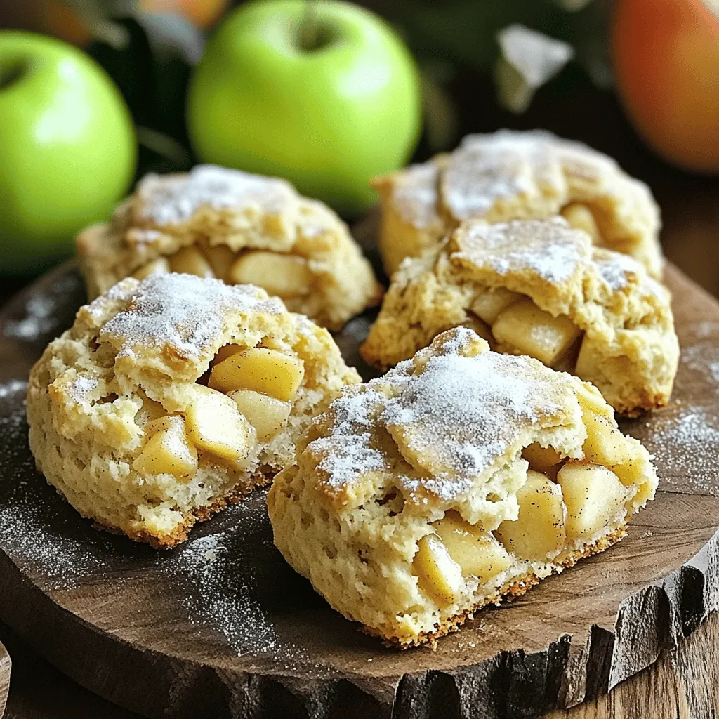To create the best apple cinnamon scones, you will need some key ingredients. Here’s a detailed list: - 2 cups all-purpose flour: This gives the scones their structure. - 1/3 cup granulated sugar: It adds sweetness to balance the tart apples. - 1 tablespoon baking powder: This helps the scones rise. - 1/2 teaspoon salt: Salt enhances the overall flavor. - 1 teaspoon ground cinnamon: This provides a warm spice. - 1/4 cup cold unsalted butter, cubed: Cold butter creates flaky layers. - 1 large apple, peeled and diced: I recommend using Granny Smith or Honeycrisp for great flavor. - 1/2 cup buttermilk: This keeps the scones moist. - 1 large egg: It helps bind the dough. - 1 teaspoon vanilla extract: This adds a nice depth of flavor. - 1/4 cup chopped walnuts or pecans (optional): Nuts add crunch and richness. - Extra sugar for sprinkling on top: This gives a sweet, crunchy finish. Choosing the right apple is crucial. Granny Smith apples are tart and firm, while Honeycrisp apples are sweet and juicy. Both will work well in your scones. If you want extra crunch, consider adding chopped walnuts or pecans. For the butter, always use unsalted. This lets you control the salt in your recipe. Gather these ingredients, and you’re ready to make some irresistible scones! 1. Preheat your oven to 400°F (200°C). This helps scones rise well. 2. Line a baking sheet with parchment paper. This prevents the scones from sticking. 3. In a large bowl, mix the flour, sugar, baking powder, salt, and cinnamon. Whisk until everything blends well. 4. In a separate bowl, whisk the buttermilk, egg, and vanilla. This will add moisture to the dough. 1. Add cold butter to the flour mix. Use a pastry cutter or your fingers to blend. Stop when it looks like coarse crumbs. 2. Fold in diced apples and nuts, if you like. This adds flavor and texture. 1. Turn the dough out onto a floured surface. Knead it gently until it comes together. Don’t overdo it! 2. Pat the dough into a circle about 1 inch thick. Use a sharp knife to cut it into 8 wedges. 3. Transfer the wedges to your baking sheet. Sprinkle sugar on top for extra sweetness. 4. Bake for 15-18 minutes. The scones should be golden brown when done. To make the best apple cinnamon scones, avoid overmixing the dough. Mix until just combined. Overmixing can make your scones tough. Gently fold in the wet and dry ingredients. This keeps them light and fluffy. Using cold butter is key for texture. Cold butter helps the scones rise. It creates small pockets of air, making them soft inside. I cube the butter right from the fridge. This keeps it cold until it goes into the oven. To present your scones well, serve them warm. Place them on a nice platter. You can add apples around them for a pop of color. Drizzle a simple glaze on top. Mix powdered sugar with a bit of milk. Sprinkle some cinnamon for extra flavor. This makes your scones look and taste even better. Enjoy the delightful mix of flavors! {{image_2}} You can switch up the fruits in these scones. Try using blueberries or cranberries instead of apples. These fruits add a burst of flavor. They also give a nice color to the scones. You can mix and match to find your favorite. Another way to change the taste is by adding spices. Nutmeg and ginger are great options. They add warmth and depth. A pinch of nutmeg can enhance the apple flavor. Ginger can give a nice kick to the scone. Feel free to experiment! To make these scones healthier, consider using whole wheat flour. It adds fiber and nutrients. Whole wheat flour gives a slightly nutty flavor too. This change keeps the scones tasty while making them more wholesome. You can also reduce the sugar in the recipe. Try cutting the sugar in half. The natural sweetness of the apples helps balance it out. You could also use honey or maple syrup instead. These options can add a unique flavor while lowering refined sugar. To keep your apple cinnamon scones fresh, store them in an airtight container. This helps to keep them moist and soft. You can also wrap them in plastic wrap before placing them in the container. If you plan to eat them within a couple of days, this method works well. If you want to keep scones for a longer time, freezing is a great option. To freeze, place the scones in a single layer on a baking sheet. Freeze them for about an hour, then transfer them to a freezer bag. Make sure to squeeze out all the air before sealing. They can last in the freezer for up to three months. If you have day-old scones, don’t worry! You can easily revive them. Preheat your oven to 350°F (175°C). Place the scones on a baking sheet. Heat them for about 5-10 minutes. This warms them up and makes them taste fresh again. You can also microwave them for 15-20 seconds, but they may not be as crisp. Enjoy your scones warm! Can I make scones ahead of time? Yes, you can make scones ahead of time. You can prepare the dough and cut it into wedges. Then, place the wedges on a baking sheet and cover them. Keep them in the fridge for up to 24 hours. When ready, bake them directly from the fridge. What is the best way to serve leftover scones? Serve leftover scones warm. You can reheat them in the oven at 350°F for about 5-10 minutes. This will refresh their fluffy texture. Adding a light drizzle of glaze or a pat of butter can make them even better. How do I know when the scones are done baking? Check the scones after 15 minutes of baking. They should be lightly golden brown on top. You can also insert a toothpick into the center. If it comes out clean, the scones are done. Can I substitute buttermilk? Yes, you can substitute buttermilk. Use regular milk and add 1 tablespoon of lemon juice or vinegar. Let it sit for about 5 minutes. This will create a similar tangy effect to buttermilk. What are the signs of overmixing the dough? Overmixing the dough makes the scones tough. You’ll notice a dense texture and fewer flaky layers. The dough should come together gently. Mix only until you see no dry flour. This keeps them light and fluffy. To make these delicious scones, we covered the key ingredients first. You learned about the best apple types, optional nuts, and butter choices. Then, I shared easy steps for preparation, dough blending, and baking. We looked at tips for perfect texture and serving ideas to impress. In conclusion, trying different fruit and spice options can keep things fun. Remember to store and reheat your scones properly for best taste. With these tips, you’ll enjoy great results each time. Happy baking!