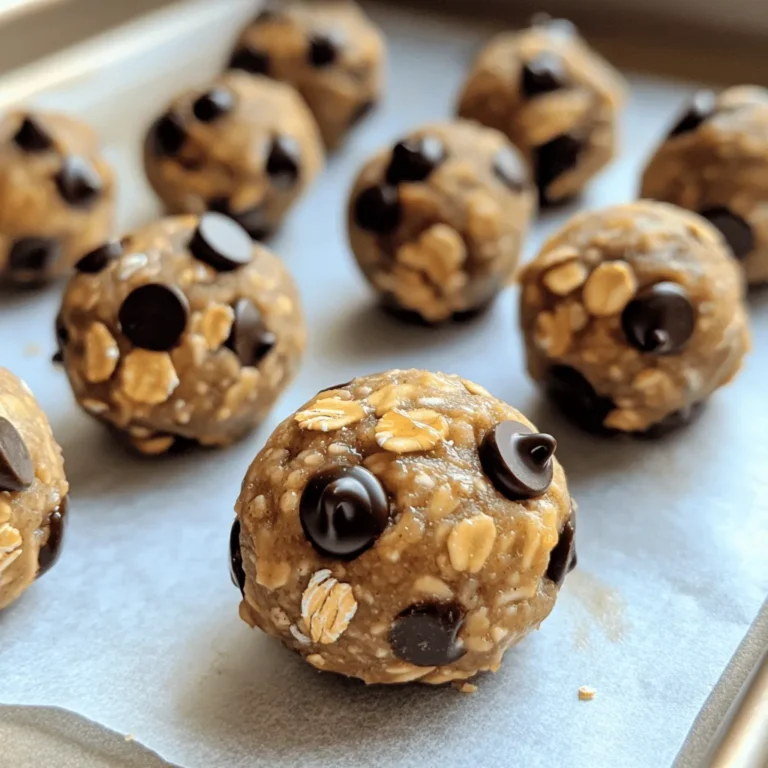 Here’s what you need to make these tasty bites: - 1 cup rolled oats - ½ cup natural peanut butter - ¼ cup honey (or maple syrup) - ½ cup chocolate chips (dark or semi-sweet) - ¼ cup ground flaxseed - 1 teaspoon vanilla extract - A pinch of salt When making peanut butter chocolate chip energy bites, quality matters. Here’s how to pick the best: - Rolled Oats: Choose old-fashioned oats for the best texture. They hold up well and give a nice chew. - Natural Peanut Butter: Look for brands with just peanuts and salt. This keeps it simple and healthy. - Honey or Maple Syrup: Both add sweetness, but maple syrup is a great vegan option. - Chocolate Chips: Use dark or semi-sweet for a rich flavor. Check for good cocoa content. - Ground Flaxseed: This adds fiber and healthy fats. Buy whole flaxseeds and grind them fresh for best nutrition. - Vanilla Extract: Go for pure vanilla extract for a better taste. It makes a big difference. These energy bites pack a punch of nutrition. Each bite provides a good balance of protein, healthy fats, and fiber. - Calories: About 100 per bite - Protein: 3 grams - Fat: 5 grams - Carbohydrates: 10 grams - Fiber: 2 grams They are perfect for a quick snack or post-workout boost. Enjoy them knowing they fuel your body with good stuff! Start by gathering your ingredients. You will need rolled oats, ground flaxseed, and salt. In a large mixing bowl, add 1 cup of rolled oats. Next, include ¼ cup of ground flaxseed. Finally, sprinkle in a pinch of salt. Mix these dry ingredients well until they are combined. This step sets the base for your energy bites. Now it’s time to focus on the wet ingredients. In a separate bowl, add ½ cup of natural peanut butter. Then, pour in ¼ cup of honey or maple syrup. Add 1 teaspoon of vanilla extract for a nice flavor. Stir these ingredients together until the mixture is smooth. This creamy mix will help bind everything together. Pour the smooth peanut butter mixture into the dry ingredients. Stir until everything is mixed well. You should see no dry bits left. Now, fold in ½ cup of chocolate chips. Make sure they are evenly spread throughout. Next, use your hands to form the mixture into small balls, about 1 inch wide. If the mix is sticky, chill it in the fridge for about 30 minutes. This makes rolling easier. Place the formed bites on a parchment-lined baking sheet. Chill them in the fridge for about an hour to firm up. Enjoy these tasty energy bites as a quick snack! When rolling energy bites, keep your hands slightly damp. This simple trick helps prevent sticking. Form each bite into a ball about one inch wide. Make sure they are even in size for a nice look. If your mixture feels too sticky, don't worry. Chill it in the fridge for about 30 minutes. This will help it firm up and make it easier to roll. You can also add a bit more oats or flaxseed if needed. To boost flavor, try adding a dash of cinnamon or nutmeg. These spices add warmth and depth. For extra texture, mix in chopped nuts or seeds. This adds a nice crunch that pairs well with the softness of the peanut butter. {{image_2}} You can swap some ingredients for healthier options. Use almond butter instead of peanut butter. This change adds different flavors but keeps it tasty. You can also use agave syrup instead of honey. This makes the bites lower in sugar. If you want a lower-carb option, try using sugar-free chocolate chips. They still taste great! You can change the flavors of your energy bites easily. Add a tablespoon of cocoa powder to boost the chocolate flavor. For a fruity twist, mix in some dried cranberries or raisins. You can also try adding cinnamon or nutmeg for warmth. If you love coconut, sprinkle in some shredded coconut. Each variation brings a new delight! Want to pack in more nutrition? Add a scoop of protein powder to the mix. This makes the bites great for a post-workout snack. You can also mix in chia seeds for extra fiber and omega-3s. Try adding chopped nuts for a crunchy texture. Each add-in gives your energy bites a healthy boost! To keep your peanut butter chocolate chip energy bites fresh, use an airtight container. Place the bites in the container and cover it tightly. Store them in the fridge for the best taste and texture. This keeps them cool and safe from spoilage. Avoid leaving them out at room temperature for too long. You can freeze these energy bites for later use. First, place them on a baking sheet in a single layer. Freeze them for about an hour until firm. Then, transfer the bites to a freezer-safe bag or container. Make sure to remove as much air as possible. To thaw, simply take them out and let them sit at room temperature for about 15-20 minutes. Enjoy them cold or at room temperature! When stored in the fridge, these energy bites last up to one week. For longer storage, freezing is best. When frozen, they can last up to three months. Always check for any signs of spoilage before eating. If they smell off or look strange, it’s best to toss them. Keeping them in good conditions helps maintain their yummy taste and texture. Yes, you can use other nut butters. Almond butter, cashew butter, or sunflower seed butter work well. Each one adds a unique taste. Just make sure it is natural and smooth for the best results. To make these energy bites vegan, simply swap honey for maple syrup. This keeps the sweetness while keeping it plant-based. Using a vegan chocolate option will also help. You can substitute honey with maple syrup or agave nectar. Both are great sweeteners. They provide a similar texture and taste without losing flavor. A serving usually has about 2 to 3 energy bites. The total recipe makes about 12 to 15 bites. Adjust serving size based on your needs or appetite. We explored key ingredients to create energy bites, from selecting the best options to nutritional details. I shared easy steps for preparation and tips for the perfect texture. You learned about flavorful variations and how to store your bites for freshness. In my view, these energy bites can boost your snacks and meals. With simple ingredients and versatile options, they fit well into any diet. Enjoy crafting and sharing these nutritious bites!