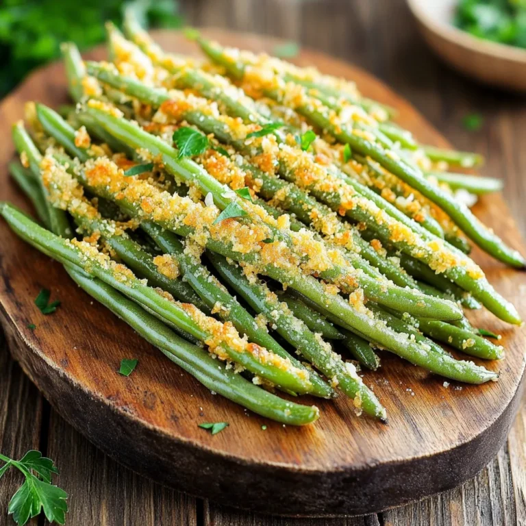To make Air Fryer Garlic Parmesan Green Bean Fries, you will need the following fresh ingredients: - 1 lb fresh green beans, trimmed - 2 tablespoons olive oil - 3 cloves garlic, minced - 1 teaspoon garlic powder - 1 teaspoon onion powder - ½ teaspoon crushed red pepper flakes (optional) - ½ cup grated Parmesan cheese - Salt and pepper to taste - Fresh parsley for garnish (optional) Each ingredient plays a key role in the dish. Fresh green beans give it a nice crunch. Olive oil helps the beans crisp up in the air fryer. Minced garlic and garlic powder add a rich garlic flavor. Onion powder gives depth, while red pepper flakes add a touch of heat, if you like. The Parmesan cheese makes it cheesy and savory. Don't forget to add salt and pepper to bring all the flavors together. Fresh parsley is a great touch for color and freshness. First, set your air fryer to 400°F (200°C). Let it heat for about 5 minutes. Preheating helps the green beans cook evenly. It also makes them crispy. If you skip this step, you might end up with soggy beans. Grab a large mixing bowl. Add the fresh green beans, olive oil, minced garlic, garlic powder, onion powder, and salt. If you like heat, toss in the crushed red pepper flakes. Mix everything well until the green beans are coated. This step ensures that every bite is flavorful. Then, sprinkle the grated Parmesan cheese over the beans. Toss gently again to cover them evenly. Now, place the green bean mixture in the air fryer basket. Make sure they lie in a single layer. If your basket is small, do this in batches. Air fry the beans for 8-10 minutes. Halfway through, shake the basket. This helps them cook evenly. You’ll know they are done when they turn golden brown and crispy. When finished, transfer the green beans to a serving platter. Enjoy! To get the best crispness from your green bean fries, follow these steps: - Preheat your air fryer. Set it to 400°F (200°C) for about 5 minutes. - Use a thin layer. Place the green beans in a single layer in the basket. Avoid overcrowding. If you add too many beans at once, they will steam instead of fry. This can make them soggy. If needed, cook them in smaller batches. If you don’t have Parmesan cheese, try these options: - Nutritional yeast gives a cheesy flavor without dairy. - Grated Pecorino Romano adds a unique tang. You can also switch up the spices. Instead of garlic powder, try onion powder for a different taste. Adding smoked paprika can give a nice smoky flavor. These green bean fries pair well with many dips: - Ranch dressing for a creamy touch. - Spicy mayo for a kick. They make a great side dish for meals like grilled chicken or fish. Serve them alongside a fresh salad for a balanced plate. {{image_2}} You can switch up the cheese in this recipe. Consider using cheddar or mozzarella. Both add great flavor. You can mix different cheeses, too. Try half Parmesan and half cheddar for a creamy twist. When you add cheese, sprinkle it on last. This keeps it from burning. Want a kick? Add spices! Try cayenne pepper or paprika for heat. You can also add more crushed red pepper flakes. Adjust the amount to your taste. If you love spicy food, use jalapeños. Slice them thin and mix them with the green beans. Seasonal veggies work great here. In spring, try asparagus or snap peas. In fall, consider adding pumpkin or squash. You can also change the herbs. Use fresh thyme in spring or sage in fall. Each season brings new flavors to enjoy. To store leftover green bean fries, let them cool down first. Place them in an airtight container. This keeps them fresh and ready to eat. They will stay good in the fridge for about three days. After that, the texture may change and lose some crispiness. To reheat your green bean fries and keep them crispy, use the air fryer. Set it to 375°F (190°C) and heat for about 3-5 minutes. This method helps restore their crunch. If you use a microwave, the fries may become soggy. So, I recommend the air fryer for the best results. Enjoy your tasty snack fresh! To make your green beans extra crispy, follow these tips: - Dry your beans: Ensure they are dry before cooking. Excess moisture will make them soggy. - Use enough oil: Coat the beans lightly with olive oil. It helps them crisp up. - Don’t overcrowd: Place the beans in a single layer in the air fryer. This allows hot air to circulate. - Shake the basket: Halfway through cooking, shake the basket. This promotes even cooking and crispiness. By using these tips, you'll get that perfect crunch in every bite. Yes, you can use frozen green beans. However, there are a few differences: - Cooking time: Frozen beans may need a few extra minutes. Start with 10-12 minutes and check for doneness. - Texture: Frozen beans can be softer than fresh ones. They may not get as crispy, but they will still taste great. If you choose frozen beans, make sure to thaw and dry them before cooking. Garlic Parmesan Green Bean Fries pair well with many meals. Here are some great options: - Grilled chicken: The flavors complement each other well. - Steaks: The crunch of the fries adds a nice texture. - Fish tacos: They bring freshness and a bit of crunch. - Dips: Try serving them with ranch or spicy aioli for extra flavor. These pairings will take your meal to the next level. Enjoy! You can create a delicious dish with fresh green beans and easy steps. By air frying, you keep the beans crispy while adding great flavors. Remember to preheat your air fryer for the best results. Try different spices or cheeses for fun variations. Always store leftovers properly to keep them fresh. These garlic Parmesan green bean fries can fit any meal. Enjoy experimenting with each recipe tip and make it your own!