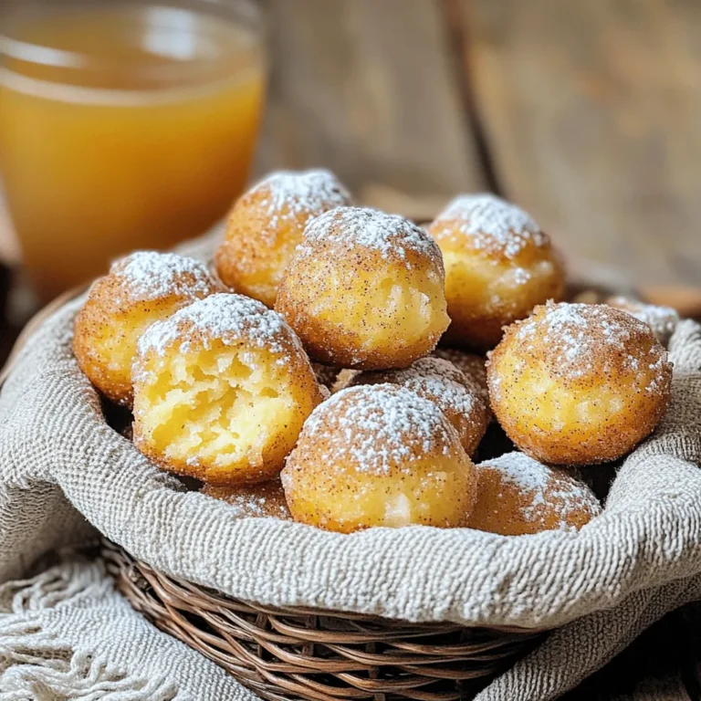 To make Apple Cider Doughnut Hole Muffins, gather these key ingredients: - 2 cups all-purpose flour - 1 cup apple cider - 1/2 cup granulated sugar - 1/2 cup brown sugar, packed - 1/4 cup unsalted butter, melted - 2 large eggs - 1 teaspoon vanilla extract - 1 tablespoon baking powder - 1 teaspoon baking soda - 1 teaspoon ground cinnamon - 1/2 teaspoon ground nutmeg - 1/4 teaspoon salt - 1/4 cup granulated sugar (for rolling) - 1 teaspoon ground cinnamon (for rolling) Every muffin needs flour and sugar. The flour gives the muffin structure. Sugar adds sweetness and helps with browning. Baking powder and baking soda are both vital for rise. They make your muffins light and fluffy. Salt enhances flavor. Always use fresh spices like cinnamon and nutmeg for the best taste. They bring warmth and depth to your muffins. You can swap some ingredients for healthier options. Use whole wheat flour instead of all-purpose flour. It adds fiber and nutrients. You can also reduce sugar to make a lighter muffin. Try using unsweetened applesauce in place of some butter. It keeps the muffins moist and adds flavor. If you want a dairy-free version, use coconut oil and non-dairy milk. These swaps make the muffins tasty and a bit healthier. First, gather all your ingredients. You will need flour, apple cider, sugars, butter, eggs, and spices. Preheat your oven to 350°F (175°C). This step helps the muffins bake evenly. Grease a muffin tin or use liners to make removal easy later. In a medium bowl, whisk together the flour, baking powder, baking soda, cinnamon, nutmeg, and salt. Set this mixture aside. In a large bowl, combine the apple cider, granulated sugar, brown sugar, melted butter, eggs, and vanilla extract. Mix these ingredients well until they blend nicely. Now, slowly add the dry mix to the wet mix. Stir gently until just combined. It's fine if some lumps remain; overmixing can make the muffins tough. Use a spoon or cookie scoop to fill each muffin cup about three-quarters full. Bake the muffins for 15-18 minutes. Check for doneness by inserting a toothpick into the center. If it comes out clean, they are ready! While the muffins bake, mix 1/4 cup granulated sugar with 1 teaspoon cinnamon in a small bowl. After baking, let the muffins cool for about five minutes. Roll each warm muffin in the cinnamon-sugar mix for a sweet finish. Finally, allow them to cool on a wire rack. Enjoy your delicious Apple Cider Doughnut Hole Muffins! One common mistake is overmixing the batter. When you mix the wet and dry ingredients, stop as soon as you see no dry flour. Lumps are okay! Overmixing can lead to tough muffins. Another mistake is not measuring the flour correctly. Too much flour can make the muffins dry. Use a spoon to scoop the flour into your measuring cup, then level it off with a knife. This gives you the right amount every time. Ovens can vary. Start checking your muffins at 15 minutes. Insert a toothpick into the center. If it comes out clean, they are done! If not, bake for a few more minutes. Keep an eye on them to avoid overbaking. Overbaked muffins can lose their soft texture. If your muffins are too light or too dark, adjust the baking time for your next batch. To get the best muffin texture, use room temperature ingredients. This helps them mix better. Also, let the muffins cool in the pan for about 5 minutes before rolling them in sugar. This helps the sugar stick and keeps the outside nice and soft. Finally, try not to pack the batter too tightly in the muffin cups. Filling them to about 3/4 full helps them rise nicely and stay fluffy. {{image_2}} You can change the flavor of your muffins easily. One fun idea is to add pumpkin spice. This spice mix has cinnamon, nutmeg, and ginger. It gives your muffins a warm, cozy taste. You can also add a dash of maple syrup for extra sweetness. This will create a lovely fall flavor that everyone will enjoy. Want to make your muffins even better? Consider adding chocolate chips or nuts. Chocolate chips add sweetness and richness. Nuts, like walnuts or pecans, give a nice crunch. You can mix in about half a cup of either. Just fold them into the batter before baking. This small change can make a big difference. If you need a gluten-free option, don’t worry! You can swap the all-purpose flour for a gluten-free blend. Many brands offer great mixes that work well in baking. You can also try almond flour or oat flour. Just remember to check the package for the right amount. This way, everyone can enjoy these tasty muffins! To keep your apple cider doughnut hole muffins fresh, store them in an airtight container. This helps maintain their soft texture. Place a piece of parchment paper between layers if you stack them. They stay fresh for about 2-3 days at room temperature. If you want to keep them longer, consider refrigeration. Freezing is a great way to save muffins for later. Allow the muffins to cool completely first. Then, wrap each muffin tightly in plastic wrap. Place the wrapped muffins in a freezer bag or container. They can last up to three months in the freezer. When you’re ready to eat them, just thaw them at room temperature. To enjoy your muffins warm, reheating is simple. Preheat your oven to 350°F (175°C). Place the muffins on a baking sheet for about 5-10 minutes. You can also use the microwave. Heat them for 10-15 seconds. Just avoid overheating, or they will get tough. Enjoy your warm muffins again! Yes, you can use apple juice as a substitute for apple cider. Apple juice works well and keeps the flavor close. You can also try using a mix of water and a little apple extract for a different taste. Keep in mind that the flavor may change slightly. To cut the sweetness, reduce the granulated sugar and brown sugar by a quarter cup each. You can also skip the rolling sugar step after baking. Adding more spices like cinnamon or nutmeg can enhance flavor without extra sugar. Serve these muffins warm for the best taste. Place them in a cute basket lined with a cloth napkin. A sprinkle of powdered sugar adds charm. For a fun twist, offer warm apple cider on the side for dipping. Enjoy them fresh for breakfast or as a tasty snack! This post covered key ingredients, easy steps, and helpful tips for baking. You learned how to avoid common mistakes and adjust baking time. We explored fun flavor variations and tasty add-ins, plus storage tips to keep muffins fresh. Remember, baking is all about experimenting. Use your favorite flavors and adjust ingredients to fit your needs. Follow this guide, and enjoy the process. Happy baking!