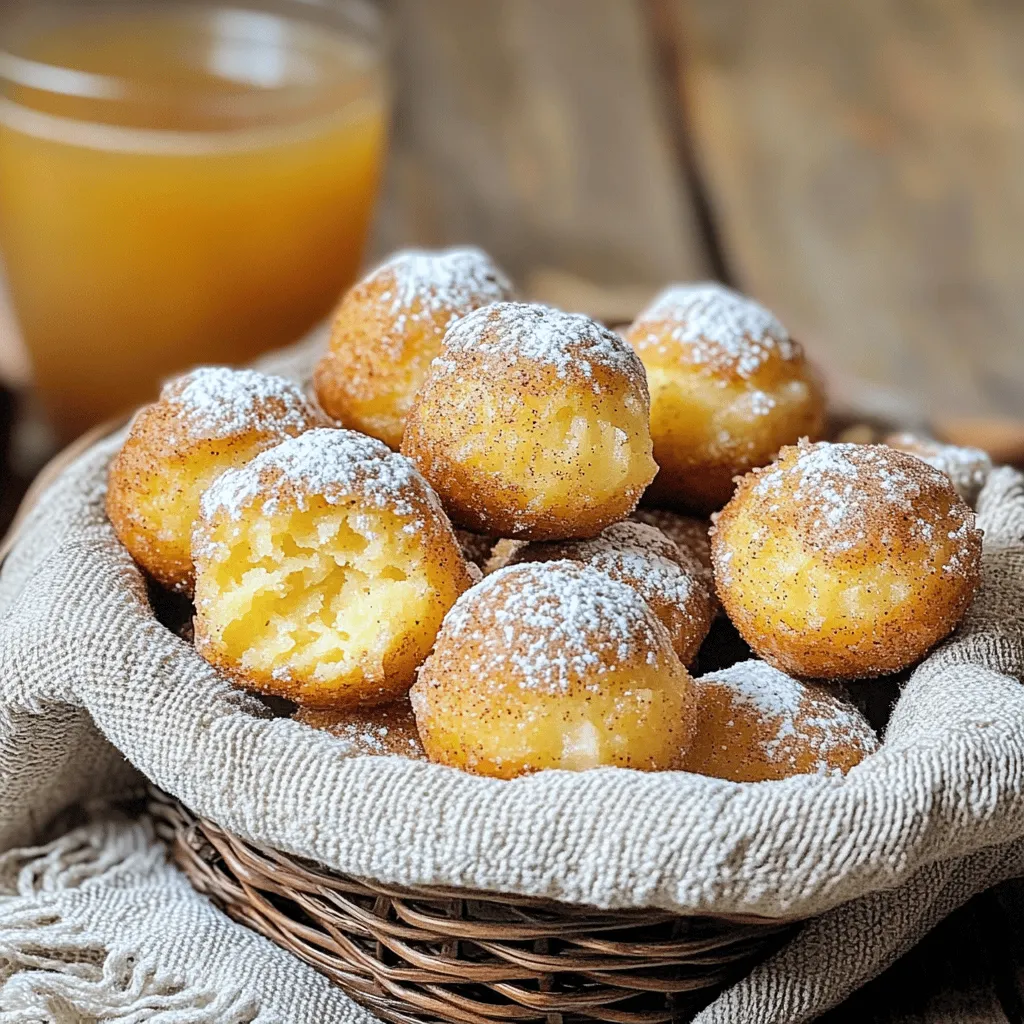 To make Apple Cider Doughnut Hole Muffins, gather these key ingredients: - 2 cups all-purpose flour - 1 cup apple cider - 1/2 cup granulated sugar - 1/2 cup brown sugar, packed - 1/4 cup unsalted butter, melted - 2 large eggs - 1 teaspoon vanilla extract - 1 tablespoon baking powder - 1 teaspoon baking soda - 1 teaspoon ground cinnamon - 1/2 teaspoon ground nutmeg - 1/4 teaspoon salt - 1/4 cup granulated sugar (for rolling) - 1 teaspoon ground cinnamon (for rolling) Every muffin needs flour and sugar. The flour gives the muffin structure. Sugar adds sweetness and helps with browning. Baking powder and baking soda are both vital for rise. They make your muffins light and fluffy. Salt enhances flavor. Always use fresh spices like cinnamon and nutmeg for the best taste. They bring warmth and depth to your muffins. You can swap some ingredients for healthier options. Use whole wheat flour instead of all-purpose flour. It adds fiber and nutrients. You can also reduce sugar to make a lighter muffin. Try using unsweetened applesauce in place of some butter. It keeps the muffins moist and adds flavor. If you want a dairy-free version, use coconut oil and non-dairy milk. These swaps make the muffins tasty and a bit healthier. First, gather all your ingredients. You will need flour, apple cider, sugars, butter, eggs, and spices. Preheat your oven to 350°F (175°C). This step helps the muffins bake evenly. Grease a muffin tin or use liners to make removal easy later. In a medium bowl, whisk together the flour, baking powder, baking soda, cinnamon, nutmeg, and salt. Set this mixture aside. In a large bowl, combine the apple cider, granulated sugar, brown sugar, melted butter, eggs, and vanilla extract. Mix these ingredients well until they blend nicely. Now, slowly add the dry mix to the wet mix. Stir gently until just combined. It's fine if some lumps remain; overmixing can make the muffins tough. Use a spoon or cookie scoop to fill each muffin cup about three-quarters full. Bake the muffins for 15-18 minutes. Check for doneness by inserting a toothpick into the center. If it comes out clean, they are ready! While the muffins bake, mix 1/4 cup granulated sugar with 1 teaspoon cinnamon in a small bowl. After baking, let the muffins cool for about five minutes. Roll each warm muffin in the cinnamon-sugar mix for a sweet finish. Finally, allow them to cool on a wire rack. Enjoy your delicious Apple Cider Doughnut Hole Muffins! One common mistake is overmixing the batter. When you mix the wet and dry ingredients, stop as soon as you see no dry flour. Lumps are okay! Overmixing can lead to tough muffins. Another mistake is not measuring the flour correctly. Too much flour can make the muffins dry. Use a spoon to scoop the flour into your measuring cup, then level it off with a knife. This gives you the right amount every time. Ovens can vary. Start checking your muffins at 15 minutes. Insert a toothpick into the center. If it comes out clean, they are done! If not, bake for a few more minutes. Keep an eye on them to avoid overbaking. Overbaked muffins can lose their soft texture. If your muffins are too light or too dark, adjust the baking time for your next batch. To get the best muffin texture, use room temperature ingredients. This helps them mix better. Also, let the muffins cool in the pan for about 5 minutes before rolling them in sugar. This helps the sugar stick and keeps the outside nice and soft. Finally, try not to pack the batter too tightly in the muffin cups. Filling them to about 3/4 full helps them rise nicely and stay fluffy. {{image_2}} You can change the flavor of your muffins easily. One fun idea is to add pumpkin spice. This spice mix has cinnamon, nutmeg, and ginger. It gives your muffins a warm, cozy taste. You can also add a dash of maple syrup for extra sweetness. This will create a lovely fall flavor that everyone will enjoy. Want to make your muffins even better? Consider adding chocolate chips or nuts. Chocolate chips add sweetness and richness. Nuts, like walnuts or pecans, give a nice crunch. You can mix in about half a cup of either. Just fold them into the batter before baking. This small change can make a big difference. If you need a gluten-free option, don’t worry! You can swap the all-purpose flour for a gluten-free blend. Many brands offer great mixes that work well in baking. You can also try almond flour or oat flour. Just remember to check the package for the right amount. This way, everyone can enjoy these tasty muffins! To keep your apple cider doughnut hole muffins fresh, store them in an airtight container. This helps maintain their soft texture. Place a piece of parchment paper between layers if you stack them. They stay fresh for about 2-3 days at room temperature. If you want to keep them longer, consider refrigeration. Freezing is a great way to save muffins for later. Allow the muffins to cool completely first. Then, wrap each muffin tightly in plastic wrap. Place the wrapped muffins in a freezer bag or container. They can last up to three months in the freezer. When you’re ready to eat them, just thaw them at room temperature. To enjoy your muffins warm, reheating is simple. Preheat your oven to 350°F (175°C). Place the muffins on a baking sheet for about 5-10 minutes. You can also use the microwave. Heat them for 10-15 seconds. Just avoid overheating, or they will get tough. Enjoy your warm muffins again! Yes, you can use apple juice as a substitute for apple cider. Apple juice works well and keeps the flavor close. You can also try using a mix of water and a little apple extract for a different taste. Keep in mind that the flavor may change slightly. To cut the sweetness, reduce the granulated sugar and brown sugar by a quarter cup each. You can also skip the rolling sugar step after baking. Adding more spices like cinnamon or nutmeg can enhance flavor without extra sugar. Serve these muffins warm for the best taste. Place them in a cute basket lined with a cloth napkin. A sprinkle of powdered sugar adds charm. For a fun twist, offer warm apple cider on the side for dipping. Enjoy them fresh for breakfast or as a tasty snack! This post covered key ingredients, easy steps, and helpful tips for baking. You learned how to avoid common mistakes and adjust baking time. We explored fun flavor variations and tasty add-ins, plus storage tips to keep muffins fresh. Remember, baking is all about experimenting. Use your favorite flavors and adjust ingredients to fit your needs. Follow this guide, and enjoy the process. Happy baking!