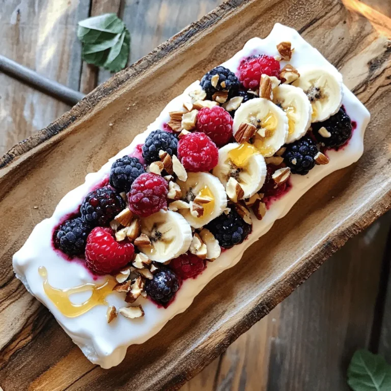 - 2 cups Greek yogurt (plain, low-fat or non-fat) - 1/2 cup mixed berries (strawberries, blueberries, raspberries) - 1 small banana, sliced - 1 tablespoon honey or maple syrup - 1/4 cup chopped nuts (almonds, walnuts, or pistachios) - 1 tablespoon chia seeds - A pinch of salt Greek yogurt berry bark is packed with protein. Each serving offers about 10-15 grams of protein. The Greek yogurt gives you a creamy base, while the nuts add healthy fats and crunch. Here’s a quick look at the calories and macronutrients: - Calories per serving: Around 120-150 - Protein: 10-15 grams - Carbohydrates: 15-20 grams - Fat: 5-8 grams This snack is great for anyone looking to eat healthy. It’s a fun way to get your protein and enjoy some fruit at the same time! - Line the baking sheet with parchment paper. This makes it easy to lift the yogurt bark later. - In a mixing bowl, combine 2 cups of Greek yogurt, 1 tablespoon of honey (if you want it sweet), and a pinch of salt. Mix well until smooth. - Spread the yogurt mixture evenly on the baking sheet. Aim for a rectangle about 1/2 inch thick. - Next, distribute the 1/2 cup of mixed berries and banana slices over the yogurt layer. Press the fruit gently into the yogurt so they stick well. - Carefully transfer the baking sheet to your freezer. Let the yogurt bark freeze for at least 2-3 hours until it is firm. - For even freezing, ensure the yogurt layer is spread out evenly. If it is too thick, it may freeze unevenly. You can change the sweetness of your Greek yogurt berry bark. If you want it sweeter, add more honey or maple syrup. Start with one tablespoon, then taste it. You can add more if you like. If you prefer, use other sweeteners like agave or stevia. These options can fit many diets. How you serve your berry bark makes it special. Cut the bark into fun shapes for a nice look. Place the pieces on a colorful platter. Drizzle some honey on top for shine. Add fresh berries around the edges for color. This makes your snack look as good as it tastes! Adding nuts gives your yogurt bark a great crunch. You can choose from almonds, walnuts, or pistachios. Each nut adds its flavor and healthy fats. If you want more crunch, try adding seeds like pumpkin or sunflower seeds. They mix well with the yogurt and fruits. {{image_2}} You can swap the mixed berries for other fruits. Peaches, kiwi, and mango all work well. Each fruit brings its own taste and color. You can also use seasonal fruits for a fresh twist. In summer, try ripe strawberries. In winter, opt for juicy oranges or pomegranate seeds. The fruit adds a fun variety and brightens the yogurt bark. If you want to make this treat vegan, use plant-based yogurt. Coconut or almond yogurt is great. Substitute honey with maple syrup or agave nectar. This keeps the sweetness while keeping it dairy-free. For gluten-free options, just use gluten-free nuts and seeds. This snack remains healthy and satisfying for everyone. Want to spice things up? Add a sprinkle of cinnamon or a dash of vanilla extract. These flavors elevate the yogurt’s taste and make it more exciting. You can also use flavored Greek yogurt instead of plain. Options like vanilla or berry-flavored yogurt add extra sweetness. This makes your Greek yogurt berry bark even more delightful and tasty. To store leftovers, wrap the pieces in plastic wrap or place them in an airtight container. This keeps the yogurt bark fresh and prevents freezer burn. I recommend using wax paper between layers if stacking. The Greek yogurt berry bark lasts well in the freezer for up to one month. After that, the taste and texture may change. The best method for thawing yogurt bark is to place it in the fridge for a few hours. This gives it a gentle thaw, keeping the texture nice. You can also leave it out at room temperature for about 15-20 minutes. Do not re-freeze thawed bark. This can affect the quality and cause ice crystals to form. For the best experience after freezing, serve the yogurt bark while still slightly chilled. This keeps it firm and refreshing. If it thaws too much, it may become too soft. Adjust the texture by adding some fresh berries or a drizzle of honey just before serving. This not only boosts flavor but also adds a nice visual appeal. Greek yogurt berry bark is a tasty, frozen treat made with Greek yogurt and fruit. It is high in protein, which helps keep you full and energized. This snack is simple to make and great for any time of day. The berries add natural sweetness and vitamins, while nuts give a nice crunch. You can make it with just a few ingredients. Plus, it’s a fun way to enjoy yogurt! Yes, you can use frozen berries! They work well in this recipe, but there are some things to keep in mind. Frozen berries may release more juice when thawed. This can make the yogurt a bit runny. If you use frozen berries, let them thaw a little first. Drain off excess juice before adding them to the yogurt. This helps keep your bark firm and tasty. Greek yogurt berry bark lasts about 2 to 3 weeks in the freezer. To store it, wrap it tightly in plastic wrap or keep it in an airtight container. This keeps it fresh and prevents freezer burn. For best taste and texture, eat it within the first week. Always check for any ice crystals before enjoying it. If it looks good, it is likely still tasty! Absolutely! Greek yogurt berry bark is a great snack for kids. It is not only delicious but also packed with nutrients. Greek yogurt offers protein and calcium, while berries provide vitamins and fiber. You can also let kids help make it, which is fun and teaches them about healthy eating. They can pick their favorite fruits and toppings. It’s a smart way to get kids excited about snacks! In this post, we explored how to make Greek yogurt berry bark. We covered all the key ingredients, including yogurt and fruits. You learned about tips for customizing, presenting, and storing your bark. The recipe offers healthy options for everyone, including vegan choices. In summary, this snack is easy to prepare and fun to make. Enjoy your yogurt bark as a tasty treat that’s good for you!