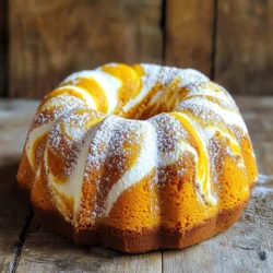 - 2 cups all-purpose flour - 1 ½ cups granulated sugar - 1 cup canned pumpkin puree - ½ cup vegetable oil - 3 large eggs - 8 oz cream cheese (softened) - ¼ cup powdered sugar - 1 large egg - 1 teaspoon vanilla extract - 1 teaspoon baking powder - 1 teaspoon baking soda - 1 teaspoon ground cinnamon - ½ teaspoon ground nutmeg - ½ teaspoon ground ginger - ½ teaspoon salt Gathering these ingredients is the first step to making your Pumpkin Cream Cheese Swirl Bundt Cake. Each item plays a crucial role in building flavor and texture. The all-purpose flour forms the base of the cake. It gives structure and lightness. Granulated sugar adds sweetness, while canned pumpkin puree brings in that cozy fall flavor. Vegetable oil keeps the cake moist and soft. The three eggs bind everything together and help the cake rise. For the cream cheese swirl, you'll want softened cream cheese. It blends best when soft. Powdered sugar sweetens the cream cheese, making it smooth and tasty. The extra egg and vanilla extract enhance the flavor and texture of the swirl. The spices are key to that warm, inviting taste. Baking powder and baking soda help the cake rise. Ground cinnamon, nutmeg, and ginger add warmth and depth. A touch of salt balances the flavors. Now you have everything you need to create this delightful cake. - Preheat the oven to 350°F (175°C). - Grease and flour a 10-cup Bundt pan. - In a large bowl, whisk together: - 2 cups all-purpose flour - 1 ½ cups granulated sugar - 1 teaspoon baking powder - 1 teaspoon baking soda - 1 teaspoon ground cinnamon - ½ teaspoon ground nutmeg - ½ teaspoon ground ginger - ½ teaspoon salt - In a different bowl, combine wet ingredients: - 1 cup canned pumpkin puree - ½ cup vegetable oil - 3 large eggs - 1 teaspoon vanilla extract - Pour half of the pumpkin batter into the prepared Bundt pan. - Dollop the cream cheese mixture on top of the pumpkin batter. - Pour the remaining pumpkin batter over the cream cheese. - Use a knife to swirl the two layers for a marbled effect. - Bake for 50-60 minutes. - Check doneness by inserting a toothpick into the cake. - If it comes out clean, the cake is ready. To get the best pumpkin cream cheese swirl cake, start with the right batter consistency. It should be thick but pourable. If it's too runny, add a little more flour. If too thick, mix in a splash of milk. Cooling time matters, too. After baking, let the cake cool in the pan for about 10 minutes. This helps it set and makes it easier to remove. To make your cake shine, dust it with powdered sugar. A simple glaze made from powdered sugar and milk adds a nice touch, too. Pairing slices with whipped cream brings out the flavors. The creaminess complements the spices and pumpkin perfectly. Greasing and flouring your Bundt pan is key. Use butter or cooking spray, then sprinkle flour evenly. This step prevents sticking. Each oven is different. Check your cake around the 50-minute mark. A toothpick should come out clean when it’s done. If it needs more time, give it a few extra minutes. {{image_2}} You can easily change the flavor of your cake. Adding chocolate chips gives a sweet surprise. Just fold in one cup of chocolate chips into the batter. This makes each bite rich and delightful. You can also mix in nuts like walnuts or pecans. They add a nice crunch and contrast to the soft cake. About half a cup of chopped nuts works well. When it comes to frosting, you have options. You can stick with cream cheese frosting. Just beat together cream cheese, butter, and powdered sugar for a smooth topping. If you want a lighter touch, try a glaze. A simple maple glaze is a tasty choice. Just mix powdered sugar with maple syrup and a little milk until smooth. You can also make a vanilla glaze the same way. Want to make this cake fit your diet? There are easy swaps. For a gluten-free version, use gluten-free flour instead of all-purpose flour. Make sure to check the blend for the best taste. If you need a vegan option, replace eggs with flax eggs. Mix 1 tablespoon of ground flaxseed with 3 tablespoons of water. Let it sit until it thickens. You can also use a dairy-free cream cheese for the swirl. These changes let everyone enjoy this cake! To keep your Pumpkin Cream Cheese Swirl Bundt Cake fresh, store it properly. First, allow the cake to cool completely. Then, wrap it tightly in plastic wrap or foil. This seals in moisture and keeps out air. You can place it in the fridge if you plan to eat it within a week. For longer storage, freeze the wrapped cake. It stays fresh for up to three months in the freezer. This cake is best enjoyed fresh, but it can last. In the fridge, it stays good for up to a week. If you freeze it, the quality remains for about three months. Check for signs of spoilage. If the cake smells off or shows mold, it is time to toss it. A dry texture or hard crust also means it's no longer good. When you want to enjoy a slice of your cake, reheating is simple. The best method is using the microwave. Place a slice on a microwave-safe plate. Heat for 10-15 seconds to warm it through. Avoid overheating, or it will dry out. You can also use the oven. Preheat it to 350°F (175°C) and wrap the cake in foil. Heat for about 10 minutes. This keeps it moist and tasty. Yes, you can make this cake ahead of time. Once it cools, wrap it tightly in plastic wrap. Store it at room temperature for up to two days. For longer storage, place it in the fridge for up to a week. You can also freeze it. Just wrap the cake well and keep it in the freezer for up to three months. When you are ready to eat it, let it thaw in the fridge overnight. If you need a substitute for cream cheese, there are several options. You can use mascarpone cheese for a similar texture. Greek yogurt is another good choice, though it will be a bit tangier. For a dairy-free option, use coconut cream. Blend it until smooth to mimic the cream cheese swirl. This recipe can be modified for special diets. For a gluten-free version, use a gluten-free flour blend. If you want a dairy-free option, replace the eggs with flax eggs and use a dairy-free cream cheese. You can also use a plant-based milk in the batter. These swaps will let everyone enjoy this tasty cake! This blog covers a delicious pumpkin Bundt cake recipe. You learned about the key ingredients, step-by-step instructions, and helpful tips. I also shared ideas for variations and storage. Baking should be fun and rewarding. With this recipe, you can create a lovely treat for any occasion. Explore different flavors and share with friends. Don’t hesitate to try this recipe and make it your own. Happy baking!