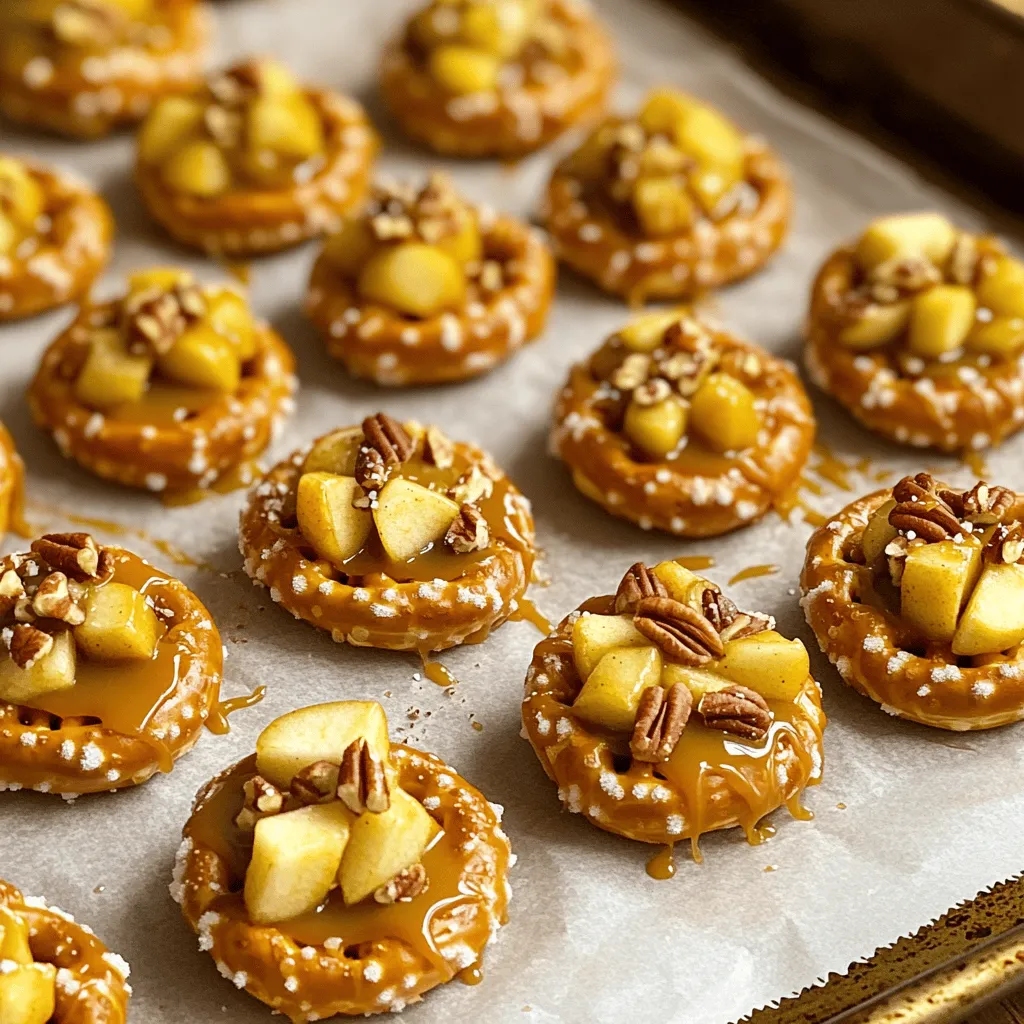 To make these tasty treats, you'll need: - 1 cup of pretzel bites - 2 medium apples, peeled and diced - 1 cup caramel sauce (store-bought or homemade) - 1/2 teaspoon cinnamon - Sea salt for garnish These ingredients create a great mix of sweet and salty flavors. The pretzel bites give crunch, while the apples add freshness. The caramel sauce ties it all together. You can boost flavor and texture with these optional ingredients: - 1/4 cup chopped pecans - 1/4 cup mini chocolate chips Adding nuts gives a nice crunch, while chocolate chips add sweetness. Feel free to mix and match based on your taste. For caramel sauce, I recommend Duncan Hines or Ghirardelli. They are rich and taste great. For pretzel bites, look for Snyder's or Roland. Both brands offer high-quality and tasty options. Always check the label for freshness. First, gather your apples. You need two medium apples for this recipe. Peel and dice them into small pieces. In a mixing bowl, combine the diced apples with cinnamon. Use about half a teaspoon of cinnamon. Toss the apples well to coat them evenly. This step adds a nice warm flavor to your bites. Next, preheat your oven to 350°F (175°C). Line a baking sheet with parchment paper. Place your pretzel bites on the baking sheet in one layer. Grab your caramel sauce—about one cup should do. Use a small spoon to fill each pretzel bite with caramel. Make sure to be generous, but don't overflow! After that, take the cinnamon-coated apples and top each caramel-filled pretzel with them. If you like, add chopped pecans or mini chocolate chips for extra crunch and flavor. Now, it’s time to bake! Place the baking sheet in your preheated oven. Bake for about 10 to 12 minutes. Look for bubbly caramel and slightly crispy pretzels. Once done, remove them from the oven. While they are still warm, sprinkle a little sea salt on top. This will really enhance the sweetness of the caramel. Allow them to cool for a few minutes before serving. Enjoy them warm for the best taste! To make your own caramel sauce, you need just a few items. Gather sugar, butter, and cream. Start by melting sugar in a pot over medium heat. Stir it until it turns golden brown. Add butter and stir until it melts. Slowly pour in cream while mixing. Cook for another two minutes until smooth. Let it cool before using. Homemade caramel adds a special touch to your treats. If you have leftover pretzel bites, store them in an airtight container. Place parchment paper between layers to avoid sticking. Keep them in the fridge for up to three days. For best taste, reheat them in the oven. This keeps the pretzels crispy and the caramel gooey. Do not store them in the microwave, as it makes them soggy. To make your pretzel bites look great, use a nice serving plate. Arrange them in a circle or a fun shape. Drizzle extra caramel sauce on top for a delicious look. You can also sprinkle chopped pecans or a pinch of sea salt for color. Serve them warm with a side of apple slices. This makes a fun and tasty fall treat! {{image_2}} You can make your Caramel Apple Pretzel Bites even better with fun toppings. Try adding crushed cookies on top. Oreos or graham crackers work great. You can also use different nuts like walnuts or almonds. They add crunch and flavor. For a sweet touch, drizzle more caramel sauce on top before serving. For fall, add pumpkin spice to the apples. Just mix in a pinch of nutmeg and allspice. During Halloween, use colorful candy pieces for a spooky look. You can even swap apples for pears in winter. Their sweetness pairs well with caramel too. To make these treats gluten-free, choose gluten-free pretzels. Many brands offer tasty options. For a vegan version, use coconut caramel or make your own from dates. Instead of butter, use coconut oil in your recipes. This way, everyone can enjoy these sweet bites. To keep your caramel apple pretzel bites fresh, place them in an airtight container. Make sure they cool completely before sealing. This helps prevent moisture buildup. You can store them at room temperature for a few days. If you want to keep them longer, refrigerate them. Just remember that refrigeration may change the texture a bit. To reheat your pretzel bites, use an oven for the best results. Preheat your oven to 350°F (175°C). Place the pretzel bites on a baking sheet. Warm them for about 5-7 minutes. This will help the caramel get gooey again. You can also use a microwave, but it might make them a bit soft. Heat them for 10-15 seconds at a time until warm. Caramel apple pretzel bites can last for up to 4 days when stored properly. If you keep them in the fridge, they may stay fresh for about a week. After that, they might lose their original taste and texture. For the best flavor, enjoy them within a few days. Yes, you can use other fruits! Pears work well and taste great. You can also try berries, like strawberries or blueberries. Just make sure to chop them small. This helps them fit into the pretzel bites. The flavor will change, but they will still be yummy! To stop the caramel from hardening, keep it warm. If you use store-bought caramel, heat it a bit before using. A microwave works well for this. You can also add a tiny bit of water to homemade caramel. Stir it in while it cooks. This will help keep it smooth and easy to spread. You can find caramel apple pretzel bites at some grocery stores. Look in the snack section or with the bakery items. Some local candy shops may also have them. If you want a quick treat, check online. Many stores sell them for delivery right to your door! You've learned about making delicious Caramel Apple Pretzel Bites. We covered key ingredients, tips for baking, and fun variations. You can even customize recipes to fit your taste. Remember to store them properly and consider unique toppings for each season. Whether you enjoy them fresh or saved for later, these bites are a treat for any occasion. Try out these ideas, and you'll impress anyone who tastes them!