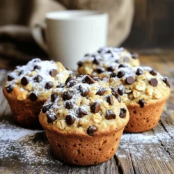 - 2 ripe bananas, mashed - 1 cup rolled oats - 1 cup all-purpose flour - 1/2 cup brown sugar, packed - 1/2 teaspoon baking soda - 1 teaspoon baking powder - 1/2 teaspoon salt - 1/2 teaspoon ground cinnamon - 1/2 cup milk (or plant-based milk) - 1/3 cup vegetable oil (or melted coconut oil) - 1 large egg - 1 teaspoon vanilla extract - 1/2 cup semisweet chocolate chips (plus extra for topping) Using ripe bananas makes a big difference. They should be soft and sweet. Mash them well before adding to your mix. Measure your rolled oats and flour correctly for the best texture. Use a spoon to scoop and level them off. For a richer flavor, try using fresh ground cinnamon. It adds warmth and depth. If you need to make this recipe dairy-free, use any plant-based milk. Almond or oat milk work well. You can swap vegetable oil for melted coconut oil if you prefer. For a gluten-free option, use gluten-free all-purpose flour. If you want to skip the egg, use a flax egg. Mix one tablespoon of ground flaxseed with three tablespoons of water. Let it sit for five minutes to thicken. Start by preheating your oven to 350°F (175°C). This step is key to ensure even baking. While the oven warms up, grab your muffin tin. You can line it with paper liners or lightly grease it with oil. This choice helps the muffins pop out easily after baking. In a large mixing bowl, mash the two ripe bananas until smooth. Add in the packed brown sugar. Mix these two until they blend well. Next, pour in the milk, vegetable oil, and one large egg. Don’t forget the teaspoon of vanilla extract! Whisk everything together until the mixture is creamy and well combined. In a separate bowl, combine the rolled oats, all-purpose flour, baking soda, baking powder, salt, and ground cinnamon. Stir these dry ingredients together. This step ensures that the baking powder and baking soda distribute evenly throughout the muffins. Now, it’s time to mix the dry ingredients with the wet ones. Gradually add the dry mix to the banana mixture. Stir gently until just combined. Be careful not to overmix. Once combined, fold in the semisweet chocolate chips, saving a few for topping the muffins later. Scoop the batter into your prepared muffin tin. Fill each cup about 3/4 full. This allows room for the muffins to rise. Sprinkle the reserved chocolate chips on top of each muffin for an extra treat. Bake in your preheated oven for 18 to 22 minutes. To check if they are done, insert a toothpick into the center. If it comes out clean, they are ready! After baking, remove the muffins from the oven and let them cool in the tin for a few minutes. Then, transfer them to a wire rack to cool completely. These muffins are best served warm. You can dust them with a little powdered sugar if you like. Enjoy them with a cup of coffee or tea for a perfect snack! To get soft and moist muffins, use ripe bananas. The more spots, the sweeter they are. Mix wet and dry ingredients separately. This keeps the muffins light. Do not overmix the batter. Stir just until you see no dry flour. This keeps your muffins fluffy. One big mistake is using cold ingredients. Always use room temperature eggs and milk. This helps the batter mix well. Another mistake is skipping the muffin liners. They help with easy removal and keep the muffins from sticking. Lastly, do not open the oven door too early. It can make your muffins sink. Store muffins in an airtight container. This keeps them soft and tasty. If you want them to last longer, freeze them. Just place them in a freezer bag. When you want one, let it thaw at room temperature. You can also heat it in the microwave for a few seconds. Enjoy them fresh! {{image_2}} You can make these muffins gluten-free. Replace the all-purpose flour with gluten-free flour. Use a blend that works well for baking. Many brands offer tasty options. This will keep the muffins light and fluffy. Always check for a gluten-free label on the flour you choose. Feel free to get creative with add-ins! Walnuts or pecans add a nice crunch. Dried cranberries or raisins bring sweetness and chewiness. You can also try shredded coconut for a tropical twist. Mix in about 1/2 cup of your chosen add-ins. Just remember to adjust the chocolate chips if you want a balance of flavors. To cut down on sugar, you can use less brown sugar. Try 1/3 cup instead of 1/2 cup. You can also use ripe bananas for extra sweetness. Another option is to use a sugar substitute, like stevia or monk fruit. Just follow the package instructions for a sweet flavor without the extra calories. To keep your muffins fresh, store them in an airtight container. This helps maintain moisture and flavor. Place a paper towel at the bottom of the container to absorb excess moisture. You can store them at room temperature for up to three days. If you want to keep them longer, consider freezing. Freezing muffins is easy and effective. First, let them cool completely. Then, wrap each muffin in plastic wrap. Place the wrapped muffins in a freezer bag, removing as much air as possible. Label the bag with the date. Frozen muffins can last for about three months. When you're ready to enjoy them, simply thaw at room temperature. To enjoy your muffins warm, use an oven or microwave. For the oven, preheat it to 350°F (175°C). Place the muffins on a baking sheet and heat for about 10 minutes. This method keeps the texture nice. If using a microwave, heat each muffin for about 15-20 seconds. This method is quick but may make the muffin a bit softer. Enjoy your delicious muffins warm! Yes, you can use frozen bananas. Just thaw them first. This helps them mash easily. Frozen bananas add great flavor and moisture to the muffins. You can use a few options to replace eggs. Try 1/4 cup of unsweetened applesauce. You can also use a flax egg. Mix 1 tablespoon of ground flaxseed with 2.5 tablespoons of water. Let it sit for 5 minutes before adding it to the mix. Check the muffins after 18 minutes. Insert a toothpick in the center. If it comes out clean, the muffins are ready. They should be golden brown on top. Yes, you can make mini muffins! Just adjust the baking time. Bake them for about 10-12 minutes. Keep an eye on them, as they bake faster than regular muffins. This blog post covered a simple and tasty muffin recipe that uses basic ingredients. I shared tips for preparing and baking, plus variations to suit your taste. You learned how to store and freeze muffins for later enjoyment. Remember, experimenting with flavors can make your muffins even better. Whether you’re a beginner or a pro in the kitchen, these muffins bring joy. Enjoy baking and sharing these delightful treats with friends and family!