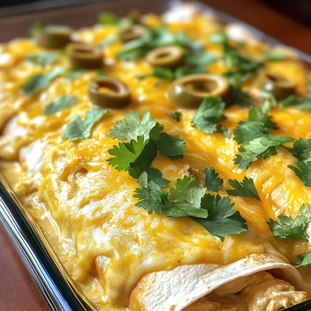 - 2 cups cooked chicken, shredded - 1 can (10 oz) cream of chicken soup - 1 cup sour cream - 1 cup shredded cheese (cheddar or Monterey Jack) - 1 can (4 oz) diced green chiles - 8 corn tortillas - 1 teaspoon garlic powder - 1 teaspoon onion powder - 1 teaspoon cumin - Salt and pepper to taste - Fresh cilantro, for garnish - Sliced olives, for garnish (optional) - Cooked chicken: Use shredded chicken for a tender and easy texture. - Cream of chicken soup: This adds creaminess and rich flavor to the dish. - Sour cream: It brings a nice tang and helps make the sauce creamy. - Shredded cheese: Cheddar or Monterey Jack melts well and adds flavor. - Diced green chiles: They give a mild heat and extra flavor. - Corn tortillas: They serve as the base and provide a great texture. - Garlic powder: This adds a savory depth to the dish. - Onion powder: It enhances the overall flavor without being too strong. - Cumin: This spice gives a warm, earthy note. - Salt and pepper: These basic seasonings balance the flavors. - Fresh cilantro: It adds freshness and a pop of color. - Sliced olives: Optional, but they add a nice briny flavor. - Cooked chicken: You can use rotisserie chicken for convenience. - Cream of chicken soup: Try cream of mushroom soup for a different taste. - Sour cream: Plain Greek yogurt works well for a lighter option. - Shredded cheese: Use pepper jack cheese for a spicy kick. - Corn tortillas: Flour tortillas can also be used if preferred. - Diced green chiles: Fresh diced jalapeños add more heat. - Cumin: Chili powder can replace cumin for a different flavor profile. To start, gather your ingredients. In a large mixing bowl, combine these items: - 2 cups cooked chicken, shredded - 1 can (10 oz) cream of chicken soup - 1 cup sour cream - 1 can (4 oz) diced green chiles - 1 teaspoon garlic powder - 1 teaspoon onion powder - 1 teaspoon cumin - Salt and pepper to taste - Half of your shredded cheese Mix these well until the chicken and sauces blend smoothly. This creamy chicken mixture gives the enchiladas their rich flavor. Next, prepare your slow cooker. Spray the inside with non-stick cooking spray. This step helps prevent sticking. Now, take two corn tortillas. Place them at the bottom of your slow cooker, overlapping if needed. Spread half of the creamy chicken mixture evenly over the tortillas. Add two more tortillas on top. Then, layer the remaining creamy chicken mixture over these. Finally, place the last two tortillas on top. Sprinkle the rest of the shredded cheese over everything. Cover your slow cooker with its lid. Cook the enchiladas on low for 3 to 4 hours. If you are in a hurry, you can set it on high for 1.5 to 2 hours. The cheese should melt, and everything will heat through nicely. Once done, lift the lid carefully. Let the dish sit for a few minutes before you serve. This waiting time helps the flavors settle. Enjoy your creamy chicken enchiladas! Using a slow cooker is easy and fun. Here are some tips to get the best results: - Prep your ingredients: Always have your ingredients ready before you start. - Layer correctly: Place tortillas and mixtures in layers. This helps with even cooking. - Avoid overfilling: Don’t fill the cooker to the top. Leave some space for steam. - Keep the lid closed: Every time you open the lid, heat escapes. Keep it closed for best results. Creamy chicken enchiladas need a rich texture. Here’s how you can make them even creamier: - Use full-fat sour cream: Full-fat adds more creaminess than reduced-fat options. - Mix well: Blend the chicken mixture until it is smooth before layering. - Add more cheese: Extra cheese on top can make it richer and creamier. - Cook on low: Cooking on low for longer allows flavors to meld and textures to soften. Avoid these common errors to ensure your enchiladas turn out great: - Not shredding chicken well: Large pieces can make it hard to layer. - Skipping the cooking spray: This can lead to sticking. Always spray the slow cooker. - Ignoring cooking times: Check the doneness to avoid undercooking or overcooking. - Not letting it sit: Allowing it to rest after cooking helps the flavors settle. {{image_2}} You can easily make these enchiladas vegetarian. Swap the chicken for black beans or lentils. Use a mix of diced bell peppers and corn for added flavor. Replace the cream of chicken soup with cream of mushroom soup. This keeps the dish creamy and rich. You can also add sautéed zucchini or spinach for a fresh touch. If you love heat, add jalapeños to the creamy mixture. Dice fresh jalapeños or use pickled ones for a tangy kick. Mix in one or two tablespoons, depending on your spice level. For an extra layer of flavor, sprinkle some cayenne pepper on top. This variation makes every bite exciting and bold. Consider adding more herbs and spices to boost flavor. Try fresh lime juice to brighten up the dish. You can also sprinkle smoked paprika for a smoky taste. Mixing in some taco seasoning will give a nice twist too. For a cheesy touch, add more cheese between layers or on top before serving. Each adjustment can make your enchiladas unique and delicious. To keep your creamy chicken enchiladas fresh, let them cool first. Then, place leftovers in an airtight container. This helps keep the flavors locked in. You can store them in the fridge for up to three days. Always label your containers with the date, so you don't forget. When you want to enjoy your leftovers, reheat them in the microwave or oven. For the microwave, place a portion on a microwave-safe plate. Cover it with a damp paper towel to prevent drying out. Heat it for 1-2 minutes or until warm. If you prefer the oven, set it to 350°F. Place the enchiladas in a baking dish, cover with foil, and heat for about 15-20 minutes. You can freeze these enchiladas too! To do this, let them cool completely. Wrap each enchilada tightly in plastic wrap. Then, place them in a freezer-safe bag or container. Label with the date. They can last in the freezer for up to three months. When ready to eat, thaw in the fridge overnight before reheating. Yes, you can use frozen chicken. Just add it straight to the slow cooker. Cook on high for 4-5 hours or low for 6-7 hours. The chicken will cook and become tender. Shred it before mixing it with other ingredients. This method saves time and works well. To make these enchiladas gluten-free, use corn tortillas. Corn tortillas are naturally gluten-free. Check the labels on the cream of chicken soup and sour cream. Ensure they do not contain gluten. This way, you can enjoy the dish without worries. Many sides go well with creamy chicken enchiladas. Here are some tasty options: - Mexican rice - Refried beans - Fresh guacamole - A light salad with lime dressing - Corn on the cob These sides add flavor and balance to your meal. Enjoy pairing them with your enchiladas! This article covered the key ingredients for creamy chicken enchiladas, along with easy preparations. I shared useful tips for slow cooking and how to customize flavors. You learned how to store leftovers and reheat them effectively. My final thought is to experiment with different ingredients for a twist. Enjoy making these enchiladas your own!