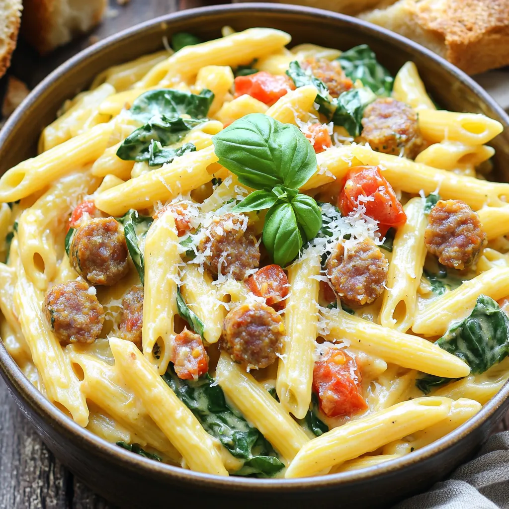 - 12 oz penne pasta - 1 lb Italian sausage (mild or spicy, casings removed) - 1 tablespoon olive oil - 1 medium onion, diced - 3 cloves garlic, minced - 2 cups fresh spinach - 1 can (14 oz) diced tomatoes, undrained - 4 cups chicken broth - 1 teaspoon Italian seasoning I love starting with these main ingredients. They create a base for this dish. Penne pasta cooks nicely and holds the sauce well. Italian sausage brings warmth and a rich flavor. Olive oil adds a smooth touch and helps with cooking. Next, we have the aromatics and vegetables. Onion brings sweetness, while garlic packs a punch. Fresh spinach adds color and nutrients. I always recommend using fresh spinach for the best taste. Now, let’s talk about flavor enhancers. Diced tomatoes add acidity and richness. Chicken broth gives depth and moisture. Italian seasoning ties everything together with its blend of herbs. It’s a delight to use these simple ingredients. They make this one-pot meal easy and full of flavor. To start, heat a large pot over medium heat. Add one tablespoon of olive oil. Once the oil is hot, add one pound of Italian sausage. Break the sausage apart with a spoon. Cook it until it is browned and fully cooked, which takes about 5 to 7 minutes. This step adds a rich flavor to your dish. Next, add one medium onion that you have diced. Sauté the onion for about 3 to 4 minutes. You want it to become soft and translucent. Then, stir in three cloves of minced garlic. Cook the garlic for about one minute until it smells great. This mix of sausage, onion, and garlic builds a strong base for your pasta. Now it’s time to bring in the liquids. Pour in one can of undrained diced tomatoes. Then, add four cups of chicken broth. Sprinkle in one teaspoon of Italian seasoning and, if you like some heat, half a teaspoon of red pepper flakes. Bring this mixture to a boil. Once boiling, it's time for the pasta. Stir in twelve ounces of penne pasta. Make sure the pasta is submerged in the liquid. Reduce the heat to a simmer and cover the pot. Cook it for about 12 to 15 minutes. Stir occasionally to prevent sticking. You want the pasta to be al dente and most of the liquid absorbed. When the pasta is cooked, add two cups of fresh spinach. Cook for another 2 to 3 minutes until the spinach wilts. This adds a nice pop of color and nutrients. Lower the heat and mix in half a cup of heavy cream and half a cup of grated Parmesan cheese. Stir until everything is creamy and well combined. Taste and season with salt and black pepper as needed. Let the dish sit for a few minutes to thicken slightly. Serve it warm and enjoy! - Optimal heat settings: Start cooking on medium heat. This helps the sausage brown well. Once you add the liquids, reduce heat to a simmer. This cooks the pasta perfectly without burning it. - Stirring methods: Stir the pasta gently while it cooks. This prevents it from sticking together. Use a wooden spoon to mix in the sausage and veggies. This adds flavor to the pasta. - Sausage variations: You can use chicken or turkey sausage for a lighter meal. For a spicy kick, try chorizo or andouille sausage. Adjust spices to fit your taste. - Dairy-free options: Use coconut cream or cashew cream instead of heavy cream. This keeps it rich without dairy. Nutritional yeast can also replace Parmesan for a cheesy flavor. - Garnishing ideas: Add fresh basil leaves on top for a pop of color. A sprinkle of extra Parmesan cheese makes it look gourmet. You can also drizzle a bit of olive oil for shine. - Serving suggestions with sides: Serve the pasta in shallow bowls. Pair it with crusty bread for scooping up the sauce. A simple green salad can add freshness to the meal. {{image_2}} You can change the taste of your One Pot Tuscan Sausage Pasta by picking different sausages. - Spicy sausage brings heat. The red pepper flakes add more spice too. - Mild sausage gives a soft taste. It’s great for kids or those who avoid spice. You can also mix in seasonal vegetables. For summer, try zucchini or bell peppers. In winter, add kale or butternut squash. These veggies add color and nutrients. For those who need gluten-free options, you can use gluten-free penne pasta. It cooks well and holds the sauce nicely. Just check the package for cooking times. If you want a vegan dish, swap the sausage for plant-based sausage. Use coconut cream instead of heavy cream for creaminess. Omit the cheese or use a vegan alternative. To give your dish a new flair, try adding pesto. Stir it in before serving for a fresh, herbaceous taste. Sun-dried tomatoes can also add a rich, tangy flavor. You can experiment with Mediterranean spices too. Try adding oregano, thyme, or even a dash of cumin. These spices can elevate your dish and make it feel unique. To store your One Pot Tuscan Sausage Pasta, let it cool first. You want to avoid steam in the container. Use an airtight container for the best results. This keeps your pasta fresh and tasty. Place it in the fridge within two hours after cooking. It will stay good for up to three days. If you want to freeze your pasta, follow these steps. First, let it cool completely. Then, transfer your pasta to a freezer-safe container or bag. Make sure to remove as much air as you can. This keeps freezer burn away. You can freeze it for up to three months. When you're ready to eat, thaw it in the fridge overnight. Heat it in a pot over low heat. Add a splash of chicken broth or cream to revive the sauce. Stir often until hot. Enjoy your delicious meal, even after freezing! For Tuscan pasta, I recommend using Italian sausage. You can choose between mild or spicy sausage. Mild sausage gives a rich flavor without too much heat. Spicy sausage adds a nice kick, perfect for those who like bold tastes. Look for sausage that has no casings, as it will break apart easily in the dish. Fresh sausage is best, but you can also use pre-cooked sausage for quicker meals. Yes, you can make this dish ahead of time. Prepare the pasta and store it in the fridge for up to three days. To keep it fresh, store the sauce separately if possible. When you're ready to eat, simply reheat the pasta in a saucepan. Add a splash of chicken broth or cream to bring back the creaminess. This way, you can enjoy a quick meal without any fuss. If you overcook your pasta, don’t worry! You can fix it. First, add a bit of olive oil or butter to the pasta. This will help separate the noodles. Next, mix in some extra sauce or broth. This will add moisture and flavor. If it's too mushy, try blending it into a sauce for a different dish. Remember, cooking it al dente next time will give you the best texture! This blog post covers everything you need for a delicious Tuscan pasta dish. You learned about key ingredients like Italian sausage, fresh spinach, and pasta. I shared step-by-step instructions to help you make a tasty meal. Tips for cooking, ingredient swaps, and presentation ideas add depth. You can even explore variations and storage methods to enhance your cooking experience. Embrace your creativity in the kitchen while enjoying this flavorful dish. Happy cooking!