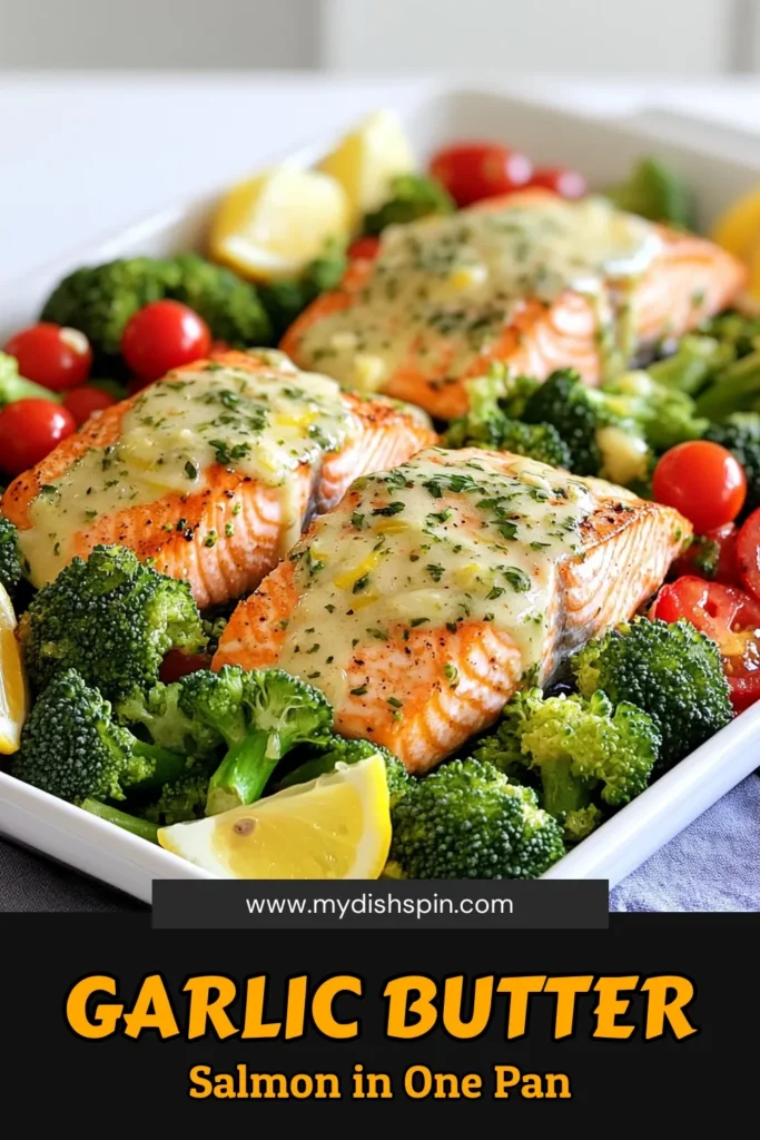 Enjoy a delicious and easy meal with this Garlic Butter Salmon & Veggies Sheet Pan recipe! Perfectly baked salmon fillets paired with vibrant veggies all drizzled in a rich garlic butter sauce make a nutritious dinner ready in just 30 minutes. It's a one-pan wonder for busy weeknights! Click through to discover how to bring this tasty dish to your table. #GarlicButterSalmon #SheetPanDinner #HealthyRecipes #EasyCooking