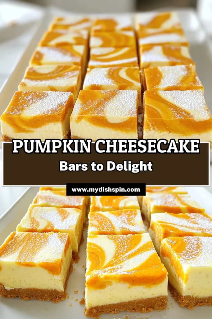 Indulge in the ultimate fall treat with these Pumpkin Swirl Cheesecake Bars! This easy recipe combines a buttery graham cracker crust with a creamy pumpkin and cheesecake filling, creating a delightful marbled effect that's perfect for autumn gatherings. Discover how to make these delicious bars that are sure to impress your family and friends. Click through for the full recipe and get ready to enjoy a slice of seasonal bliss! #PumpkinDesserts #FallBaking #CheesecakeBars #AutumnRecipes