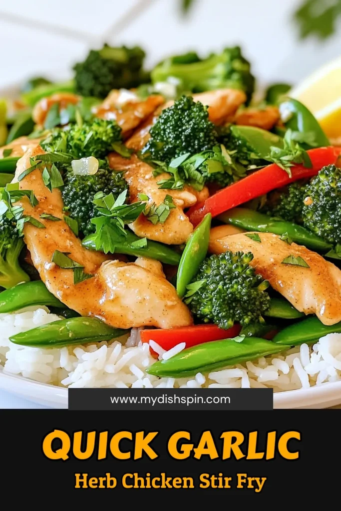 Satisfy your cravings with this Garlic Herb Chicken Stir Fry that's bursting with flavor! In just 30 minutes, you can whip up a delicious meal featuring tender chicken, vibrant veggies, and aromatic herbs, all served over fluffy jasmine rice or quinoa. Perfect for a busy weeknight dinner, this recipe is simple yet impressive. Click through to explore the full recipe and elevate your cooking game today! #GarlicHerbChicken #StirFryRecipes #HealthyEating #QuickMeals