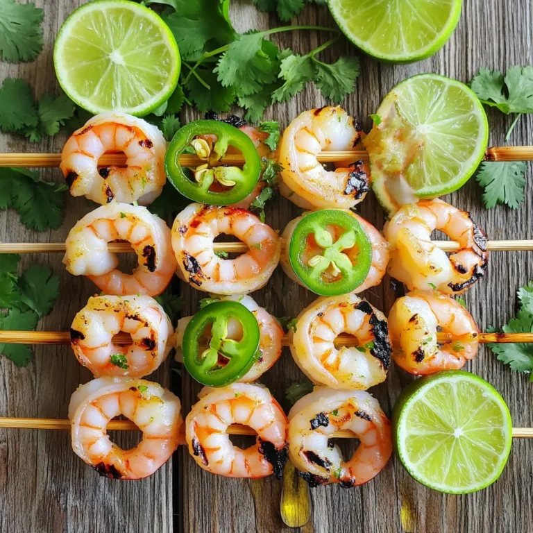 - 1 pound large shrimp, peeled and deveined - 2 jalapeños, finely chopped - Zest and juice of 2 limes - 3 tablespoons olive oil - 2 garlic cloves, minced - 1 teaspoon honey - 1 teaspoon cumin - Salt and pepper to taste - Fresh cilantro for garnish The main ingredients create a fresh and zesty flavor. The shrimp is crucial since it absorbs all the marinade. I like using large shrimp for a nice bite. The jalapeños add a spicy kick. If you want less heat, remove the seeds before chopping. The lime juice and zest bring brightness to the dish. Next, we have the marinade components. Olive oil helps the shrimp stay juicy. Garlic adds depth and aroma. Honey provides a touch of sweetness, balancing the heat from the jalapeños. Cumin gives a warm, earthy flavor. Salt and pepper enhance all the flavors. For garnishing, fresh cilantro adds color and freshness. It makes the dish look appealing and adds a hint of herbiness. This simple combination of ingredients creates a delightful dish that stands out at any meal. Enjoy your cooking! Start by making your marinade. In a mixing bowl, combine the following ingredients: - 2 jalapeños, finely chopped (remove seeds for less heat) - Zest and juice of 2 limes - 3 tablespoons olive oil - 2 garlic cloves, minced - 1 teaspoon honey - 1 teaspoon cumin - Salt and pepper to taste Whisk these items together until they blend well. The mixture should smell fresh and vibrant. This marinade is key to infusing flavor into the shrimp. Once you have your marinade ready, it’s time to add the shrimp. Place 1 pound of large, peeled, and deveined shrimp into the bowl with the marinade. Make sure all the shrimp are well coated. Cover the bowl and refrigerate for 30 minutes. This step allows the shrimp to absorb all the delicious flavors. After marinating, preheat your grill to medium-high heat. If you use wooden skewers, soak them in water for 30 minutes to prevent burning. Next, thread the marinated shrimp onto the skewers. Grill the shrimp for 2-3 minutes on each side. They are done when they turn pink and opaque. Be careful not to overcook them, as they can become tough. Once grilled, remove the shrimp from the grill and transfer them to a serving plate. To get the best shrimp, avoid overcooking them. Shrimp cook quickly, usually in just 2-3 minutes per side. When they turn pink and opaque, they're done. If you cook them longer, they become rubbery. Use a timer to help you keep track. If you want a different spice level, try adjusting the jalapeño. For less heat, remove the seeds. You can also add more lime juice for a tangy punch. If you like it spicier, add more jalapeños. Consider mixing in herbs like parsley or basil for a fresh twist. For a stunning presentation, serve the shrimp with lime wedges. Place the shrimp on a colorful plate. Add some sliced jalapeños for extra flair. Garnish with fresh cilantro to add a pop of green. This makes your dish look as good as it tastes. {{image_2}} You can swap shrimp for other proteins. Try using scallops or fish like salmon. Chicken also works well. Just make sure to cut the chicken into bite-sized pieces. The marinade will add flavor to any protein you choose. Adding herbs or spices can change the taste. You might try fresh basil or cilantro for a twist. A bit of smoked paprika can add depth. If you like heat, add more jalapeños or red pepper flakes. These small changes can create a new dish. Grilling is great, but you can bake or pan-sear shrimp too. Baking gives a nice, even cook. Just set your oven to 400°F and bake for about 10 minutes. For pan-searing, heat oil in a skillet and cook for 2-3 minutes. Each method brings a different texture and taste. To store leftover Jalapeño Lime Grilled Shrimp, place them in an airtight container. This keeps the shrimp fresh. If you plan to eat them within a few days, refrigerate them. They taste best when eaten fresh, but you can keep them in the fridge for up to three days. If you want to store them longer, freeze the shrimp. Make sure to wrap them in plastic wrap and place them in a freezer bag. This helps prevent freezer burn. When you reheat grilled shrimp, you want to keep them tender. The best method is to use a skillet. Heat it on low and add a splash of olive oil. Place the shrimp in the skillet and warm them for a few minutes. Stir gently to avoid overcooking. You can also use a microwave, but be careful. Heat them in short bursts to prevent them from becoming rubbery. You can safely store grilled shrimp for about three days in the fridge. If you freeze them, they last about three months. However, for the best flavor and texture, try to eat them sooner. The sooner you enjoy the shrimp, the better they taste. Always check for any off smells or changes in color before eating leftovers. Yes, you can prepare the shrimp in advance. For best flavor, marinate the shrimp for at least 30 minutes. If you want to marinate them longer, you can do so for up to 2 hours. Just keep them in the fridge. This allows the shrimp to soak up all those tasty flavors from the marinade. Jalapeño Lime Grilled Shrimp pairs well with many side dishes. Here are some great options: - Cilantro lime rice - Grilled corn on the cob - Fresh guacamole and tortilla chips - A crisp green salad with a light vinaigrette These sides will balance the shrimp's spicy kick and bright flavors. To check if the shrimp are done, look for these signs: - They should turn pink and opaque. - The shrimp will curl into a "C" shape. - Cooking time is usually 2-3 minutes on each side. Avoid cooking too long, as overcooked shrimp become tough. This blog covers delicious Jalapeño Lime Grilled Shrimp. We learned about the key ingredients, including shrimp, jalapeños, and lime. The marinade combined olive oil, garlic, honey, and spices. Grilling tips helped ensure juicy, tender shrimp. We also explored variations, storage, and useful FAQs. Enjoying this dish is easy and versatile. You can customize flavors or try alternative proteins. Follow these steps, and you’ll impress your family and friends with great grilled shrimp every time. Happy cooking!