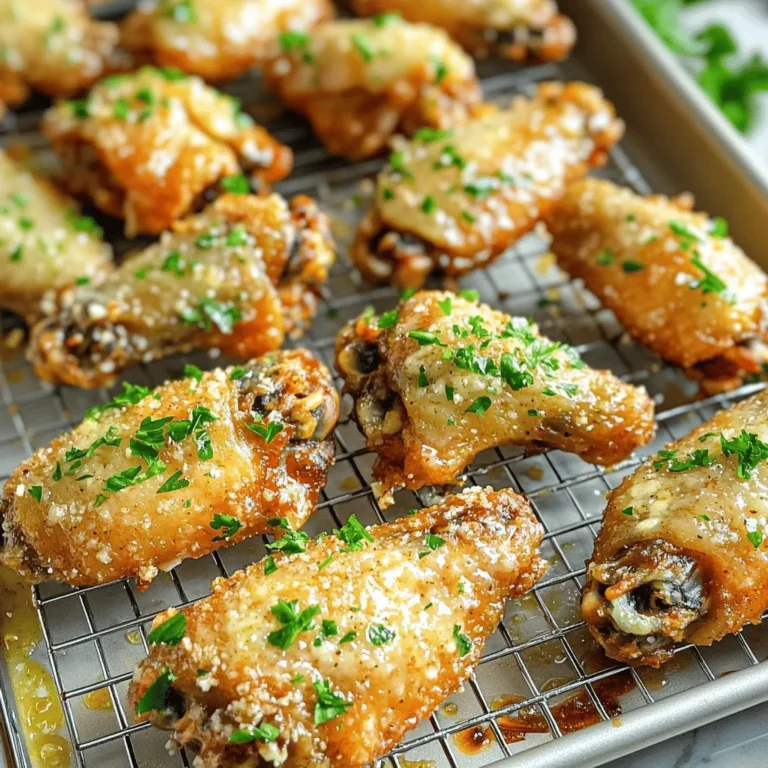 - Chicken Wings (2 pounds) - Garlic (4 cloves, minced) - Olive Oil (2 tablespoons) - Baking Powder (1 tablespoon) - Salt (1 teaspoon) - Black Pepper (1 teaspoon) - Garlic Powder (1 teaspoon) - Onion Powder (1 teaspoon) - Paprika (1 teaspoon) - Grated Parmesan Cheese (½ cup) - Fresh Parsley (for garnish) Gathering the right ingredients is key for great wings. Start with two pounds of chicken wings. Choose fresh wings for the best taste. Next, use four cloves of garlic, minced finely. This will give a strong garlic flavor. You'll also need two tablespoons of olive oil. It helps the wings crisp up and adds richness. For the dry seasoning, measure out one tablespoon of baking powder. This is crucial for the crunch. Add one teaspoon each of salt and black pepper. These will enhance the flavor. Next, use one teaspoon of garlic powder. This boosts the garlic flavor even more. Include one teaspoon of onion powder for sweetness and one teaspoon of paprika for a touch of color and smokiness. For the topping, gather half a cup of grated Parmesan cheese. This adds a savory kick. Fresh parsley is also needed for garnish. It will add a pop of color and fresh taste. With these ingredients ready, you set yourself up for success in making crispy garlic Parmesan wings. - Preheat Oven: Start by preheating your oven to 425°F (220°C). A hot oven makes wings crispy. - Line Baking Sheet: Line a baking sheet with aluminum foil. This helps with easy cleanup. Place a wire rack on top of the foil. The rack keeps the wings off the pan. - Dry Chicken Wings: Use paper towels to pat the chicken wings dry. This step is key for crispy skin. - Combine Dry Ingredients: In a large bowl, mix together 1 tablespoon of baking powder, 1 teaspoon of salt, 1 teaspoon of black pepper, 1 teaspoon of garlic powder, 1 teaspoon of onion powder, and 1 teaspoon of paprika. Stir well to blend the spices. - Toss Wings in Spice Mixture: Add the dried wings to the bowl. Toss them in the spice mixture until they are fully coated. - Arrange Wings on Rack: Place the coated wings on the wire rack in a single layer. Make sure they do not touch each other. This helps them cook evenly. - Bake and Flip Wings: Bake the wings for 35-40 minutes. Flip them halfway through to get a nice golden color on both sides. - Sauté Garlic: While the wings are baking, heat 2 tablespoons of olive oil in a small saucepan over medium heat. Add 4 cloves of minced garlic and sauté for 1-2 minutes. Watch closely so the garlic doesn’t burn. - Mix in Parmesan Cheese: Once the garlic is golden, take the pan off the heat. Stir in ½ cup of grated Parmesan cheese until it is well combined. - Coat Wings with Sauce: When the wings are done baking, transfer them to a large bowl. Pour the garlic Parmesan sauce over the wings and toss gently to coat them evenly. - Garnish and Serve: Serve the wings hot, garnished with fresh chopped parsley for a touch of color. Enjoy your crispy garlic Parmesan wings! To get wings that are crispy, start by drying them well. Pat each wing with paper towels. This step is key. Moisture on the skin will make it soggy. Next, use a wire rack when baking. Place the rack on a lined baking sheet. This allows air to circulate around the wings. It helps to crisp them up all around. To boost the flavor, consider adding extra spices. You can try cayenne for a kick or smoked paprika for depth. Fresh herbs also make a big difference. Chopped parsley adds color and freshness. You can even toss in some thyme or rosemary for an earthy note. You can choose between air frying or baking. Air frying gives a great crunch and cooks faster. If you bake, make sure to flip the wings halfway. Grilling is another fun option. It adds a smoky flavor that pairs well with garlic and cheese. Just keep an eye on them to prevent burning. {{image_2}} You can change up your wings to suit your taste. Here are two fun ideas: - Buffalo Garlic Parmesan Wings: Add a kick by mixing hot sauce with the garlic Parmesan sauce. This gives your wings a spicy twist that pairs perfectly with the savory cheese. Just toss the wings in this sauce right after baking. - Lemon Garlic Parmesan Wings: For a zesty flavor, mix fresh lemon juice and zest into the garlic Parmesan sauce. The bright lemon balances the rich cheese and garlic, making it refreshing. Toss your baked wings in this sauce for a tasty upgrade. You can also switch how you cook these wings. Here are two methods to try: - Air Fryer Instructions: Preheat your air fryer to 380°F (193°C). Pat your wings dry and season them as instructed. Place them in the air fryer basket in a single layer. Cook for 25-30 minutes, flipping halfway through. This method gives you extra crispy wings without using much oil. - Slow Cooker Adjustment: If you want to use a slow cooker, season the wings and place them in the cooker. Cook on low for 6-7 hours. Afterward, toss them in the garlic Parmesan sauce and broil for a few minutes to crisp up the skin. This method adds great flavor, but the wings won’t be as crispy. Need to make your wings fit certain diets? Here are some options: - Gluten-Free Options: Ensure your baking powder is gluten-free. This simple swap makes your wings safe for those with gluten sensitivities. All other ingredients are naturally gluten-free. - Low-Calorie Adaptations: Cut down on calories by using skinless chicken wings. You can also reduce the amount of Parmesan cheese or use a lighter version. This way, you can enjoy these wings without worrying about extra calories. - Refrigeration Guidelines: If you have wings left, let them cool. Place them in an airtight container. Store in the fridge for up to three days. This keeps them fresh and tasty. - Freezing Instructions: Want to save wings for later? Place cooled wings in a freezer-safe bag. Remove as much air as you can. They can last up to three months in the freezer. Thaw them in the fridge before reheating. - Best Methods to Reheat: The oven is best for reheating wings. Preheat it to 350°F (175°C). Place wings on a baking sheet. Heat for about 10-15 minutes until hot. - Maintaining Crispiness: To keep wings crispy, use a wire rack. This allows hot air to circulate around them. Avoid using the microwave, as it makes wings soggy. - Freshness Timeline: Fresh wings can stay in the fridge for three days. If frozen, they last three months. Always check for freshness before eating. - Recognizing Spoilage: Look for any off smells or changes in color. If the wings feel slimy or sticky, it's best to toss them. Safety first! To make wings crispy, you must dry them well. Pat your chicken wings with paper towels to remove moisture. This step is key for crispy skin. Another important tip is to use baking powder. It helps create that nice crunch. When you bake, arrange the wings on a wire rack. This allows hot air to circulate around them, making them crispier. Yes, you can use frozen wings! Just make sure to thaw them first. The best way to thaw wings is to leave them in the fridge overnight. If you're in a hurry, you can use cold water. Place the wings in a sealed bag and submerge in cold water for about an hour. After thawing, dry them well before cooking. These wings pair great with many sides! Consider serving them with celery sticks and carrot sticks. A cool ranch or blue cheese dip works well too. You could also add crispy fries or a fresh salad for a full meal. The wings are tasty on their own, but sides bring extra flavor. Yes, you can adjust the spice level! If you want more heat, add cayenne pepper to the seasoning mix. For less heat, skip the black pepper or use mild paprika. You can even add sweet spices like honey for a different flavor. Taste your sauce before tossing the wings to get it just right. In this post, I covered how to make tasty Garlic Parmesan Chicken Wings. We explored the required ingredients, from chicken wings to a mix of spices and toppings. I walked you through each step, from preparation to baking and making the sauce. I also shared valuable tips to achieve crispy wings and storage advice. With these easy steps, you can enjoy delicious wings at home. Experiment with flavors and enjoy serving them to friends or family!
