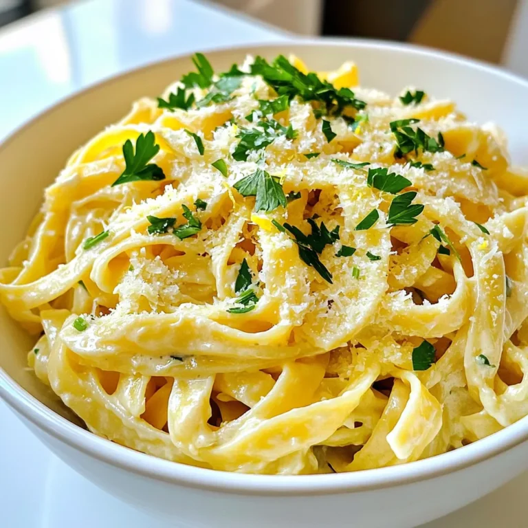 To make this creamy delight, you need: - 8 oz (about 225g) fettuccine or your pasta of choice - 4 cups vegetable broth - 1 tablespoon olive oil - 4 cloves garlic, minced - 1 cup heavy cream - 1 ½ cups grated Parmesan cheese - 1 teaspoon Italian seasoning - Salt and black pepper, to taste - ½ cup chopped fresh parsley, for garnish - Zest of 1 lemon (optional for brightness) These ingredients create a rich and smooth sauce that coats the pasta perfectly. You can add your favorite flavors or extras. Here are some ideas: - Cooked chicken or shrimp for protein - Spinach or peas for more veggies - Crushed red pepper for heat - Sun-dried tomatoes for a punch of flavor These options let you make the dish your own and cater to your taste. To whip up this one-pot pasta, you will need: - A large pot for cooking - A wooden spoon for stirring - A cutting board and knife for chopping garlic and parsley - A measuring cup and spoons for accuracy Having the right tools makes cooking easier and more fun! Start by gathering all your ingredients. You will need: - 8 oz fettuccine or your favorite pasta - 4 cups vegetable broth - 1 tablespoon olive oil - 4 cloves garlic, minced - 1 cup heavy cream - 1 ½ cups grated Parmesan cheese - 1 teaspoon Italian seasoning - Salt and black pepper, to taste - ½ cup chopped fresh parsley, for garnish - Zest of 1 lemon (optional) Next, mince the garlic, chop the parsley, and zest the lemon if using. This will make cooking smoother. In a large pot, heat the olive oil over medium heat. Add the minced garlic and sauté for one minute. You want it fragrant but not browned. Then, pour in the vegetable broth and bring it to a gentle boil. Add the fettuccine to the pot. Stir occasionally and cook according to the package. It usually takes about 8 to 10 minutes until the pasta is al dente. Once the pasta is cooked, reduce the heat to low. Stir in the heavy cream and Parmesan cheese. Mix until the cheese melts and the sauce becomes creamy. Season with Italian seasoning, salt, and black pepper to your liking. If you want, add the lemon zest for extra brightness. Remove the pot from heat. Let the pasta sit for a few minutes to thicken slightly. This makes the dish even creamier. Serve the pasta in bowls and garnish with chopped parsley. Enjoy the rich, creamy flavors you’ve created! To get a creamy sauce, use heavy cream. It gives a rich texture. Stir it in after cooking the pasta. This way, it mixes well with the cheese. Grate your Parmesan cheese fresh. Pre-grated cheese often has fillers that can affect creaminess. Mix the cheese in slowly. This helps it melt smoothly into the sauce. Fettuccine works great for this dish. It holds the sauce nicely. You can also use penne or rigatoni. These shapes capture sauce in every bite. Choose whole wheat or gluten-free pasta for a healthier option. Just check the cooking time on the package. To save time, prep your ingredients before cooking. Chop garlic and measure out cheese and broth. Use a large pot to cook everything at once. This cuts down on dishes. If you use fresh herbs, chop them while the pasta cooks. You can have a tasty meal ready in about 25 minutes! {{image_2}} You can boost your pasta with protein. Consider chicken, shrimp, or even tofu. Cook the protein first in the olive oil before adding garlic. This adds great flavor. For chicken, use about 1 pound, diced. For shrimp, 1 pound works well, too. Tofu can be cubed and sautéed until golden. Each choice makes the dish heartier. Adding vegetables is a smart way to make this dish healthier. Spinach, broccoli, or bell peppers are great picks. You can toss in fresh or frozen veggies. Add them when you cook the pasta. For spinach, stir it in during the last two minutes. For broccoli, add it in the last four minutes. This keeps the veggies bright and full of nutrients. If you prefer a vegan dish, swap out a few ingredients. Use cashew cream or coconut milk instead of heavy cream. Nutritional yeast can replace Parmesan for a cheesy flavor. For the broth, ensure it's vegetable-based. This keeps it rich and tasty. You can also use vegan pasta to stay plant-based. This way, everyone can enjoy a creamy pasta dish! After enjoying your creamy garlic parmesan pasta, let the leftovers cool. Use an airtight container to keep them fresh. Store the pasta in the fridge for up to three days. This keeps the flavors intact and ready for your next meal. To reheat, place the pasta in a pot on low heat. Add a splash of vegetable broth or cream to revive the sauce. Stir gently until heated through. You can also use a microwave. Heat in short bursts, stirring in between, to avoid hot spots. You can freeze this pasta dish too! Allow it to cool completely before packing. Use a freezer-safe container and store for up to three months. When ready to eat, thaw it overnight in the fridge. Then, reheat as described above for a quick meal. Yes, you can use many types of pasta. Fettuccine works great, but penne or spaghetti are good choices too. Just keep an eye on the cooking time. Thinner pasta cooks faster, while thicker pasta takes longer. Always check the package for best results! To add heat, try red pepper flakes. Start with a small amount, like half a teaspoon. You can always add more if you like it spicier. Another option is to add diced jalapeños or hot sauce. Mix them in with the garlic for a spicy kick! If you want a lighter option, use half-and-half or whole milk. For a dairy-free choice, try coconut cream or cashew cream. Both give a nice creamy texture. You can also blend silken tofu for a healthy alternative. Just adjust the flavor with more seasoning. In this post, we explored the key ingredients for creamy garlic parmesan pasta, along with tips for customizing your dish. I shared step-by-step instructions for preparation, cooking, and serving. We also discussed storage options and answered common questions. Remember, you can make this dish unique by adding your favorite proteins or veggies. Enjoy making a meal that suits your taste and needs!