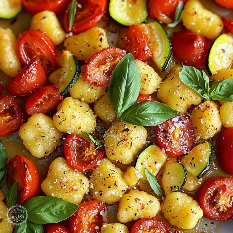 For this tasty sheet-pan roasted gnocchi, gather these simple ingredients: - 1 pound gnocchi (store-bought or homemade) - 4 tablespoons unsalted butter - 6 cloves garlic, minced - 1 red bell pepper, chopped - 1 zucchini, diced - 1 cup cherry tomatoes, halved - 1 teaspoon dried oregano - 1 teaspoon smoked paprika - Salt and pepper to taste - Fresh basil, for garnish - Grated Parmesan cheese, for serving (optional) You can swap ingredients based on what you have. Here are a few ideas: - Gnocchi: Use small pasta like orecchiette if gnocchi isn't available. - Butter: Olive oil works well if you want a dairy-free option. - Vegetables: Try bell peppers, asparagus, or carrots for different flavors. - Spices: Use Italian seasoning if you don’t have dried oregano or smoked paprika. Using fresh ingredients makes a huge difference in taste. Fresh garlic gives a strong flavor that dried garlic lacks. Fresh veggies add crunch and color. When you use quality ingredients, you create a more vibrant dish. Always choose ripe cherry tomatoes for their sweet taste. Fresh basil, added at the end, enhances the dish with a bright aroma. Remember, fresh ingredients lead to a better meal experience! Start by preheating your oven to 425°F (220°C). This step is key for getting crispy gnocchi. Grab a large sheet pan. Line it with parchment paper for easy cleanup. This helps the gnocchi and veggies cook evenly. Next, let’s make the garlic butter sauce. In a small saucepan, melt 4 tablespoons of unsalted butter over medium heat. Once the butter is melted, add 6 minced cloves of garlic. Stir it for 2-3 minutes. You want it fragrant but not browned. This step adds a rich flavor to your dish. Now, it’s time to roast! On your prepared sheet pan, spread 1 pound of gnocchi, 1 chopped red bell pepper, and 1 diced zucchini. Add 1 cup of halved cherry tomatoes. Drizzle your garlic butter sauce over these ingredients. Sprinkle 1 teaspoon of dried oregano, 1 teaspoon of smoked paprika, salt, and pepper to taste. Toss everything well so all pieces get coated. Put the pan in the oven for 20-25 minutes. Stir halfway through. This helps the gnocchi become golden, and the veggies soft. Once done, take it out and let it cool for a minute. Garnish with fresh basil, and serve with grated Parmesan if you like. Enjoy your delicious meal! To get the best roasted gnocchi, start with dry gnocchi. Fresh gnocchi can become too soft. Spread the gnocchi in a single layer on the sheet pan. This helps them crisp up nicely. Toss them halfway through cooking for even browning. Look for a golden color and tender veggies. This ensures a great taste in every bite. Fresh garlic adds a strong, sweet flavor. To use it well, mince the garlic finely. This helps release its oils and flavor. Sauté the minced garlic in butter, but don’t let it brown. Browned garlic can taste bitter, which you want to avoid. Always add it to the butter before drizzling over the gnocchi. This step boosts the dish's taste. You can enhance your dish with simple tweaks. Use fresh herbs like thyme or rosemary for a new twist. Try adding a splash of lemon juice for brightness. For heat, sprinkle red pepper flakes before roasting. You can also swap the vegetables with your favorites. Think about adding spinach or mushrooms. Each choice can make the meal exciting and different. {{image_2}} You can easily make this dish vegetarian. Simply skip any meat additions. The base of gnocchi, garlic butter, and fresh veggies creates a hearty meal. You can add more vegetables like spinach or mushrooms for extra flavor. Roasted eggplant or asparagus also works well in this recipe. These veggies add great texture and taste. Want to add protein? Chicken and shrimp are great choices. For chicken, cube it and toss it with the gnocchi and veggies. Use boneless, skinless chicken thighs for more flavor. If you choose shrimp, add them during the last 10 minutes of cooking. This way, they won’t overcook. You can also use cooked sausage for a spicy kick. Feel free to mix up the veggies you use. Carrots, broccoli, or green beans can add color and crunch. Sweet potatoes can replace zucchini for a sweeter taste. Just chop them into bite-sized pieces for even cooking. Use seasonal vegetables for the best flavor and freshness. This dish is flexible, so you can create your own version. Store any leftover gnocchi in an airtight container. Let it cool down first. This helps keep the flavors. You can keep it in the fridge for up to three days. Make sure to seal it tight to avoid drying out. To reheat, use a skillet on medium heat. Add a little butter or oil to keep it moist. Stir it gently as it warms. You can also use the microwave. Heat in short bursts to avoid drying it out. Cover it with a damp paper towel to keep it from getting tough. You can freeze leftover gnocchi for later use. Place it in a freezer-safe bag or container. Remove as much air as possible before sealing. It will stay good for up to three months. When ready to eat, thaw it in the fridge overnight. Reheat it as mentioned earlier for the best taste. Yes, you can use frozen gnocchi. Just spread it on the sheet pan as is. There’s no need to thaw. It will cook well in the oven. Frozen gnocchi saves time. It tastes great and holds its shape. To add spice, include red pepper flakes. A teaspoon mixed in works well. You can also use spicy smoked paprika. For more heat, add diced jalapeños. Adjust the spice level to your taste. Always start with a little to avoid overpowering the dish. This dish pairs well with a simple salad. A green salad with vinaigrette adds freshness. You can also serve it with grilled chicken or fish. Garlic bread complements the flavors too. Feel free to be creative with sides! Cooking gnocchi takes about 20-25 minutes in the oven. You want it golden brown and tender. Make sure to stir halfway through for even cooking. Fresh gnocchi cooks faster than frozen. Keep an eye on it for the best results. In this article, we explored the full list of ingredients for sheet-pan roasted gnocchi, along with substitutions and the importance of fresh items. I shared step-by-step instructions, tips for perfect results, and variations to suit your tastes. Finally, we covered storage and answered common questions. Remember, using fresh ingredients and following the steps will help you create a delicious meal. You can easily customize this dish to fit your needs and enjoy it any time. Happy cooking!