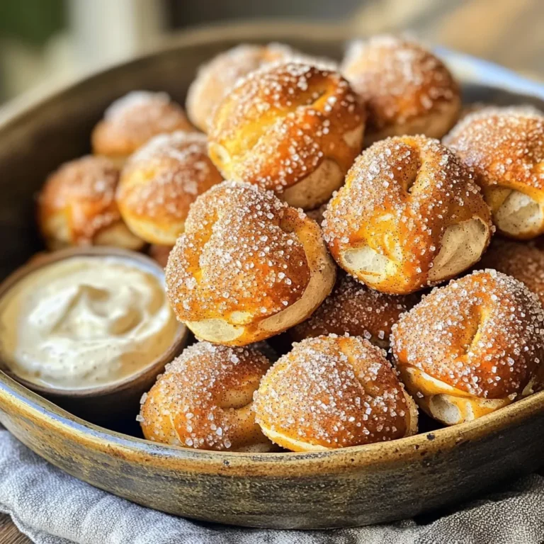 To make cinnamon sugar pretzel bites, you need: - 1 cup warm water (110°F - 115°F) - 2 tablespoons granulated sugar - 1 packet (2 1/4 teaspoons) active dry yeast - 2 1/2 cups all-purpose flour - 1 teaspoon salt - 1/4 cup baking soda - 1/4 cup unsalted butter, melted - 1/2 cup granulated sugar (for coating) - 2 teaspoons ground cinnamon - Coarse sea salt for sprinkling You can swap some ingredients if needed. - Use honey instead of granulated sugar for a natural sweet taste. - If you have whole wheat flour, you can use it in place of all-purpose flour. - You can replace unsalted butter with coconut oil for a dairy-free option. - For a different flavor, try brown sugar instead of granulated sugar in the coating. Using fresh ingredients makes a big difference. - Fresh yeast helps the dough rise well, giving a fluffy texture. - Quality flour improves the overall taste and structure of the pretzel bites. - Fresh cinnamon adds a rich flavor that dried spices may lack. - Always check expiration dates to ensure the best results. Start by taking a large bowl. Pour in 1 cup of warm water. The water should be between 110°F and 115°F. Add 2 tablespoons of granulated sugar to the water. Sprinkle in 1 packet of active dry yeast. Let this mixture sit for about 5 minutes. You want it to get frothy. This shows the yeast is alive and ready to work. Next, add 2 1/2 cups of all-purpose flour and 1 teaspoon of salt to the yeast mix. Stir until a dough starts to form. Dust your countertop with some flour and place the dough on it. Knead the dough for about 5 minutes. You want it to become smooth and elastic. When done, place the dough in a greased bowl. Cover it with a damp cloth. Let it rise in a warm spot for about 1 hour. The dough should double in size. Once the dough has risen, preheat your oven to 450°F (232°C). Line a baking sheet with parchment paper. In a large pot, bring 10 cups of water and 1/4 cup of baking soda to a boil. Punch down the risen dough. Divide it into 8 equal pieces. Roll each piece into long ropes, about 1/2 inch thick. Cut these ropes into bite-sized pieces, around 1-2 inches long. Carefully drop small batches of pretzel bites into the boiling water for about 30 seconds. Use a slotted spoon to remove them and place them on the baking sheet. Brush the tops with melted butter and sprinkle on coarse sea salt. Bake the bites in the oven for 10-12 minutes. They should turn golden brown. As soon as they come out, mix 1/2 cup of sugar with 2 teaspoons of cinnamon in a bowl. Roll the warm pretzel bites in this cinnamon sugar mix while they are hot. To make soft and chewy pretzel bites, knead the dough well. This builds gluten, which gives the bites their nice texture. Aim for a smooth, elastic dough after about five minutes of kneading. If the dough feels too sticky, add a little more flour while kneading. Too much flour makes the bites tough. The dough needs warmth to rise well. Find a cozy spot in your kitchen. You can preheat the oven to its lowest setting, then turn it off. Place the covered dough inside. It should rise for about one hour, or until it doubles in size. This step is key to light and airy bites. Boiling the pretzel bites helps create that classic crust. Use a large pot and bring 10 cups of water to a boil. Add the baking soda carefully. The water should be at a rolling boil before you add the bites. Boil them in small batches for about 30 seconds. This short boil gives them a nice texture. After boiling, let them drip before placing them on the baking sheet. {{image_2}} You can boost the flavor of your pretzel bites in many fun ways. Try adding chocolate for a sweet twist. Just melt some chocolate and dip the bites after baking. If you love cheese, sprinkle some shredded cheese on top before baking. Cheddar or mozzarella works great! You can even mix in spices like garlic powder or herbs to add depth to the dough itself. If you want to switch up the sugar coating, consider using vanilla sugar. It adds a lovely flavor that pairs well with the cinnamon. You can also use coconut sugar for a different taste. This gives a slight caramel flavor that is truly unique. To make vanilla sugar, just mix granulated sugar with vanilla beans or vanilla extract. For a gluten-free version of these pretzel bites, you can use a gluten-free flour blend. Make sure it includes xanthan gum to help with the texture. Follow the same steps for mixing and rising the dough. Keep an eye on the baking time, as gluten-free dough may bake a bit quicker. Enjoy these bites without worry and savor all the flavors! After you enjoy your cinnamon sugar pretzel bites, store any leftovers. Place them in an airtight container. Keep the container at room temperature for up to two days. If you want to keep them longer, refrigerate them. They will last for about one week in the fridge. Note that they may lose some of their crispiness. To reheat your pretzel bites, use the oven for the best results. Preheat your oven to 350°F (175°C). Place the pretzel bites on a baking sheet. Heat them for about 5 to 10 minutes. This makes them warm and a bit crispy again. You can also use a microwave, but they may get a bit chewy. Heat them for about 10 to 15 seconds, checking often. If you want to keep your pretzel bites for a longer time, freezing is a great option. Allow the bites to cool completely. Then, place them in a freezer-safe bag or container. Make sure to remove as much air as possible. They can stay in the freezer for about 2 to 3 months. When ready to eat, thaw them in the fridge and reheat as needed. Enjoy them fresh and warm! Yes, you can make pretzel bites ahead of time. Prepare the dough and let it rise as usual. After shaping the bites, you can freeze them before boiling. When you're ready to enjoy, simply boil from frozen, bake, and coat in cinnamon sugar. This method saves time and keeps them fresh. The best way to serve cinnamon sugar pretzel bites is warm. Place them in a rustic bowl. Pair them with a small dish of cream cheese or chocolate dip. This adds a nice touch and enhances the flavor. You can also sprinkle extra cinnamon sugar on top for more sweetness. You can find ready-made pretzel bites at many grocery stores. Look in the frozen foods aisle. Some stores even offer fresh pretzel bites in the bakery section. If you prefer convenience, local pretzel shops might have them too. Just check for those warm, soft bites that are ready to enjoy! We covered all the essentials for making pretzel bites. You learned about key ingredients and how to choose substitutes and fresh options. I shared step-by-step instructions for preparing, kneading, and baking the dough. You now have tips for great texture and rising conditions. We also explored tasty variations and how to store and reheat your bites. Enjoy making these bites your way! Your kitchen will be a fun place filled with delicious smells. Happy cooking!