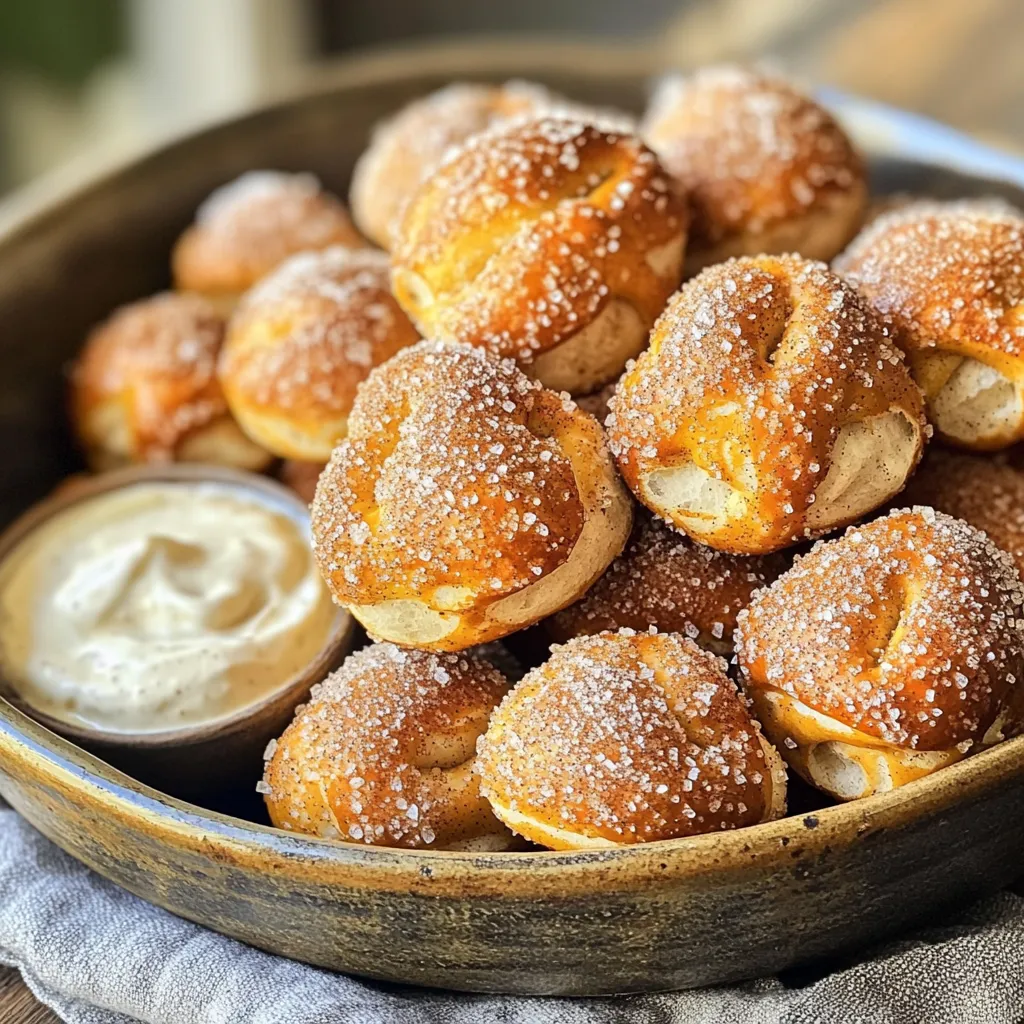 To make cinnamon sugar pretzel bites, you need: - 1 cup warm water (110°F - 115°F) - 2 tablespoons granulated sugar - 1 packet (2 1/4 teaspoons) active dry yeast - 2 1/2 cups all-purpose flour - 1 teaspoon salt - 1/4 cup baking soda - 1/4 cup unsalted butter, melted - 1/2 cup granulated sugar (for coating) - 2 teaspoons ground cinnamon - Coarse sea salt for sprinkling You can swap some ingredients if needed. - Use honey instead of granulated sugar for a natural sweet taste. - If you have whole wheat flour, you can use it in place of all-purpose flour. - You can replace unsalted butter with coconut oil for a dairy-free option. - For a different flavor, try brown sugar instead of granulated sugar in the coating. Using fresh ingredients makes a big difference. - Fresh yeast helps the dough rise well, giving a fluffy texture. - Quality flour improves the overall taste and structure of the pretzel bites. - Fresh cinnamon adds a rich flavor that dried spices may lack. - Always check expiration dates to ensure the best results. Start by taking a large bowl. Pour in 1 cup of warm water. The water should be between 110°F and 115°F. Add 2 tablespoons of granulated sugar to the water. Sprinkle in 1 packet of active dry yeast. Let this mixture sit for about 5 minutes. You want it to get frothy. This shows the yeast is alive and ready to work. Next, add 2 1/2 cups of all-purpose flour and 1 teaspoon of salt to the yeast mix. Stir until a dough starts to form. Dust your countertop with some flour and place the dough on it. Knead the dough for about 5 minutes. You want it to become smooth and elastic. When done, place the dough in a greased bowl. Cover it with a damp cloth. Let it rise in a warm spot for about 1 hour. The dough should double in size. Once the dough has risen, preheat your oven to 450°F (232°C). Line a baking sheet with parchment paper. In a large pot, bring 10 cups of water and 1/4 cup of baking soda to a boil. Punch down the risen dough. Divide it into 8 equal pieces. Roll each piece into long ropes, about 1/2 inch thick. Cut these ropes into bite-sized pieces, around 1-2 inches long. Carefully drop small batches of pretzel bites into the boiling water for about 30 seconds. Use a slotted spoon to remove them and place them on the baking sheet. Brush the tops with melted butter and sprinkle on coarse sea salt. Bake the bites in the oven for 10-12 minutes. They should turn golden brown. As soon as they come out, mix 1/2 cup of sugar with 2 teaspoons of cinnamon in a bowl. Roll the warm pretzel bites in this cinnamon sugar mix while they are hot. To make soft and chewy pretzel bites, knead the dough well. This builds gluten, which gives the bites their nice texture. Aim for a smooth, elastic dough after about five minutes of kneading. If the dough feels too sticky, add a little more flour while kneading. Too much flour makes the bites tough. The dough needs warmth to rise well. Find a cozy spot in your kitchen. You can preheat the oven to its lowest setting, then turn it off. Place the covered dough inside. It should rise for about one hour, or until it doubles in size. This step is key to light and airy bites. Boiling the pretzel bites helps create that classic crust. Use a large pot and bring 10 cups of water to a boil. Add the baking soda carefully. The water should be at a rolling boil before you add the bites. Boil them in small batches for about 30 seconds. This short boil gives them a nice texture. After boiling, let them drip before placing them on the baking sheet. {{image_2}} You can boost the flavor of your pretzel bites in many fun ways. Try adding chocolate for a sweet twist. Just melt some chocolate and dip the bites after baking. If you love cheese, sprinkle some shredded cheese on top before baking. Cheddar or mozzarella works great! You can even mix in spices like garlic powder or herbs to add depth to the dough itself. If you want to switch up the sugar coating, consider using vanilla sugar. It adds a lovely flavor that pairs well with the cinnamon. You can also use coconut sugar for a different taste. This gives a slight caramel flavor that is truly unique. To make vanilla sugar, just mix granulated sugar with vanilla beans or vanilla extract. For a gluten-free version of these pretzel bites, you can use a gluten-free flour blend. Make sure it includes xanthan gum to help with the texture. Follow the same steps for mixing and rising the dough. Keep an eye on the baking time, as gluten-free dough may bake a bit quicker. Enjoy these bites without worry and savor all the flavors! After you enjoy your cinnamon sugar pretzel bites, store any leftovers. Place them in an airtight container. Keep the container at room temperature for up to two days. If you want to keep them longer, refrigerate them. They will last for about one week in the fridge. Note that they may lose some of their crispiness. To reheat your pretzel bites, use the oven for the best results. Preheat your oven to 350°F (175°C). Place the pretzel bites on a baking sheet. Heat them for about 5 to 10 minutes. This makes them warm and a bit crispy again. You can also use a microwave, but they may get a bit chewy. Heat them for about 10 to 15 seconds, checking often. If you want to keep your pretzel bites for a longer time, freezing is a great option. Allow the bites to cool completely. Then, place them in a freezer-safe bag or container. Make sure to remove as much air as possible. They can stay in the freezer for about 2 to 3 months. When ready to eat, thaw them in the fridge and reheat as needed. Enjoy them fresh and warm! Yes, you can make pretzel bites ahead of time. Prepare the dough and let it rise as usual. After shaping the bites, you can freeze them before boiling. When you're ready to enjoy, simply boil from frozen, bake, and coat in cinnamon sugar. This method saves time and keeps them fresh. The best way to serve cinnamon sugar pretzel bites is warm. Place them in a rustic bowl. Pair them with a small dish of cream cheese or chocolate dip. This adds a nice touch and enhances the flavor. You can also sprinkle extra cinnamon sugar on top for more sweetness. You can find ready-made pretzel bites at many grocery stores. Look in the frozen foods aisle. Some stores even offer fresh pretzel bites in the bakery section. If you prefer convenience, local pretzel shops might have them too. Just check for those warm, soft bites that are ready to enjoy! We covered all the essentials for making pretzel bites. You learned about key ingredients and how to choose substitutes and fresh options. I shared step-by-step instructions for preparing, kneading, and baking the dough. You now have tips for great texture and rising conditions. We also explored tasty variations and how to store and reheat your bites. Enjoy making these bites your way! Your kitchen will be a fun place filled with delicious smells. Happy cooking!