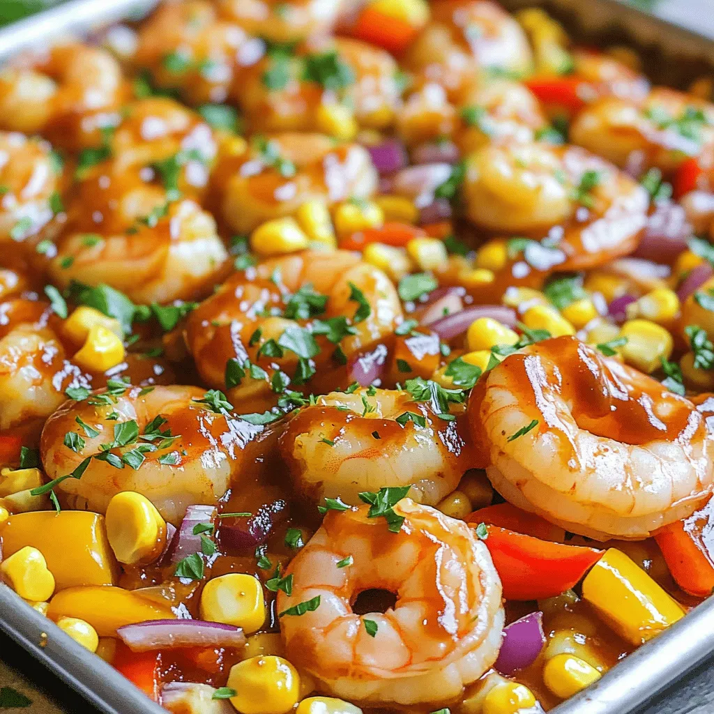 - 1 lb large shrimp, peeled and deveined - 4 ears of corn, husked and cut into thirds - 1 red bell pepper, chopped - 1 yellow bell pepper, chopped - 1 small red onion, chopped - 1/4 cup BBQ sauce (your favorite brand) - 2 tablespoons olive oil - 1 teaspoon garlic powder - 1 teaspoon smoked paprika - Salt and pepper to taste - Fresh parsley, chopped (for garnish) For this recipe, I love to use fresh ingredients. The large shrimp add a sweet and tender bite. You want to peel and devein them for the best taste. Corn is a star here. It gives sweetness and crunch. Cut the ears into thirds for easy mixing. The bell peppers bring color and flavor. I use both red and yellow ones. They make the dish look vibrant. The small red onion adds a nice bite. It softens as it cooks, making it sweet. BBQ sauce is the magic touch. I like to use my favorite brand for that smoky flavor. Olive oil helps everything roast well. It keeps the shrimp and veggies moist. Garlic powder and smoked paprika add depth. They make the dish even more tasty. Lastly, salt and pepper are key. They enhance all the flavors. Fresh parsley adds a bright finish. It makes the dish look beautiful before you serve it. Gather these ingredients, and you’re ready to create a delightful meal. First, set your oven to 400°F (200°C). This temperature helps cook the shrimp and corn evenly. Next, grab a large sheet pan. Line it with parchment paper. This step makes cleanup easy later. Now, take a big mixing bowl. In it, combine 1 pound of shrimp with four ears of corn, cut into thirds. Add one chopped red bell pepper and one chopped yellow bell pepper. Toss in one chopped small red onion too. Next, drizzle 2 tablespoons of olive oil over your mixture. Pour in 1/4 cup of your favorite BBQ sauce. Sprinkle in 1 teaspoon of garlic powder and 1 teaspoon of smoked paprika. Add salt and pepper to taste. Toss everything well until it is fully coated. Spread the mixture evenly on your lined sheet pan. Make sure it lays flat for even cooking. Bake the dish in the preheated oven for 15 to 20 minutes. Watch for the shrimp to turn pink and opaque. The corn should become tender and sweet. Once done, remove the pan from the oven. Let it cool for a few minutes. Before serving, garnish with fresh parsley for a pop of flavor and color. Enjoy your meal! To know when shrimp are done, look for their color. They should turn pink and opaque. The shape also changes, curling into a “C” shape. If they look gray or feel tough, they are overcooked. To avoid overcooking, keep an eye on the time. Bake for just 15 to 20 minutes. Shrimp cook fast, so check them early. If you see they are done, take them out right away. For a twist on flavor, try different seasonings. You can swap garlic powder with fresh garlic. Add a squeeze of lemon for a fresh note. If you like spicy, add cayenne pepper or chili powder. When it comes to BBQ sauce, use your favorite brand. A smoky sauce works well with the shrimp. You can also try a sweet BBQ sauce for a nice balance. Garnishing makes your dish look fancy. Sprinkle fresh parsley on top before serving. You can also add lemon wedges for color and flavor. For serving, use a large platter. Spread the shrimp and corn evenly for a nice look. Pair it with crusty bread or a fresh salad for a full meal. {{image_2}} You can switch up the veggies in this dish. Try zucchini, asparagus, or even cherry tomatoes. They bring new flavors and textures. For proteins, consider chicken or scallops. Both work well with BBQ sauce. You can also use canned chickpeas for a plant-based option. If you want a smoky flavor, grill this dish. Use a grill pan or outdoor grill. Cook the shrimp and veggies over medium heat for 5-7 minutes. Watch closely to avoid overcooking. Stovetop cooking is another option. Sauté shrimp and veggies in a large skillet. Use medium-high heat for about 10 minutes. Stir often to keep everything cooking evenly. Feeling adventurous? Add some heat! Try chopped jalapeños or a splash of hot sauce. This will wake up your taste buds. For a sweeter taste, mix in some pineapple chunks or a drizzle of honey. These options change the dish to a new level of yum! To keep your leftovers fresh, use airtight containers. Glass or plastic containers work well. If you have a lot, divide them into smaller portions. This way, you can grab a quick meal later. Store the dish in the fridge for up to three days. For longer storage, freeze it. It will last in the freezer for about two months. The best way to reheat this dish is in the oven. Preheat it to 350°F (175°C). Spread the shrimp and corn on a baking sheet. Heat for about 10-15 minutes. This method keeps the shrimp tender. You can also use the microwave, but it may make the shrimp a bit mushy. If using the microwave, heat in short bursts. Stir gently to avoid overcooking the shrimp and corn. Yes, you can use frozen shrimp. Just make sure to thaw them first. Place the shrimp in a bowl of cold water for about 15-20 minutes. This method is quick and easy. Once thawed, peel and devein the shrimp if needed. Using frozen shrimp may change cook time slightly. Just watch them closely while baking. This dish pairs well with many sides. Here are some ideas: - Rice: White or brown rice adds a nice base. - Salad: A fresh green salad brightens the meal. - Bread: Garlic bread can soak up extra BBQ sauce. - Coleslaw: A crunchy slaw gives a refreshing contrast. Feel free to mix and match to find your favorite combo! Shrimp cook quickly. They turn pink and opaque when done. Look for these signs: - Color change: Raw shrimp are gray, cooked shrimp are pink. - Texture: Cooked shrimp feel firm to the touch. - Time: Usually, 15-20 minutes in the oven is enough. If you see these signs, your shrimp are ready to enjoy! This recipe for Sheet Pan BBQ Shrimp and Corn highlights savory shrimp and vibrant veggies. We covered each step, from prepping to baking. I shared tips for perfect cooking and flavor tweaks. Remember, you can swap ingredients or try different cooking methods for fun twists. Store leftovers properly to keep them fresh. Enjoy this easy dish at your next meal or gathering. Your taste buds will thank you!