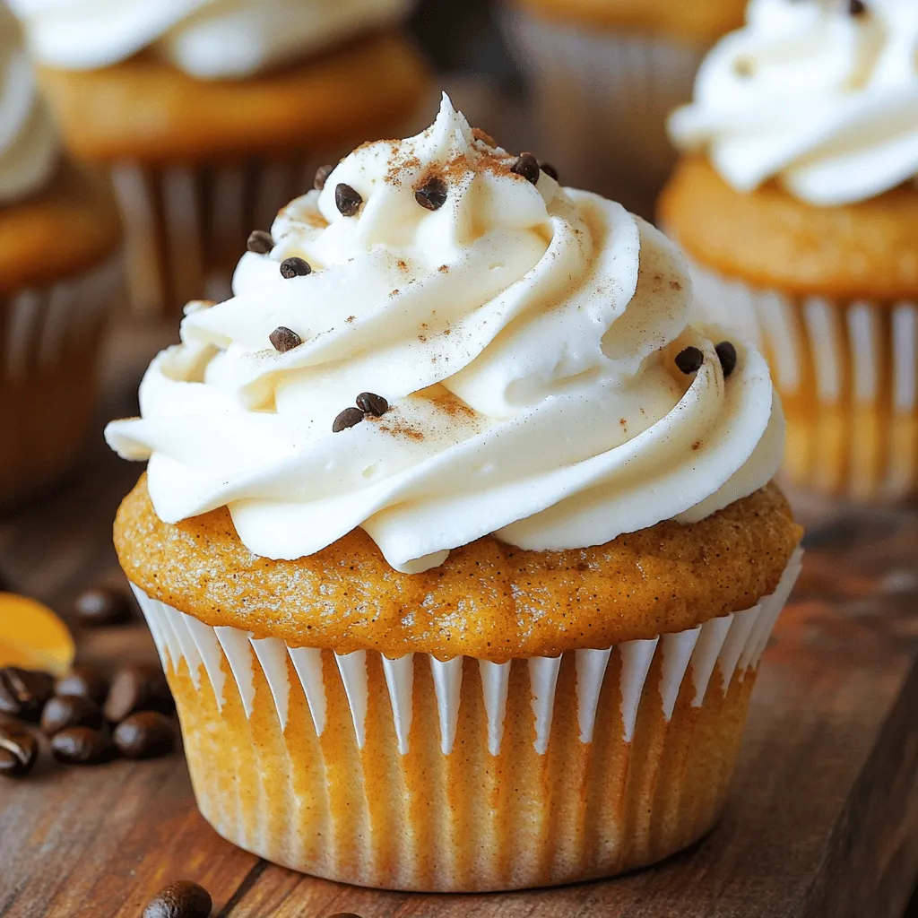 - 1 ½ cups all-purpose flour - 1 teaspoon baking powder - ½ teaspoon baking soda - 1 teaspoon ground cinnamon - ½ teaspoon ground nutmeg - ½ teaspoon ground ginger - ¼ teaspoon ground cloves - ½ teaspoon salt To start, gather your dry ingredients. They create the base of our cupcakes. The all-purpose flour gives structure. Baking powder and baking soda help the cupcakes rise. The spices add that warm pumpkin spice flavor. Cinnamon, nutmeg, ginger, and cloves work together to make your kitchen smell amazing. Don’t forget the salt! It balances the flavors. - ½ cup unsalted butter, softened - 1 cup granulated sugar - 2 large eggs - ½ cup canned pumpkin puree - 1 teaspoon vanilla extract - ½ cup strong brewed coffee, cooled Next, we focus on the wet ingredients. Softened butter is key for a fluffy texture. Sugar adds sweetness. Eggs help bind everything together. Pumpkin puree gives moisture and flavor. Vanilla extract enhances the overall taste. The brewed coffee adds a nice kick. - ½ cup heavy cream - 1 cup powdered sugar - Crushed espresso beans or pumpkin pie spice (for garnish) For the frosting, we use heavy cream and powdered sugar. Whipping the cream creates a light and airy texture. The powdered sugar sweetens it up. You can garnish the cupcakes with crushed espresso beans for crunch or pumpkin pie spice for extra flavor. Both options add a lovely touch to your cupcakes. 1. Preheat your oven to 350°F (175°C). This helps the cupcakes bake evenly. 2. Line a muffin tin with cupcake liners. This step keeps the cupcakes from sticking. 3. In a medium bowl, whisk together: - 1 ½ cups all-purpose flour - 1 teaspoon baking powder - ½ teaspoon baking soda - 1 teaspoon ground cinnamon - ½ teaspoon ground nutmeg - ½ teaspoon ground ginger - ¼ teaspoon ground cloves - ½ teaspoon salt This mix adds flavor and helps the cupcakes rise. 1. In a large bowl, beat together: - ½ cup unsalted butter, softened - 1 cup granulated sugar Mix until light and fluffy, about 3-4 minutes. 2. Add in 2 large eggs, one at a time. Mix well after each. 3. Stir in: - ½ cup canned pumpkin puree - 1 teaspoon vanilla extract Mix until everything is well combined. 1. Gradually mix in the dry ingredients. Alternate with: - ½ cup strong brewed coffee, cooled Start and end with the flour mix. Be careful not to overmix. 2. Divide the batter evenly among the cupcake liners. Fill each about ¾ full. 3. Bake in the preheated oven for 18-20 minutes. Check doneness with a toothpick. 4. Once baked, remove from the oven. Let the cupcakes cool in the pan for 5 minutes. 5. Transfer them to a wire rack to cool completely. This keeps them fluffy and moist. To check for doneness, use a toothpick. Insert it into the center of a cupcake. If it comes out clean, your cupcakes are done. If it has batter on it, bake a little longer. Common baking mistakes include not preheating the oven and overmixing the batter. Always preheat to 350°F (175°C) for even baking. Mix only until combined. This helps keep the cupcakes fluffy. For the perfect whipped cream, start with cold heavy cream. Beat it until soft peaks form, then slowly add powdered sugar. Keep whipping until you see stiff peaks. This gives a nice texture for frosting. For a great finish, pipe the frosting in swirls or use a spatula for a smooth look. Sprinkle crushed espresso beans or pumpkin pie spice on top for extra flair. You can add more spices to boost flavor. Try a pinch of allspice or cardamom for warmth. These spices pair well with pumpkin and coffee. For the coffee brew, use a strong variety. Dark roasts work best. You can also try flavored coffee for a twist. Hazelnut or vanilla coffee adds a nice touch to the cupcakes. {{image_2}} You can switch things up with chocolate pumpkin spice latte cupcakes. Just add cocoa powder to the batter. This twist makes each bite rich and dreamy. If you need nut-free or gluten-free options, use almond or coconut flour. These flours work well and keep the flavor strong. For frosting, I love a cream cheese frosting. It adds a tangy flavor that pairs nicely with the sweet cupcakes. You can also try flavored buttercream. Add maple syrup or spices for a fun twist. These variations keep your cupcakes exciting and fresh. Pair these cupcakes with a warm drink. A hot cup of coffee or tea complements the flavors perfectly. For special occasions, get creative with plating. Use a stylish plate and add a drizzle of chocolate or caramel. This adds flair and makes your dessert shine. To keep your pumpkin spice latte cupcakes fresh, store them in an airtight container. This helps lock in moisture and flavor. You can use a cake dome or a plastic container with a tight lid. Make sure the cupcakes are completely cool before you store them. If you don't have a container, you can wrap them in plastic wrap. You can freeze these cupcakes for later enjoyment. First, let them cool completely. Then, wrap each cupcake in plastic wrap. Place the wrapped cupcakes in a freezer bag or container. This keeps them safe from freezer burn. When you're ready to eat, take a cupcake out and let it thaw in the fridge overnight. For quick thawing, leave it on the counter for about an hour. Pumpkin spice latte cupcakes stay fresh for about three days at room temperature. If stored in the fridge, they can last up to a week. Look for signs like a dry texture or an off smell to check for spoilage. If they feel hard or crumbly, it’s best to toss them. Keeping an eye on freshness helps you enjoy them at their best! You can make these cupcakes vegan by using substitutes for eggs and dairy. Replace each egg with 1/4 cup of unsweetened applesauce or a flax egg made from 1 tablespoon of ground flaxseed mixed with 2.5 tablespoons of water. For butter, use vegan butter or coconut oil. Use almond milk or soy milk instead of heavy cream in the frosting. These swaps keep the cupcakes moist and flavorful. Yes, you can use fresh pumpkin. Start by choosing a sugar pumpkin, as it has a sweeter taste. Cut it in half and remove the seeds. Bake it cut side down at 350°F for about 45 minutes or until soft. Once cooked, scoop out the flesh and puree it in a blender or food processor until smooth. This fresh puree will add a vibrant flavor to your cupcakes. You have many options for toppings. Try using cream cheese frosting for a tangy twist. Crushed graham crackers can add crunch and a hint of sweetness. For a chocolate touch, drizzle melted chocolate over the cupcakes. You can also sprinkle chopped nuts or use whipped coconut cream for a dairy-free option. Get creative and make these treats your own! In this post, we explored making delicious cupcakes using simple ingredients and clear steps. We covered dry and wet ingredients, along with frosting options. I shared tips for baking and storing, plus some fun variations for flavor and serving. Remember, baking is all about creativity and fun. So, don’t hesitate to make these cupcakes your own. Enjoy the process, and happy baking!