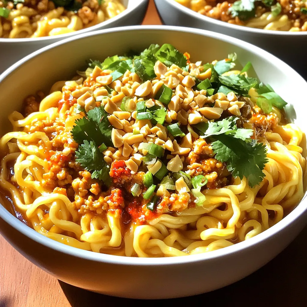 To make Spicy Dan Dan Noodles, gather these key ingredients: - 8 oz egg noodles - 2 tablespoons sesame oil - 1/2 lb ground chicken or turkey - 2 cloves garlic, minced - 1 inch ginger, grated - 2 tablespoons chili paste (adjust to taste) - 2 tablespoons soy sauce - 1 tablespoon rice vinegar - 1 tablespoon peanut butter - 1/4 cup chicken broth (or vegetable broth) - 1 cup scallions, chopped (greens only) - Salt to taste These ingredients create a perfect blend of flavors and textures, from the spicy kick of chili paste to the nutty richness of peanut butter. If you want more heat, consider adding these optional ingredients: - Szechuan peppercorns These add a unique numbing spice to your dish. Adjust the amount to suit your taste. A little goes a long way! For a beautiful finish, use these garnishes: - 1/4 cup chopped peanuts - Fresh cilantro These toppings add crunch and freshness, making your dish look and taste gourmet. Scatter them on top right before serving for the best effect. Start by cooking 8 oz of egg noodles. Follow the package instructions for the best results. Once they are ready, drain the noodles. Toss them with a little sesame oil to stop them from sticking. Set your noodles aside while you make the sauce. Grab a large skillet or wok and heat 2 tablespoons of sesame oil over medium-high heat. Add 1/2 lb of ground chicken or turkey. Cook until the meat turns brown, breaking it apart with a spoon. Next, add 2 cloves of minced garlic and 1 inch of grated ginger. Stir for about 1 minute until you smell the aroma. Now, it’s time to spice things up! Stir in 2 tablespoons of chili paste, 2 tablespoons of soy sauce, 1 tablespoon of rice vinegar, and 1 tablespoon of peanut butter. Mix it all well. Gradually pour in 1/4 cup of chicken broth while stirring. Keep cooking until the sauce gets warm and slightly thick. Season the sauce with salt to taste. If you want extra heat, toss in some Szechuan peppercorns. Now, add the cooked noodles directly into the skillet. Toss them in the spicy sauce, making sure they are well-coated. If the mixture seems dry, add a bit more broth to keep it moist. Next, mix in 1 cup of chopped scallion greens until everything is combined. Remove the skillet from the heat. Serve the noodles right away, and garnish with chopped peanuts and fresh cilantro for a lovely finish. Enjoy your flavorful and simple Spicy Dan Dan Noodles! To change the spice in your Dan Dan noodles, start with chili paste. You can use less if you prefer milder flavors. Taste it as you cook. If it’s too spicy, add more broth to balance it out. Want more heat? Add Szechuan peppercorns for a kick. These tiny spices add a unique flavor and extra warmth. Cooking the noodles right is key. Follow the package instructions closely for the best results. After cooking, drain them well. Toss them with a bit of sesame oil to prevent sticking. This simple step keeps them smooth. When mixing with the sauce, make sure the noodles are hot. This helps them soak up all the flavors. To make your dish look great, serve it in deep bowls. This adds depth and helps keep the sauce contained. Top the noodles with extra scallions and chopped peanuts. This adds color and crunch. A drizzle of sesame oil right before serving enhances the aroma. For a fresh touch, sprinkle some cilantro on top. Enjoy the vibrant look and taste! {{image_2}} You can easily make Dan Dan noodles vegetarian or vegan. Instead of ground chicken, try crumbled tofu or tempeh. Both provide a great texture and soak up flavor well. For flavor, add mushrooms. Shiitake or portobello mushrooms work best. Swap out the chicken broth for vegetable broth to keep it vegan. Use peanut butter to add richness without meat. You can also choose to use a vegan soy sauce. If you run out of an ingredient, don’t worry! You can make simple swaps. Instead of egg noodles, use rice noodles for a gluten-free option. For sesame oil, you can use olive oil as a base. If you need a nut-free version, skip the peanuts and add sunflower seeds instead. If you want more heat, use sriracha in place of chili paste. Just adjust the amount to your spice level. Dan Dan noodles have different styles across regions. In Sichuan, they often include a spicy, numbing sauce with Szechuan peppercorns. In other places, the dish might be milder and include more sesame flavors. You can also find variations with added vegetables like bok choy or bell peppers. Each region has its twist, making this dish fun to explore! To store your Spicy Dan Dan Noodles, follow these simple steps. First, let the noodles cool down. Then, place them in an airtight container. Make sure to separate the noodles and the sauce if possible. This helps keep the noodles from getting too soggy. You can store them in the fridge for up to three days. When you are ready to eat your leftovers, reheating is easy. You can use the microwave or a skillet. For the microwave, place your noodles in a safe bowl. Heat on medium power in short bursts, stirring often. If you use a skillet, add a splash of broth to keep it moist. Heat over low to medium heat while stirring. This way, your noodles stay tasty and fresh. If you want to save your Spicy Dan Dan Noodles for later, freezing is a great option. Place the cooled noodles and sauce in a freezer-safe container. Be sure to leave some space for expansion. You can freeze them for up to two months. When you are ready to eat, thaw them overnight in the fridge. Then, reheat as mentioned above. You can still enjoy your spicy meal even after freezing! Dan Dan Noodles come from Sichuan, China. They have a rich history tied to street food. The name "Dan Dan" refers to the way vendors carried noodles on a pole. They usually had a spicy sauce made from chili oil, garlic, and ground meat. Over time, recipes evolved, adding more flavors and ingredients. Today, Dan Dan Noodles are popular worldwide. They show how simple ingredients can create bold flavors. To make Spicy Dan Dan Noodles gluten-free, switch the noodles. Use rice noodles or gluten-free egg noodles. Check your soy sauce, as most have wheat. Look for tamari, which is gluten-free. You can also use coconut aminos for a soy-free option. Be sure to check all other ingredients. Rice vinegar and sesame oil are gluten-free. With these swaps, you can enjoy the same great taste without gluten. For authentic Dan Dan Noodles, look in Chinese restaurants. Many Sichuan-style places serve them. You can also find them in Asian grocery stores. Some stores sell pre-made sauces. If you want to make them at home, use my recipe. It has all the flavors you need. Explore local food blogs or cooking classes for more tips. Many chefs share their secrets online. In this post, we explored spicy Dan Dan noodles, covering ingredients, steps, tips, variations, and storage. You now know how to make these tasty noodles and adjust the spice to your taste. Try different garnishes and variations to find your favorite! Proper storage will keep leftovers fresh for later. Enjoy this dish now and share it with friends. Happy cooking!