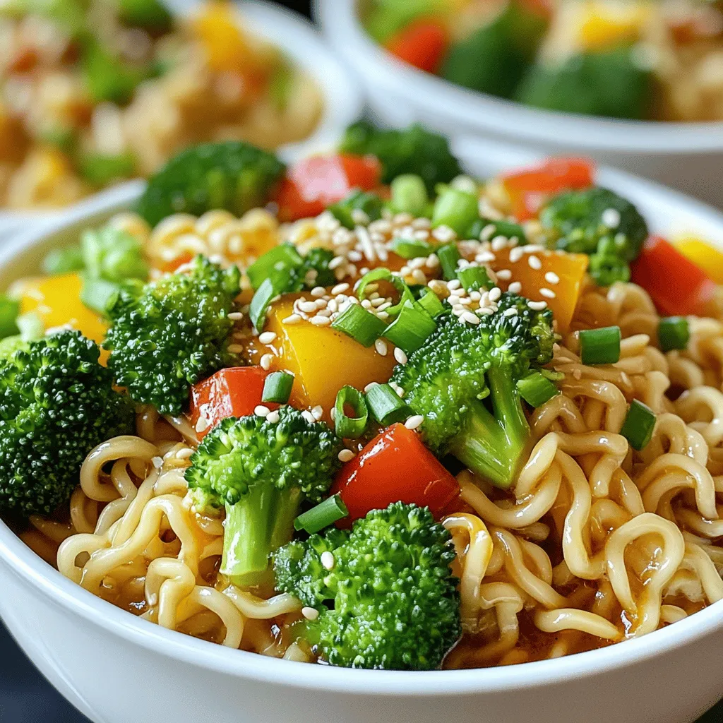 - 4 packs of instant ramen noodles (discard seasoning packets) - 1 tablespoon sesame oil - 1 tablespoon ginger, minced - 4 cloves garlic, minced - 2 tablespoons sweet chili sauce - 2 cups vegetable broth - 1 cup broccoli florets - 1 cup sliced bell peppers (red and yellow) - 1 cup shredded carrots - 1 tablespoon soy sauce - 1 teaspoon lime juice - 2 green onions, chopped (for garnish) - Sesame seeds (for garnish) You can add a few extras to make your ramen bowl shine. Consider these options: - Fresh cilantro for a zesty kick. - Sliced jalapeños for heat. - A squeeze of lime for tang. - Crushed peanuts for crunch. If you need to swap items, here are some ideas: - Use chicken or tofu instead of ramen for a protein boost. - Replace vegetable broth with chicken broth for more flavor. - Try snow peas or snap peas instead of broccoli for a fresh twist. - Use tamari instead of soy sauce for a gluten-free option. Feel free to mix and match to find what suits your taste best! First, grab four packs of instant ramen noodles. Discard the seasoning packets, as we will make our own flavor. Cook the noodles according to the package instructions. But remember, take them off the heat just before they are done. They will finish cooking later with the other ingredients. Once cooked, drain the noodles and set them aside. Next, heat one tablespoon of sesame oil in a large pot over medium heat. Add one tablespoon of minced ginger and four minced garlic cloves. Sauté for one minute until you smell the aroma. This step builds a great base for our broth. Now, pour in two cups of vegetable broth and bring it to a simmer. Once the broth is simmering, add one cup of broccoli florets, one cup of sliced bell peppers, and one cup of shredded carrots. Cook these for about three to four minutes. You want them tender but still crisp. Now it’s time to stir in the cooked ramen noodles. Add two tablespoons of sweet chili sauce, one tablespoon of soy sauce, and one teaspoon of lime juice. Mix gently to combine all the flavors. Let it cook for one to two more minutes. Taste your ramen and adjust the seasoning if needed. Serve hot in deep bowls. Garnish with chopped green onions and a sprinkle of sesame seeds for a beautiful finish. To boost the taste of your Sweet Chili Garlic Ramen Bowls, think about layers of flavor. Start with fresh ginger and garlic. They give a strong base. Use sesame oil for a nutty touch. Sweet chili sauce adds a hint of sweetness. You can also drizzle extra soy sauce for more umami. A splash of lime juice brightens the dish. Remember, tasting as you cook helps you find the right balance. Cooking your vegetables correctly makes a big difference. First, cut them into even pieces. This way, they cook at the same rate. Add them to the pot after sautéing the garlic and ginger. Keep the heat medium to avoid burning. Cook just until they are tender yet crisp. This keeps their vibrant color and crunch. You want them to complement the ramen, not turn mushy. If you have leftovers, store them in an airtight container. Keep the ramen and broth separate if possible. This helps the noodles stay firm. When you're ready to eat, reheat gently. Use a pot on low heat or a microwave. If you reheat in the microwave, add a little water. This keeps everything moist. Enjoy your ramen bowls fresh and tasty! {{image_2}} You can boost your ramen with protein. Chicken works great. Cook bite-sized pieces until golden. Add them when you combine ingredients. Tofu is another option. Use firm tofu for the best texture. Cube it and sauté briefly before mixing it in. Shrimp is also tasty. Cook them until they turn pink and add them last. Want to turn up the heat? Add sliced jalapeños or chili flakes. Mix them in with the garlic and ginger. You can also use spicy chili oil. Drizzle it on top before serving for a kick. If you love sriracha, swirl it in right before eating. These spicy options keep things exciting. This ramen can easily be made vegan. Simply skip any meat and stick to veggies. Use vegetable broth for a rich flavor. You can add more greens like spinach or kale. Mushrooms also add a nice umami touch. Swap the sweet chili sauce for a vegan option if needed. Enjoy your tasty, veggie-packed meal! To keep your sweet chili garlic ramen bowls fresh, let them cool first. Place the ramen in airtight containers. Make sure to seal them tightly. Store in the fridge for up to three days. This way, you can enjoy them later without losing flavor. If you want to freeze the ramen, use freezer-safe containers. Avoid adding any toppings, like green onions or sesame seeds, before freezing. They can make the dish soggy. Freeze the bowls for up to one month. When you're ready to eat, thaw them in the fridge overnight. Reheat your ramen gently. Use the microwave or a pot on the stove. For the microwave, heat in short bursts. Stir between bursts to heat evenly. On the stove, add a splash of broth or water to keep it moist. Heat until warm throughout. Enjoy your ramen again like it’s fresh! Yes, you can use other noodles. Try udon or soba noodles. Both options offer unique textures. Just cook them according to their package instructions. Keep in mind that cooking time may vary. Adjust your cooking based on the noodle type you choose. You can use hoisin sauce or a mix of honey and sriracha. Both options give a tasty flavor. If you prefer a spicy kick, try mixing in some red pepper flakes. The goal is to find a balance between sweet and spicy. This recipe is already vegetarian if you skip any meat. Use vegetable broth instead of chicken broth. All the veggies in the recipe are plant-based. You can add tofu for extra protein and texture. It will still taste amazing! Absolutely! Add any veggies you like. Zucchini, snap peas, or mushrooms work great. Just make sure to adjust cooking time for each vegetable. You want everything to be tender but still crunchy. This recipe takes about 20 minutes total. Prep time is about 10 minutes. Cooking the ramen and veggies takes the rest of the time. It’s quick and perfect for busy weeknights! This article walks you through easy ramen preparation, from ingredients to storage. You learned about key ingredients, helpful techniques, and tasty variations. Use the tips to boost flavors and enjoy your ramen more. Storing and reheating tips help prevent waste and keep meals fresh. With this guide, you can now create your favorite ramen dishes at home. Dive in and keep experimenting to perfect your own recipes. Enjoy your ramen journey!