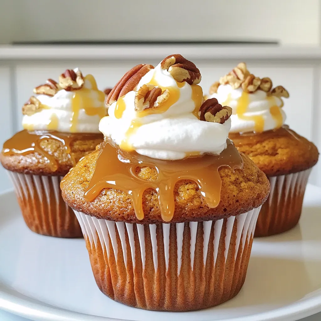 To make these delicious pumpkin spice cupcakes, gather the following ingredients: - 1 ½ cups all-purpose flour - 1 teaspoon baking powder - 1 teaspoon baking soda - 1 teaspoon ground cinnamon - ½ teaspoon ground ginger - ½ teaspoon ground nutmeg - ¼ teaspoon ground cloves - ½ teaspoon salt - ½ cup vegetable oil - 1 cup light brown sugar, packed - 2 large eggs - 1 cup canned pumpkin puree - 1 teaspoon vanilla extract - ½ cup chopped pecans (optional) - Caramel sauce (for drizzling) - Whipped cream (for topping, optional) These ingredients blend together to create moist, flavorful cupcakes. The spices add warmth, while the pumpkin gives a rich texture. The caramel drizzle makes each bite a sweet treat. If you want to add a nutty crunch, toss in the pecans. Enjoy the process of mixing these simple ingredients for a fun baking experience! - Preheat the oven to 350°F (175°C). - Prepare your muffin pan by lining it with cupcake liners. - In a medium bowl, whisk together the flour, baking powder, baking soda, spices, and salt. - In a large bowl, combine the vegetable oil and brown sugar. Mix well. - Add the eggs, pumpkin puree, and vanilla extract to this mixture. Whisk until smooth. - Gradually add the dry ingredients to the wet mix. Stir until just combined. - If you want, fold in the chopped pecans gently. - Divide the batter evenly among the cupcake liners, filling each about two-thirds full. - Bake for 18-20 minutes. Test doneness with a toothpick; it should come out clean. - Let the cupcakes cool in the pan for five minutes. Then transfer them to a wire rack to cool fully. - Oven temperature accuracy: Always check your oven's temperature with a thermometer. Ovens can be off by quite a bit. Preheating to 350°F (175°C) ensures even baking. - How to avoid overmixing: Mix your batter until just combined. Overmixing makes cupcakes dense. You want them light and fluffy. Use a spatula instead of a whisk for folding in dry ingredients. - Suggested spices additions: You can add a pinch of ground allspice or cardamom. These spices boost the warm flavors. Experiment with small amounts to find your perfect mix. - Best caramel options for topping: Use homemade caramel for a rich taste. If short on time, store-bought caramel sauce works well too. Drizzle it generously on each cupcake for a sweet finish. - Creative ways to serve: Present your cupcakes on a tiered stand. This adds height and visual appeal. You can also use colorful cupcake liners to brighten the display. - Garnishing tips with whipped cream: Use a piping bag to add whipped cream. Swirl it on top for a fun look. For a touch of flair, sprinkle cinnamon or nutmeg over the whipped cream. {{image_2}} You can easily make these cupcakes fit your diet. For gluten-free options, swap the all-purpose flour for a gluten-free blend. Look for one that works well in baking. This change keeps the texture light and fluffy. If you want vegan cupcakes, use flax eggs instead of regular eggs. Mix one tablespoon of ground flaxseed with three tablespoons of water for each egg. You can also replace vegetable oil with applesauce. This makes the cupcakes moist and adds natural sweetness. Want to make these cupcakes even more fun? Try adding chocolate chips to the batter. The rich chocolate pairs well with pumpkin spice. Use semi-sweet or dark chocolate for a nice touch. Just fold in about a half cup before baking. You can also play with nuts. Pecans add a nice crunch, but walnuts work too. They bring a different flavor to the mix. Try mixing both for a tasty surprise! Bring the fall vibe to your cupcakes by decorating them with autumn-themed items. Use candy corn or mini pumpkins on top for fun. A sprinkle of cinnamon or nutmeg can also enhance the look. For the holidays, think outside the box. Add peppermint extract for a festive twist. Top with crushed candy canes after drizzling with caramel. This gives a fresh and seasonal taste that everyone will love! After baking, let your cupcakes cool for about 5 minutes in the pan. This step helps them firm up slightly. Then, transfer them to a wire rack to cool completely. Cooling them fully prevents sogginess. Once cooled, place the cupcakes in a single layer. Use a container with a tight lid. This keeps them fresh. If you want to store them in the fridge, place the cupcakes in an airtight container. They last about a week. To freeze, wrap each cupcake in plastic wrap. Then, put them in a freezer bag. They can stay frozen for up to three months. Thaw them in the fridge overnight before serving. These cupcakes stay fresh for about one week when stored properly. Look for signs of spoilage like mold or an off smell. If they feel dry or hard, they are past their prime. Enjoy them while they taste their best! How can I make my cupcakes fluffier? To make fluffier cupcakes, you need to mix well but not too much. Start by creaming the sugar and oil. Then, carefully add the eggs and pumpkin. This helps trap air, giving your cupcakes a light texture. Can I use fresh pumpkin instead of canned? Yes, fresh pumpkin works great! Just cook and puree it first. Make sure it’s smooth to mix well. This adds a fresh flavor and can make your cupcakes taste even better. Is it possible to make these cupcakes ahead of time? Absolutely! You can bake the cupcakes a day in advance. Store them in an airtight container. Just add caramel and whipped cream before serving for the best taste. How to make homemade caramel sauce? To make caramel sauce, use sugar, butter, and cream. Heat sugar in a pan until it melts and turns amber. Add butter and stir until melted. Then, slowly mix in cream. It’s easy and delicious! Can I use store-bought caramel sauce? Yes, store-bought caramel works well! It saves time and tastes great. Just drizzle it over your cupcakes for a sweet touch. What drinks pair well with pumpkin spice cupcakes? Pumpkin spice cupcakes go well with coffee or chai tea. The flavors blend nicely. You can also try apple cider for a fun twist. How should I serve these cupcakes at a party? Serve the cupcakes on a pretty platter. Drizzle caramel sauce on top and add whipped cream if you like. You can even sprinkle some pecans for a crunchy topping. In this blog post, we explored the ingredients and steps to make delicious pumpkin spice cupcakes. You learned about baking tips, flavor variations, and how to store your treats. Remember, you can customize these cupcakes by adding spices or even making them vegan! Try serving them with a drizzle of caramel and a dollop of whipped cream for a special touch. Enjoy baking and sharing these tasty treats with family and friends!
