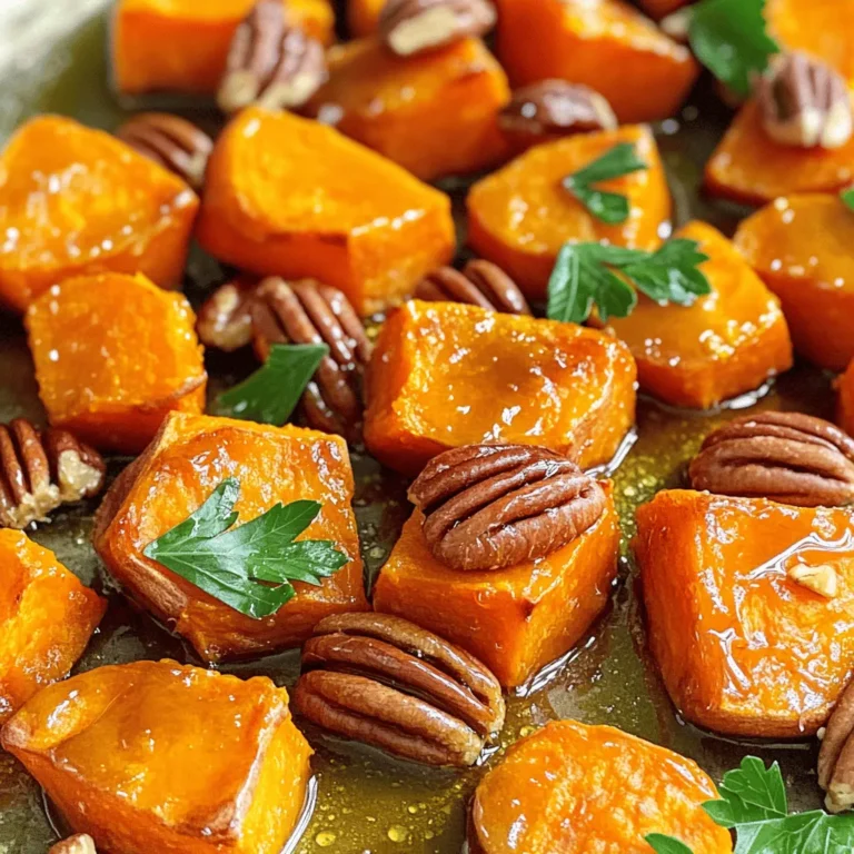- 4 medium sweet potatoes, peeled and diced into 1-inch cubes - 3 tablespoons olive oil - 1/4 cup pure maple syrup Sweet potatoes are the star of this dish. They are sweet, creamy, and packed with nutrients. You should peel and cut them into 1-inch cubes for even cooking. Olive oil adds richness and helps the sweet potatoes roast nicely. Pure maple syrup gives a sweet glaze that caramelizes perfectly in the oven. - 1 teaspoon ground cinnamon - 1/2 teaspoon sea salt - 1/4 teaspoon black pepper - 1/2 teaspoon smoked paprika These seasonings bring warmth and depth to the dish. Ground cinnamon adds a sweet spice, while sea salt enhances the natural flavors. Black pepper gives a slight kick, and smoked paprika adds a touch of smokiness. Together, they create a balanced flavor profile that complements the sweet potatoes well. - 1/4 cup pecans, roughly chopped - 2 tablespoons fresh parsley, chopped (for garnish) Pecans add crunch and richness. They also provide healthy fats. Add them in the last few minutes of roasting for a toasted flavor. Fresh parsley brightens the dish and adds color. It makes the final presentation pop and gives a fresh taste that lifts the sweet potatoes. 1. Preheat your oven to 425°F (220°C). This hot oven helps the sweet potatoes cook well. 2. Peel and dice 4 medium sweet potatoes into 1-inch cubes. Make sure the pieces are even for nice cooking. 1. In a large mixing bowl, add the sweet potatoes. Pour in 3 tablespoons of olive oil and 1/4 cup of pure maple syrup. 2. Add 1 teaspoon of ground cinnamon, 1/2 teaspoon of sea salt, 1/4 teaspoon of black pepper, and 1/2 teaspoon of smoked paprika. 3. Toss everything together until the sweet potatoes are well coated. This step gives every piece great flavor. 1. Spread the sweet potato mixture evenly on the prepared baking sheet. Make sure they are in a single layer. This helps them roast nicely. 2. Place the baking sheet in the oven and roast for 25-30 minutes. Toss the sweet potatoes halfway through for even cooking. 3. In the last 5 minutes, sprinkle 1/4 cup of roughly chopped pecans over the sweet potatoes. This adds a nice crunch and extra flavor. 4. Once they are tender and slightly caramelized, remove the sheet from the oven. Let them cool a bit before serving. To make the best sheet pan maple roasted sweet potatoes, you must spread them out evenly. When they sit in a single layer, they roast better. If they overlap, they may steam instead of roast. This can lead to uneven cooking. The oven temperature is key, too. I recommend setting your oven to 425°F (220°C). This high heat helps caramelize the sugars in the sweet potatoes. The result is a nice, crispy outside with a soft inside. You can adjust the seasonings based on your taste. If you like more spice, add extra black pepper or smoked paprika. For a sweeter touch, add more maple syrup. Fresh herbs can also elevate the dish. Chopped parsley adds brightness, while thyme or rosemary can provide depth. Fresh herbs make your dish tastier and more colorful. These roasted sweet potatoes pair well with many sides. Try serving them with grilled chicken or fish for a complete meal. They also go great with leafy green salads. For garnishing, sprinkle more fresh parsley on top before serving. You could also add a drizzle of extra maple syrup for sweetness. Chopped pecans add crunch and make the dish look lovely. {{image_2}} You can use many types of sweet potatoes. Orange-fleshed sweet potatoes are sweet and soft. Purple sweet potatoes add color and a nutty taste. You can even try Japanese sweet potatoes for a creamy texture. Each type brings unique flavor and looks to the dish. If you want to change how you cook them, consider using an air fryer. An air fryer cooks sweet potatoes fast and gives them a crispy outside. Just toss the diced sweet potatoes in oil and spices, then air fry at 400°F (200°C) for about 20 minutes. Shake the basket halfway through for even cooking. You can enhance the flavor with different spices or herbs. Try adding nutmeg for warmth or cayenne for a kick. Fresh herbs like thyme or rosemary also work great. They add freshness and depth. Mix in other nuts or seeds, too. Walnuts or almonds can replace pecans and give a tasty crunch. Toasted sesame seeds can add a nice twist as well. These small changes can make your dish feel new and exciting. This recipe fits many diets. It is naturally vegan, as it uses no animal products. You can enjoy it without worry if you follow a plant-based diet. For gluten-free options, you are in luck! All the ingredients are gluten-free, so you can serve this dish to anyone. Enjoy the flavors without any dietary concerns. To keep your roasted sweet potatoes fresh, cool them first. Store them in the fridge. Use an airtight container. This helps save flavors and moisture. They stay good for about 3 to 5 days. For the best texture, reheat in the oven. Set the oven to 350°F (175°C). Spread sweet potatoes on a baking sheet. Heat for about 10 to 15 minutes. This helps them stay crispy. You can also use a microwave. Just heat in short bursts, mixing in between. To revive flavors, drizzle a little maple syrup or olive oil before serving. Yes, you can freeze roasted sweet potatoes! Allow them to cool completely. Place them in a freezer-safe bag. Remove as much air as you can. They can last up to 3 months in the freezer. To use them, thaw in the fridge overnight. Reheat in the oven for the best taste and texture. How do you cut sweet potatoes for roasting? Cut sweet potatoes into 1-inch cubes. This size helps them cook evenly. Peeling them first makes for a smooth texture. Use a sharp knife for safe and easy cutting. Can I use brown sugar instead of maple syrup? Yes, you can use brown sugar. It will add a similar sweetness. However, maple syrup gives a unique flavor. Both options are delicious, so choose what you prefer! What if my sweet potatoes are not cooking evenly? Make sure to spread them in a single layer. If they are crowded, they will steam instead of roast. Toss them halfway through cooking to help them brown evenly. How can I make my sweet potatoes crispy? Use enough olive oil to coat them well. A high oven temperature helps too. For extra crunch, add nuts like pecans in the last few minutes of roasting. Are roasted sweet potatoes healthy? Yes, roasted sweet potatoes are very healthy. They are full of vitamins and minerals. They also have fiber, which is good for digestion. What are the benefits of sweet potatoes? Sweet potatoes are rich in antioxidants. They help fight inflammation and boost your immune system. They are also a great source of energy and can keep you full longer. Roasting sweet potatoes is simple and rewarding. You learned about the key ingredients, including sweet potatoes and maple syrup. We discussed easy steps to prepare and roast them. Tips on enhancing flavor and storing leftovers were also shared. Now, you have the tools to make a tasty dish. Enjoy experimenting with different flavors and methods. Your sweet potatoes can be a hit at any meal!