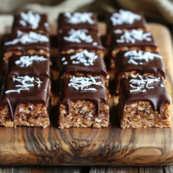 - 1 ½ cups rolled oats - 1 cup unsweetened shredded coconut - ½ cup almond butter (or any nut butter of your choice) - ½ cup honey or maple syrup - 1/3 cup unsweetened cocoa powder - 1 teaspoon vanilla extract - ¼ teaspoon salt - ½ cup dark chocolate chips (dairy-free if desired) - You can swap almond butter for peanut butter, cashew butter, or sunflower seed butter. Each nut butter gives a unique taste. - For sweeteners, try agave syrup, brown rice syrup, or coconut nectar. Each has its own flavor and sweetness level. - If you run out of cocoa powder, use carob powder. It gives a slightly different taste, but still delicious. - Mixing dry ingredients In a large bowl, add 1 ½ cups of rolled oats, 1 cup of shredded coconut, and 1/3 cup of cocoa powder. Stir these together until they are well mixed. It helps to break up any clumps, so everything blends nicely. - Whisking wet ingredients In another bowl, add ½ cup of almond butter, ½ cup of honey or maple syrup, 1 teaspoon of vanilla extract, and ¼ teaspoon of salt. Whisk these ingredients together until smooth. This mixture will provide moisture and sweetness. - Mixing wet and dry mixtures Now, pour the wet mixture into the dry one. Stir them together until they are fully combined. You can use a spatula or a wooden spoon for this. Make sure there are no dry spots left. - Using hands for thorough mixing Sometimes, using your hands helps mix everything better. Don’t be shy! Get in there and mix until the ingredients stick together well. This step is key for a good bar texture. - Line the baking dish Grab an 8x8-inch baking dish. Line it with parchment paper, leaving some paper hanging over the sides. This makes it easier to lift the bars out later. - Pressing in the mixture and melting chocolate Transfer the mixture into the lined dish. Press it down firmly and evenly with your hands or the back of a spatula. Next, melt ½ cup of dark chocolate chips in a microwave-safe bowl. Heat them in 30-second bursts, stirring in between until smooth. Pour this chocolate over the pressed mixture and spread evenly with a spatula. These steps will set you up for making delicious No Bake Chocolate Coconut Bars. Enjoy the process! To ensure the mixture sticks together, use enough nut butter and sweetener. These ingredients help bind everything. If you find it crumbly, try adding a bit more almond butter. Mix thoroughly with your hands if needed. This helps blend all the flavors well. For melting chocolate smoothly, use a microwave-safe bowl. Heat the chocolate chips in short bursts of 30 seconds. Stir after each interval until it's fully melted. This method prevents burning and keeps it smooth. For serving, arrange the bars on a rustic wooden board. This gives a nice, homey feel. You can also use a clean white plate for a modern look. Drizzle any leftover melted chocolate on top. This adds flair and makes them look gourmet. Sprinkling extra shredded coconut on top enhances their visual appeal. It adds texture and a pop of color. You can even add a few nuts for crunch and charm. Pair these bars with hot tea or coffee. The rich chocolate and coconut flavors balance well with warm drinks. They also work great as a quick snack or dessert. These bars are perfect for parties or casual get-togethers. Their easy prep makes them a hit for any occasion. You can even pack them for picnics or road trips. {{image_2}} You can make these bars more exciting with some flavor add-ins. Try adding nuts or seeds to the mix. Chopped almonds, walnuts, or pumpkin seeds will add crunch. They also boost nutrition. You can also use different flavors of nut butter. Cashew butter or peanut butter can change the taste. Each nut butter adds its unique flavor, making it fun to experiment. These bars can fit different diets too. If you need a gluten-free option, use certified gluten-free oats. They taste great but keep the bars safe for those with gluten issues. For a vegan version, swap honey for maple syrup. You can also choose dairy-free chocolate chips for a fully vegan treat. This way, everyone can enjoy them! Get creative by adding dried fruits. Chopped dates, cranberries, or raisins can sweeten the bars. This adds a chewy texture that contrasts nicely with the chocolate. You can also change the type of chocolate you use. Try white, milk, or dark chocolate instead of just dark. Each type brings a different level of sweetness. This flexibility lets you make your bars just the way you like them! To keep your No Bake Chocolate Coconut Bars fresh, store them in the fridge. Place them in an airtight container. This helps to prevent them from drying out. They will stay tasty and firm when chilled. For long-term storage, you can freeze these bars. Wrap each bar tightly in plastic wrap or foil. Then, place them in a freezer-safe container. This keeps them safe from freezer burn. When you want to enjoy a bar, simply thaw it in the fridge overnight. In the fridge, these bars last about one week. This is great for a quick snack or dessert. If you freeze them, they can last for up to three months. Just remember to check for signs of spoilage. Look for any off smells or changes in color. If the bars feel hard or dry, they may not taste good anymore. Always trust your senses. If something seems off, it’s best to toss them. Enjoy your treats while they are fresh! Can I use honey instead of maple syrup? Yes, you can use honey instead of maple syrup. Both sweeteners add a nice flavor. Honey gives a bit of a floral taste, while maple syrup is rich and earthy. Pick based on your taste or what you have at home. How do I make these bars vegan? To make these bars vegan, replace honey with maple syrup. Choose a nut butter that is dairy-free. Use dark chocolate chips that are labeled vegan. This way, you can enjoy these bars without any animal products. What to do if the bars are too crumbly? If your bars are too crumbly, add a bit more almond butter or syrup. This will help bind the mixture together. Press the mix down harder in the pan. Let it chill longer if needed. Can I substitute almond butter with a different nut butter? Yes, you can use any nut butter you like. Peanut butter works well and adds a fun taste. Cashew butter or sunflower seed butter are good options too. Just make sure to check for allergies. Caloric content per serving Each bar has about 180 calories. This can vary based on the nut butter and chocolate used. Health benefits of ingredients used These bars have rolled oats, which are high in fiber. Fiber helps keep you full and supports digestion. The coconut adds healthy fats. Almond butter provides protein, while dark chocolate is rich in antioxidants. These ingredients work together to make a tasty, wholesome treat. This blog post covered how to make tasty and healthy bars. We discussed the key ingredients, which can be swapped easily. You learned the steps to mix and set your bars and tips to make them shine. I also shared storage tricks to keep your bars fresh. Remember, these bars are flexible! You can adjust them to fit your taste or diet. Enjoy experimenting with flavors and share your creations with friends and family. You have the knowledge now, so go ahead and make these delicious bars!