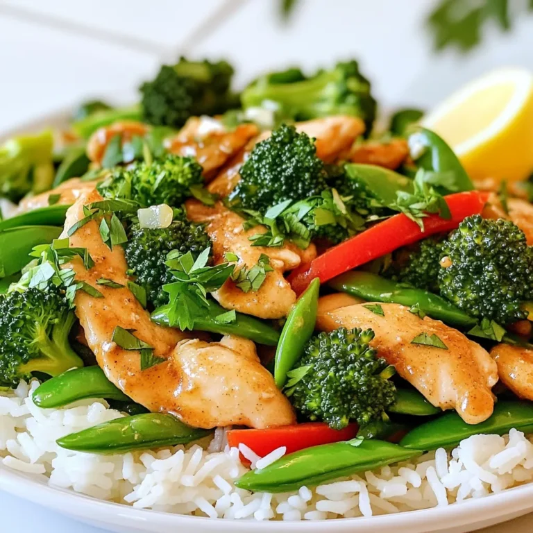 - 1 lb (450g) boneless, skinless chicken breasts, sliced into thin strips - 2 cups broccoli florets - 1 red bell pepper, sliced - 1 cup snap peas - 4 cloves garlic, minced - 2 tablespoons fresh parsley, chopped - 1 tablespoon fresh thyme, chopped - 2 tablespoons soy sauce - 1 tablespoon cornstarch - 1 tablespoon olive oil - Salt and pepper to taste In this recipe, the chicken serves as the main protein. I use fresh garlic to add a robust flavor. The vegetables bring color and crunch, making the dish more appealing. - 1 tablespoon oyster sauce - Additional fresh herbs for presentation The oyster sauce adds a sweet and savory touch. Presentation herbs like extra parsley or thyme can make the dish pop visually. - Cooked jasmine rice - Quinoa I suggest serving this stir fry over jasmine rice or quinoa. Both options soak up the sauce well and make the meal more filling. - Coating the chicken Start by slicing the chicken breasts into thin strips. In a bowl, mix the chicken with cornstarch, salt, and pepper. Toss the chicken until it is fully coated. This step helps create a nice texture when you cook it. - Prepping the vegetables Next, wash and cut the vegetables. Slice the red bell pepper, and wash the broccoli florets. Rinse the snap peas too. Make sure you have everything ready to go. This will make cooking quick and easy. - Sautéing chicken Heat olive oil in a large skillet or wok over medium-high heat. Once the oil is hot, add the chicken in a single layer. Cook for about 4-5 minutes. The chicken should brown nicely and be cooked through. Remove the chicken from the skillet and set it aside. - Adding garlic and vegetables In the same skillet, add minced garlic. Sauté it for about 30 seconds until it smells great. Then, add the broccoli, red bell pepper, and snap peas. Stir-fry for about 3-4 minutes. You want the vegetables to be bright and tender-crisp. - Adding sauces and herbs Return the cooked chicken to the skillet. Pour in the soy sauce and oyster sauce, if you are using it. Toss everything together to coat evenly. This adds a lot of flavor to the dish. - Serving recommendations Sprinkle chopped parsley and thyme over the stir fry. Stir everything for another minute until it is heated through. Adjust the seasoning with more salt or pepper if needed. Serve the garlic herb chicken stir fry over cooked jasmine rice or quinoa for a complete meal. To make a great stir-fry, start hot. Heat your skillet or wok until it sizzles. This helps brown the chicken, giving it a nice texture. For tender chicken, coat the strips in cornstarch. This keeps them juicy and soft. Don’t crowd the pan; cook in batches if needed. Fresh herbs boost the dish's flavor. Use parsley and thyme for a fresh taste. Chop them finely and add them at the end for the best flavor. Adjust seasoning as you cook. Taste your stir-fry and add more salt or pepper if needed. This makes sure every bite is packed with flavor. Prep your veggies ahead of time. Chop broccoli, bell pepper, and snap peas in advance. Store them in the fridge for easy access. Quick meal prep makes cooking easier. You can coat the chicken and chop herbs the night before. This way, you can whip up your stir-fry in no time. {{image_2}} You can swap chicken for beef, shrimp, or tofu. - Beef: Use thin slices of flank steak. Cook until brown, about 4-5 minutes. - Shrimp: Use peeled and deveined shrimp. They cook quick, about 2-3 minutes. - Tofu: Use firm tofu, cut into cubes. Sauté until golden, about 5-6 minutes. Feel free to mix in other veggies you enjoy. - Carrots: Slice them thin for quick cooking. - Zucchini: Cut into half-moons for added color. - Mushrooms: Use button or shiitake mushrooms for umami flavor. You can easily make this dish fit your diet. - Gluten-free: Use tamari instead of soy sauce. - Low-carb: Skip rice or quinoa and serve over cauliflower rice. - Paleo: Use coconut aminos instead of soy sauce for a tasty twist. Store your garlic herb chicken stir fry in an airtight container. Keep it in the fridge. It will stay fresh for about three to four days. Make sure to let it cool before sealing. This helps prevent moisture build-up. The best way to reheat your stir fry is on the stove. Heat it in a skillet over medium heat. Add a splash of water or oil to keep it moist. Stir it often for even heating. You can also use a microwave. Place it in a microwave-safe dish. Cover it with a lid or a damp paper towel. Heat in short bursts, stirring between each burst. You can freeze the stir fry for later. Use a freezer-safe bag or container. Make sure to remove all air before sealing. Label it with the date. It will stay good for about two to three months. To defrost, move it to the fridge overnight. You can also use the microwave to thaw it quickly. Once thawed, reheat as mentioned above. To keep chicken tender, use cornstarch. Coating the chicken strips with cornstarch helps lock in moisture. Cook the chicken over medium-high heat for just 4-5 minutes. Avoid overcooking, as this can dry it out. Letting the chicken rest before serving also helps keep it juicy. Yes, you can use frozen vegetables. They are convenient and quick to prepare. Just remember to thaw them first to ensure even cooking. Frozen veggies may not be as crisp as fresh ones, but they still taste great. Use a mix of your favorites for a colorful dish. To add heat, include red pepper flakes or diced fresh chili peppers. You can also use spicy sauces like Sriracha or chili garlic sauce. Start with a small amount and taste as you go. This way, you can adjust the spice level to your liking. I recommend serving this stir fry over jasmine rice or quinoa. These grains soak up the sauce well and create a nice base. You can also add a side salad for extra crunch. Try a simple cucumber salad with a splash of vinegar for a refreshing touch. In this blog post, we discussed how to make a tasty Garlic Herb Chicken Stir Fry. We looked at key ingredients like chicken and fresh vegetables, plus sauces to boost flavor. I shared step-by-step cooking instructions to make this dish easy. You learned valuable tips for perfecting your stir fry and ways to customize it with different proteins and veggies. Remember, cooking should be fun and creative. Use what you enjoy to make this dish your own!