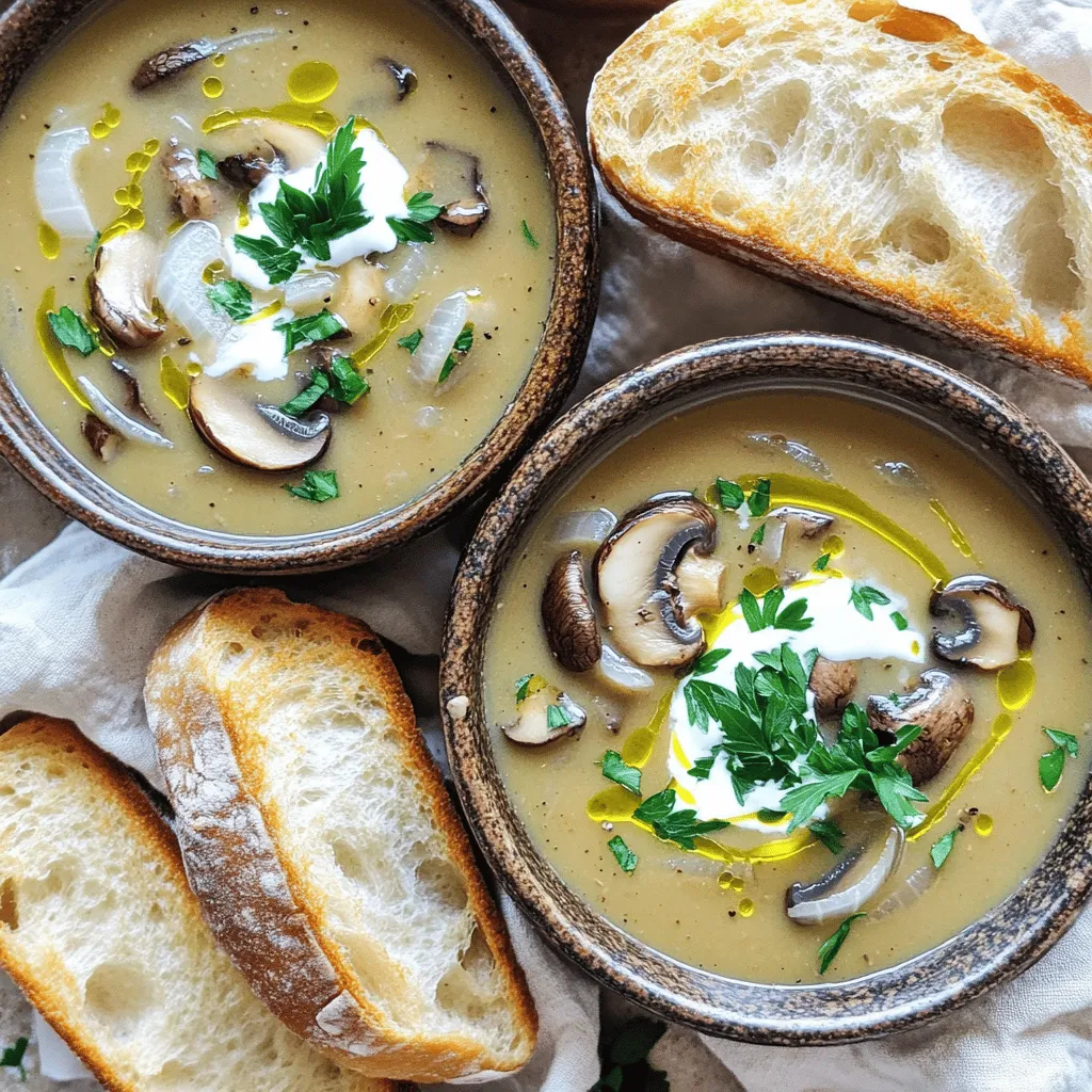 - 1 lb assorted wild mushrooms (shiitake, oyster, cremini), sliced - 1 medium yellow onion, diced - 3 cloves garlic, minced - 4 cups vegetable broth - 1 cup heavy cream (or coconut cream for a dairy-free option) - 2 tablespoons olive oil - 1 teaspoon dried thyme - 1 teaspoon dried rosemary - Salt and pepper to taste - 2 tablespoons fresh parsley, chopped (for garnish) - 1 tablespoon balsamic vinegar for depth of flavor - Use coconut cream instead of heavy cream for a dairy-free option. - Swap vegetable broth for chicken broth if you prefer. - You can use any mix of mushrooms you like. Try button or portobello. - For a gluten-free option, check your broth for gluten content. First, gather all your ingredients. You will need: - 1 lb assorted wild mushrooms (shiitake, oyster, cremini), sliced - 1 medium yellow onion, diced - 3 cloves garlic, minced - 4 cups vegetable broth - 1 cup heavy cream (or coconut cream for a dairy-free option) - 2 tablespoons olive oil - 1 teaspoon dried thyme - 1 teaspoon dried rosemary - Salt and pepper to taste - 2 tablespoons fresh parsley, chopped (for garnish) - Optional: 1 tablespoon balsamic vinegar for depth of flavor Next, heat the olive oil in a large skillet over medium heat. Add the diced onion. Sauté for 3-4 minutes until it turns soft and clear. Then, add the minced garlic. Cook for one more minute, just until it smells good. After that, move the cooked onion and garlic into your slow cooker. This step adds great flavor to the soup. Now, it's time to add the main ingredients into the slow cooker. Place the sliced mushrooms, vegetable broth, dried thyme, and dried rosemary into the pot. If you want, stir in the balsamic vinegar for extra taste. Season this mixture with salt and pepper as per your liking. Cover your slow cooker and set it to cook. You can choose low for 6-8 hours or high for 3-4 hours. The mushrooms should become tender and flavorful. About 30 minutes before you plan to serve, stir in the heavy cream or coconut cream. This will make the soup creamy and rich. Check the seasoning again, and adjust if needed. When done, use an immersion blender to blend the soup slightly. This creates a nice creamy texture while keeping some mushrooms whole for that rustic look. Serve the soup hot. Garnish with fresh chopped parsley on top. This adds a lovely color and fresh taste. Enjoy with crusty bread for dipping! Choosing mushrooms is key for great soup. I like to use a mix of wild mushrooms. Shiitake, oyster, and cremini work well together. Look for mushrooms that are firm and fresh. Avoid any that look slimy or dried out. Smell them too. They should smell earthy and rich. If you can, buy them from a local farmer’s market for the best quality. To add depth to your soup, sauté the onions and garlic first. This step brings out their natural sweetness. You can also add balsamic vinegar. It adds a nice tang and enhances the mushroom flavor. Don’t forget to season with salt and pepper. This helps balance the taste. Use fresh herbs like thyme and rosemary. They give a bright, fresh flavor to your soup. Garnishing makes your soup look special. I love using fresh parsley on top. It adds color and freshness. You can also drizzle a bit of cream for a nice touch. Serve your soup with crusty bread. It is perfect for dipping. For a fun twist, try adding crispy mushrooms on top. They add a nice crunch and look great. Enjoy your delicious soup! {{image_2}} To make this soup dairy-free, you can use coconut cream instead of heavy cream. Coconut cream adds a rich, creamy texture without dairy. It has a slight sweetness that pairs well with mushrooms. To use coconut cream, simply swap it in during the last 30 minutes of cooking. Stir it into the soup just like you would with heavy cream. This change keeps the flavors balanced while catering to those who avoid dairy. This wild mushroom soup is vegetarian by default. It contains vegetable broth and cream, which are perfect for vegetarians. If you want to make it vegan, just replace the heavy cream with coconut cream. Ensure your vegetable broth is vegan-friendly, as some brands may use animal products. This small swap makes the soup suitable for everyone while keeping the taste bold and satisfying. You can customize this soup to fit your taste by adding extra vegetables or proteins. Try adding carrots, celery, or spinach for more flavor and nutrition. You can also add cooked lentils or chickpeas for protein. This makes the soup heartier and more filling. Just remember to add these extras in the slow cooker along with the mushrooms. They will cook down and absorb all the delicious flavors. To store leftover soup, first let it cool. Pour the soup into an airtight container. Make sure to leave some space at the top. This allows for expansion when freezing. Seal the container tightly. Store the soup in the fridge for up to three days. When you are ready to enjoy the soup again, pour it into a pot. Heat it over medium heat on the stove. Stir the soup often to prevent it from sticking. If the soup seems thick, add a splash of broth or water. You can also reheat it in the microwave. Use a microwave-safe bowl and cover it loosely. Heat in short bursts, stirring in between. To freeze the soup, use freezer-safe containers. Fill the containers with cooled soup, leaving space at the top. Label the containers with the date. The soup can freeze well for up to three months. When you are ready to eat, thaw it overnight in the fridge. Reheat as mentioned earlier for the best flavor. For wild mushroom soup, I love using a mix. Shiitake, oyster, and cremini mushrooms work best. Shiitake adds a rich, earthy flavor. Oyster mushrooms bring a delicate taste. Cremini mushrooms add depth. You can mix and match based on what you find. Fresh or dried mushrooms can both give great flavor. Yes, you can prepare this soup ahead of time. This soup actually tastes better the next day! You can make it and store it in the fridge for up to three days. Just reheat it on the stove. If you freeze it, use it within three months. Let it cool first before freezing. To make the soup thicker, blend more of it. Use an immersion blender for a creamy texture. You can also add a bit of flour or cornstarch mixed with water. If you want a thinner soup, add more vegetable broth or cream. Stir well to mix the new ingredients before serving. This blog post guides you through making wild mushroom soup, from ingredients to storage. We covered the main ingredients, optional add-ins, and healthy substitutions. You learned to prep, cook, and add final touches, plus tips to choose the best mushrooms. Flavor is key, and I shared ways to enhance it. Remember, you can adjust for dietary needs with dairy-free and vegan options. Lastly, knowing how to store and reheat your soup makes meal prep easier. Enjoy your cooking adventures!