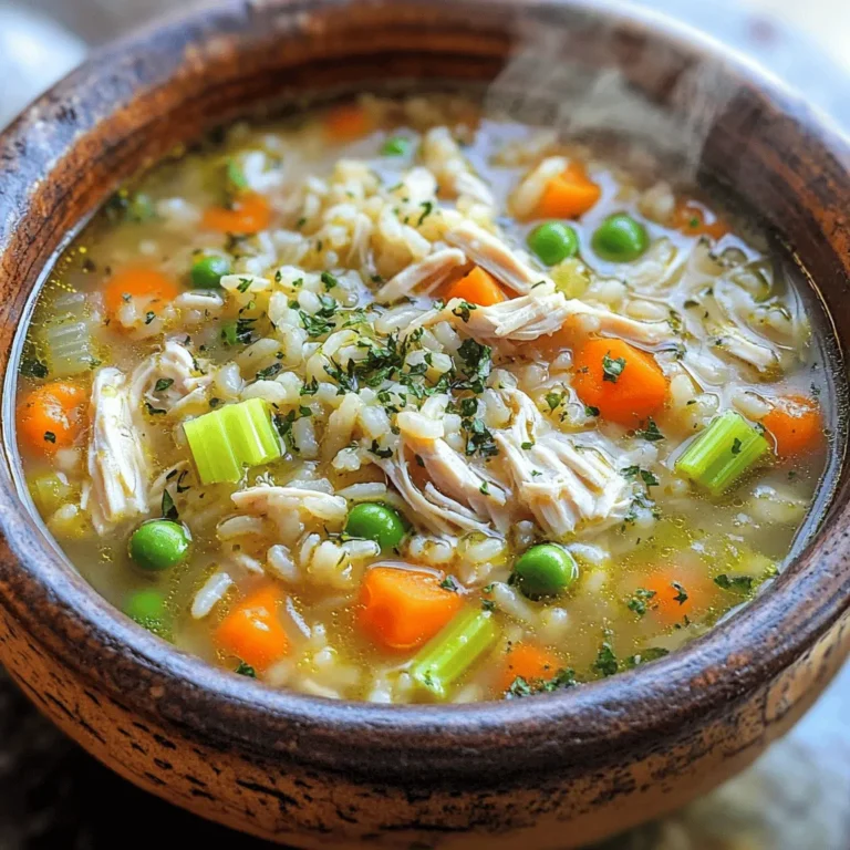To make One-Pot Chicken Rice Soup, you need: - 1 tablespoon olive oil - 1 medium onion, diced - 2 cloves garlic, minced - 2 carrots, diced - 2 celery stalks, diced - 1 teaspoon dried thyme - 1 teaspoon dried parsley - ½ teaspoon black pepper - 6 cups chicken broth - 1 cup cooked, shredded chicken - 1 cup brown rice, rinsed - 1 cup frozen peas - 1 tablespoon lemon juice - Salt to taste - Fresh parsley, chopped (for garnish) These ingredients create a warm and tasty soup. The olive oil helps to sauté the veggies. The chicken broth adds depth and flavor. Shredded chicken makes it hearty, while the rice provides a satisfying base. You can add some fun twists to your soup: - Fresh spinach for extra greens - Corn for a sweet crunch - Bell peppers for color and flavor - A splash of hot sauce for heat Feel free to mix and match. These ingredients let you personalize your soup. You can cater to your taste or use what you have on hand. You will need a few basic tools: - A large pot for cooking - A wooden spoon for stirring - A sharp knife for chopping - A cutting board for prep Having the right tools makes cooking easier. These items help you create a smooth and enjoyable cooking experience. To make this warm soup, start with these simple steps. First, heat 1 tablespoon of olive oil in a large pot over medium heat. Add 1 diced onion, 2 minced garlic cloves, 2 diced carrots, and 2 diced celery stalks. Sauté these for about 5 minutes. You want the veggies to soften slightly. Next, mix in 1 teaspoon of dried thyme, 1 teaspoon of dried parsley, and ½ teaspoon of black pepper. Cook for 1 more minute to let those flavors bloom. Now, pour in 6 cups of chicken broth. Bring this mixture to a gentle boil. Once boiling, add 1 cup of cooked, shredded chicken and 1 cup of rinsed brown rice. Lower the heat, cover the pot, and let it simmer for 45 minutes. This is when the rice will soften and soak up all the tasty broth. After 45 minutes, stir in 1 cup of frozen peas and 1 tablespoon of lemon juice. Heat it through for another 5 minutes. Finally, taste your soup. Add salt if needed. Serve it hot, garnished with fresh chopped parsley for a nice touch. To make your soup even better, consider these tips: - Use good-quality chicken broth. It makes a big difference in flavor. - Swap in fresh herbs if you have them. They add great taste. - If you want more spice, add a pinch of red pepper flakes. - For a creamier soup, stir in a splash of heavy cream just before serving. Serve your One-Pot Chicken Rice Soup with warm bread or a fresh salad. This soup is a meal on its own, but a light side works well too. You can also top it with some freshly grated cheese for extra flavor. Enjoy it with family or friends for a cozy dinner. To bring out the best taste in your One-Pot Chicken Rice Soup, try these tips: - Add herbs: Fresh herbs like thyme and parsley boost flavor. - Use homemade broth: It adds depth and richness. - Squeeze lemon: A splash of lemon juice brightens the soup. - Include spices: A pinch of cayenne or paprika can add warmth. These small changes can make a big difference in taste. You can easily modify this soup for different diets: - For gluten-free: Use gluten-free broth and rice. - For low-carb: Swap brown rice for cauliflower rice. - For vegetarian: Replace chicken with chickpeas and use vegetable broth. These adjustments keep the soup tasty while meeting different dietary needs. Avoid these pitfalls to ensure a great soup: - Overcooking the rice: This makes it mushy. Check the rice often. - Skipping salt: A little salt can enhance all flavors. - Not tasting: Always taste before serving. Adjust seasoning as needed. Being mindful of these mistakes can lead to a better soup every time. {{image_2}} You can swap out chicken for other proteins. Try turkey for a lighter taste. You can also use cooked shrimp for a seafood twist. If you're vegan, use chickpeas or tofu. They add protein and texture while keeping it plant-based. Feel free to add more veggies to your soup. Spinach or kale works great for extra greens. You could also toss in bell peppers or zucchini for color and crunch. Just chop them small so they cook quickly. This way, you get more nutrients in every bowl. While brown rice is tasty, other grains can work too. Quinoa is a great choice for a protein boost. You can also use barley for a hearty feel. If you want a gluten-free option, go for rice or quinoa. Each grain changes the soup's flavor and texture. After you make One-Pot Chicken Rice Soup, let it cool first. Then, store it in a clean, airtight container. This keeps the soup fresh and safe. You can keep it in the fridge for up to three days. To enjoy the best taste, eat it sooner rather than later. If you want to save some for later, freezing works well. Use freezer-safe containers or bags. Make sure to leave some space for expansion. Label the bags with a date. This soup can last for up to three months in the freezer. When you're ready to eat it, just thaw it overnight in the fridge. To reheat the soup, pour it into a pot. Heat it on low to medium heat. Stir it often to prevent sticking. If the soup is too thick, add a little chicken broth or water. You can also use the microwave. Heat it in short bursts, stirring in between. This keeps it warm and tasty! Yes, you can use white rice. White rice cooks faster than brown rice. Reduce the simmer time to about 20 minutes. This will ensure it cooks just right. To use a slow cooker, first sauté the onion, garlic, carrots, and celery in a pan. Then, add them to the slow cooker. Next, add the chicken broth, shredded chicken, and rice. Cook on low for 4 to 6 hours. Stir in the peas and lemon juice just before serving. You can serve this soup with warm bread or a simple salad. A slice of crusty bread pairs well. A fresh green salad adds a nice crunch. This soup lasts about 3 to 4 days in the fridge. Store it in an airtight container. Make sure it cools before placing it in the fridge. Yes, you can make this soup gluten-free. Use gluten-free chicken broth and check the rice. Most brown and white rice is gluten-free, making it safe for your diet. This blog post covered all the steps to make a great One-Pot Chicken Rice Soup. You learned about key ingredients and tools needed. We shared methods for cooking and serving. Tips for flavor and dietary needs were also discussed. You now have ways to customize and store your soup. In your kitchen, keep this guide handy. Enjoy creating a soup that warms hearts and stomachs!