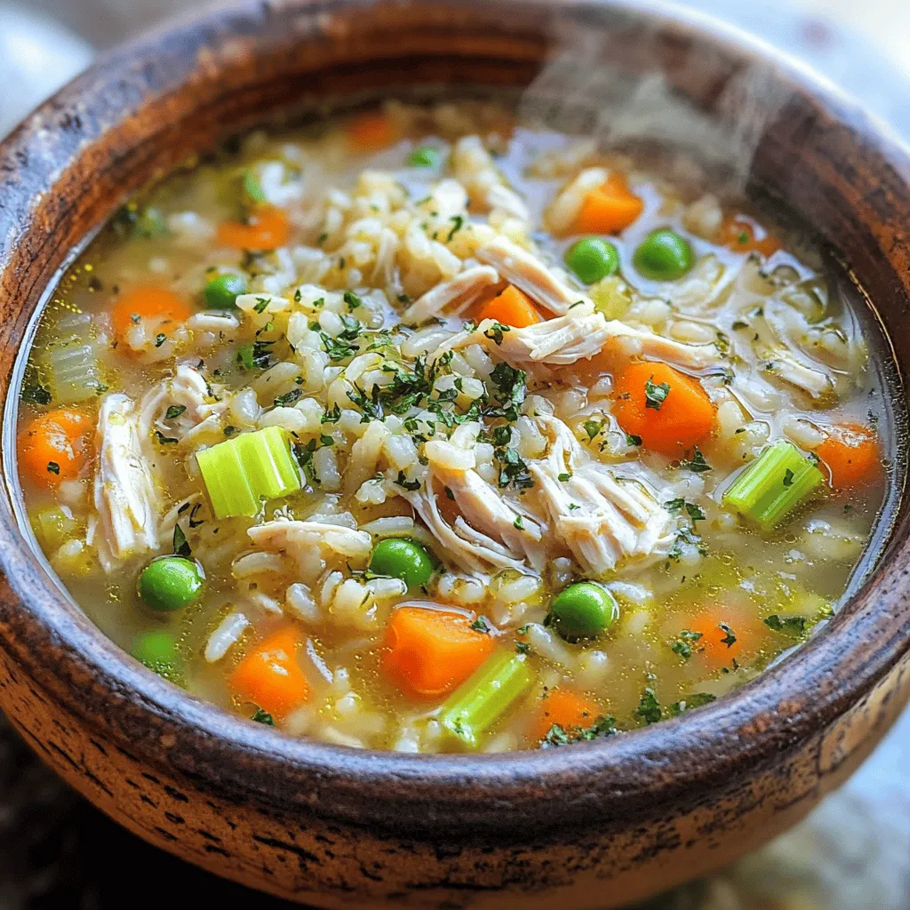 To make One-Pot Chicken Rice Soup, you need: - 1 tablespoon olive oil - 1 medium onion, diced - 2 cloves garlic, minced - 2 carrots, diced - 2 celery stalks, diced - 1 teaspoon dried thyme - 1 teaspoon dried parsley - ½ teaspoon black pepper - 6 cups chicken broth - 1 cup cooked, shredded chicken - 1 cup brown rice, rinsed - 1 cup frozen peas - 1 tablespoon lemon juice - Salt to taste - Fresh parsley, chopped (for garnish) These ingredients create a warm and tasty soup. The olive oil helps to sauté the veggies. The chicken broth adds depth and flavor. Shredded chicken makes it hearty, while the rice provides a satisfying base. You can add some fun twists to your soup: - Fresh spinach for extra greens - Corn for a sweet crunch - Bell peppers for color and flavor - A splash of hot sauce for heat Feel free to mix and match. These ingredients let you personalize your soup. You can cater to your taste or use what you have on hand. You will need a few basic tools: - A large pot for cooking - A wooden spoon for stirring - A sharp knife for chopping - A cutting board for prep Having the right tools makes cooking easier. These items help you create a smooth and enjoyable cooking experience. To make this warm soup, start with these simple steps. First, heat 1 tablespoon of olive oil in a large pot over medium heat. Add 1 diced onion, 2 minced garlic cloves, 2 diced carrots, and 2 diced celery stalks. Sauté these for about 5 minutes. You want the veggies to soften slightly. Next, mix in 1 teaspoon of dried thyme, 1 teaspoon of dried parsley, and ½ teaspoon of black pepper. Cook for 1 more minute to let those flavors bloom. Now, pour in 6 cups of chicken broth. Bring this mixture to a gentle boil. Once boiling, add 1 cup of cooked, shredded chicken and 1 cup of rinsed brown rice. Lower the heat, cover the pot, and let it simmer for 45 minutes. This is when the rice will soften and soak up all the tasty broth. After 45 minutes, stir in 1 cup of frozen peas and 1 tablespoon of lemon juice. Heat it through for another 5 minutes. Finally, taste your soup. Add salt if needed. Serve it hot, garnished with fresh chopped parsley for a nice touch. To make your soup even better, consider these tips: - Use good-quality chicken broth. It makes a big difference in flavor. - Swap in fresh herbs if you have them. They add great taste. - If you want more spice, add a pinch of red pepper flakes. - For a creamier soup, stir in a splash of heavy cream just before serving. Serve your One-Pot Chicken Rice Soup with warm bread or a fresh salad. This soup is a meal on its own, but a light side works well too. You can also top it with some freshly grated cheese for extra flavor. Enjoy it with family or friends for a cozy dinner. To bring out the best taste in your One-Pot Chicken Rice Soup, try these tips: - Add herbs: Fresh herbs like thyme and parsley boost flavor. - Use homemade broth: It adds depth and richness. - Squeeze lemon: A splash of lemon juice brightens the soup. - Include spices: A pinch of cayenne or paprika can add warmth. These small changes can make a big difference in taste. You can easily modify this soup for different diets: - For gluten-free: Use gluten-free broth and rice. - For low-carb: Swap brown rice for cauliflower rice. - For vegetarian: Replace chicken with chickpeas and use vegetable broth. These adjustments keep the soup tasty while meeting different dietary needs. Avoid these pitfalls to ensure a great soup: - Overcooking the rice: This makes it mushy. Check the rice often. - Skipping salt: A little salt can enhance all flavors. - Not tasting: Always taste before serving. Adjust seasoning as needed. Being mindful of these mistakes can lead to a better soup every time. {{image_2}} You can swap out chicken for other proteins. Try turkey for a lighter taste. You can also use cooked shrimp for a seafood twist. If you're vegan, use chickpeas or tofu. They add protein and texture while keeping it plant-based. Feel free to add more veggies to your soup. Spinach or kale works great for extra greens. You could also toss in bell peppers or zucchini for color and crunch. Just chop them small so they cook quickly. This way, you get more nutrients in every bowl. While brown rice is tasty, other grains can work too. Quinoa is a great choice for a protein boost. You can also use barley for a hearty feel. If you want a gluten-free option, go for rice or quinoa. Each grain changes the soup's flavor and texture. After you make One-Pot Chicken Rice Soup, let it cool first. Then, store it in a clean, airtight container. This keeps the soup fresh and safe. You can keep it in the fridge for up to three days. To enjoy the best taste, eat it sooner rather than later. If you want to save some for later, freezing works well. Use freezer-safe containers or bags. Make sure to leave some space for expansion. Label the bags with a date. This soup can last for up to three months in the freezer. When you're ready to eat it, just thaw it overnight in the fridge. To reheat the soup, pour it into a pot. Heat it on low to medium heat. Stir it often to prevent sticking. If the soup is too thick, add a little chicken broth or water. You can also use the microwave. Heat it in short bursts, stirring in between. This keeps it warm and tasty! Yes, you can use white rice. White rice cooks faster than brown rice. Reduce the simmer time to about 20 minutes. This will ensure it cooks just right. To use a slow cooker, first sauté the onion, garlic, carrots, and celery in a pan. Then, add them to the slow cooker. Next, add the chicken broth, shredded chicken, and rice. Cook on low for 4 to 6 hours. Stir in the peas and lemon juice just before serving. You can serve this soup with warm bread or a simple salad. A slice of crusty bread pairs well. A fresh green salad adds a nice crunch. This soup lasts about 3 to 4 days in the fridge. Store it in an airtight container. Make sure it cools before placing it in the fridge. Yes, you can make this soup gluten-free. Use gluten-free chicken broth and check the rice. Most brown and white rice is gluten-free, making it safe for your diet. This blog post covered all the steps to make a great One-Pot Chicken Rice Soup. You learned about key ingredients and tools needed. We shared methods for cooking and serving. Tips for flavor and dietary needs were also discussed. You now have ways to customize and store your soup. In your kitchen, keep this guide handy. Enjoy creating a soup that warms hearts and stomachs!