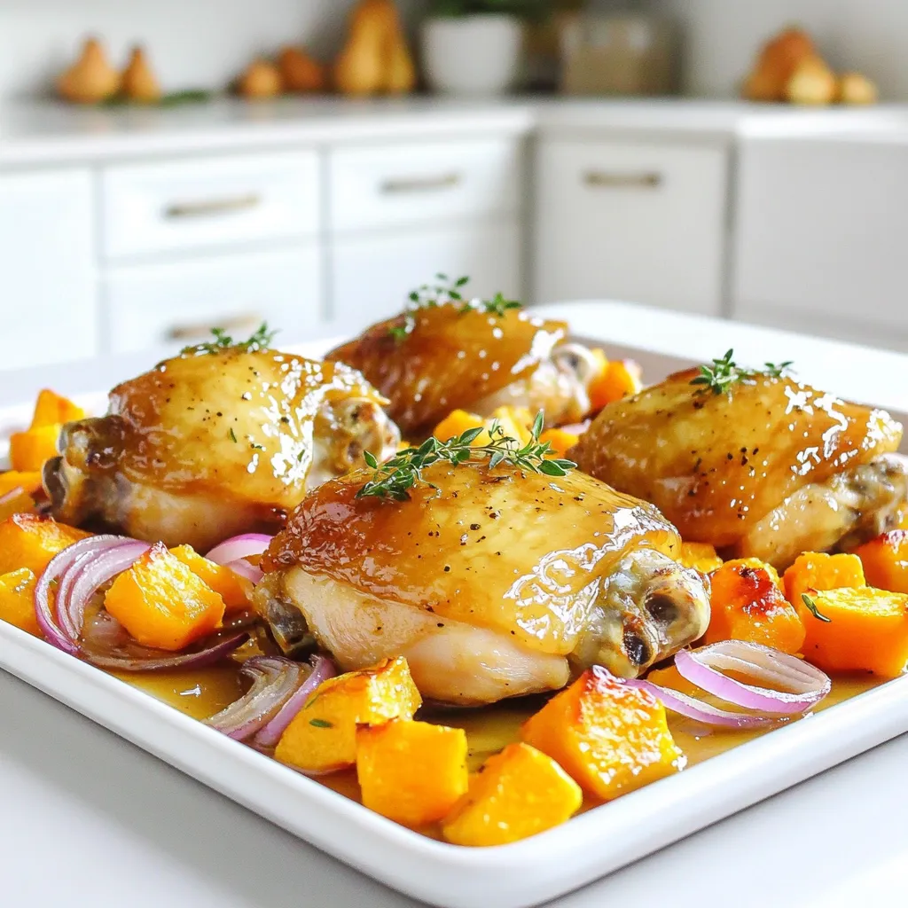 - 4 boneless, skinless chicken thighs - 2 cups butternut squash, peeled and cubed - 1 red onion, sliced - 2 tablespoons olive oil - 1/4 cup pure maple syrup - 2 tablespoons Dijon mustard - 1 teaspoon garlic powder - 1/2 teaspoon smoked paprika - 1/2 teaspoon salt - 1/4 teaspoon black pepper - Fresh thyme sprigs I love using these fresh and simple ingredients for this dish. The chicken thighs provide a rich flavor and stay juicy when baked. The butternut squash adds a sweet and creamy texture. Red onion gives a slight crunch and a hint of sweetness. For the marinade, I combine olive oil, maple syrup, and Dijon mustard. This mix creates a wonderful glaze that caramelizes in the oven. Garlic powder and smoked paprika add depth to the flavor. Salt and black pepper round out the taste perfectly. If you want to elevate your dish, add fresh thyme sprigs as a garnish. They bring a burst of freshness and color to your plate. This dish is not only delicious but also a feast for the eyes! To start, preheat your oven to 400°F (200°C). This helps your chicken cook evenly and gets that nice glaze. While the oven warms, let’s prepare the chicken. In a large mixing bowl, whisk together the maple syrup, Dijon mustard, garlic powder, smoked paprika, salt, and black pepper. Mix until well combined. Now, add the chicken thighs to the bowl. Make sure each piece is coated well in the marinade. Cover the bowl and let it sit for at least 15 minutes. If you have time, let it marinate for up to an hour for even more flavor. Next, grab a large sheet pan. Spread the cubed butternut squash and sliced red onion across it. Drizzle the veggies with olive oil. Season them with a pinch of salt and black pepper. Toss the squash and onion until they are evenly coated. Once your vegetables are ready, place the marinated chicken thighs right on top of the veggies. Pour any leftover marinade over both the chicken and squash for extra flavor. Now it’s time to bake! Slide the sheet pan into your preheated oven. Bake for 25 to 30 minutes. Keep an eye on the chicken; it should reach an internal temperature of 165°F (74°C) to ensure it’s fully cooked. The squash should be tender and ready to enjoy. Once the dish is done, take it out and let it rest for about 5 minutes. This helps the juices redistribute. If you like, garnish with fresh thyme sprigs before serving. Enjoy your meal! To get the best maple glaze, marinate the chicken for at least 15 minutes. For more flavor, let it sit for up to an hour. This allows the chicken to soak up the sweet and tangy mix. If you want a sweeter glaze, add more maple syrup. To balance it, try adding a bit more Dijon mustard. When roasting the squash, cut it into uniform pieces. This helps them cook evenly. Toss the cubed squash and sliced red onion in olive oil, salt, and pepper. Spread them out well on the sheet pan. Keep space between the pieces to allow them to roast nicely. For the chicken, place it on top of the veggies. This way, it will get some flavor from the vegetables as it cooks. Pair this dish with a simple green salad for freshness. A side of wild rice or quinoa also works well. The flavors of the chicken and squash bring out the best in these sides. For a special touch, sprinkle some fresh thyme over the dish before serving. This adds a nice pop of color and flavor. {{image_2}} You can switch out the butternut squash for other veggies. Try sweet potatoes, carrots, or Brussels sprouts. These veggies roast well and add a nice flavor. If you want to use a different cut of chicken, you can pick chicken breasts or drumsticks. Just make sure to adjust cooking time. Thinner cuts may cook faster, while thicker cuts may take longer. To spice things up, add a pinch of cayenne pepper or red pepper flakes. This will bring some heat to the dish. You can also try smoked paprika for a deeper flavor. For the glaze, mix things up! Use honey instead of maple syrup or add a splash of soy sauce for a savory twist. You can even mix in some orange juice for a fruity zest. If you need a gluten-free option, this recipe is a great choice. Just ensure your Dijon mustard is gluten-free. For Whole30 or paleo diets, swap maple syrup for coconut aminos. This keeps the sweetness but fits your dietary needs. You can also skip the mustard altogether if desired. Store your leftover Sheet-Pan Maple Glazed Chicken and Squash in an airtight container. Keep it in the fridge for up to four days. If you want to save it longer, freeze the leftovers. Use freezer-safe bags or containers. This way, it can last for about three months. To reheat, the best method is using an oven. Preheat it to 350°F (175°C). Place the chicken and squash on a baking sheet. Cover it with foil to keep moisture in. Heat for about 15-20 minutes. Check that the chicken is warm throughout. You can also use a microwave. Heat in short bursts, stirring often. This keeps the food from drying out. In the fridge, your dish will stay fresh for up to four days. In the freezer, it lasts about three months. After that, the taste may fade, but it will still be safe to eat. Always check for any off smells or changes in texture before using. Can I use chicken breasts instead of thighs? Yes, you can use chicken breasts. They will cook faster than thighs. Adjust the cooking time to about 20-25 minutes. Check the internal temperature. It should reach 165°F (74°C). What can I substitute for butternut squash? You can use sweet potatoes or carrots. Both add a nice sweetness and cook well. Just cut them into similar-sized pieces for even cooking. How do I know when the chicken is fully cooked? Use a meat thermometer. The chicken should reach 165°F (74°C) at the thickest part. If you don’t have a thermometer, cut into the chicken. It should be white, not pink. Can I prepare this dish in advance? Yes! You can marinate the chicken and chop the veggies a day ahead. Store them in the fridge. When ready, assemble and bake as directed. Is maple syrup necessary for the glaze? Yes, maple syrup adds a sweet and rich flavor. If you need a substitute, try honey or agave nectar. They provide a similar sweetness but will alter the taste slightly. Are there any low-calorie alternatives? You can use a sugar-free maple syrup or reduce the amount used. Olive oil can also be reduced, but it helps with cooking and flavor. Just keep an eye on the total calories. This dish combines chicken thighs, butternut squash, and red onion for a tasty meal. You learned how to create a flavorful marinade using olive oil, maple syrup, and spices. I shared tips on roasting and serving. You can mix it up with various vegetables and spices. Storing leftovers and reheating while keeping flavor intact is easy. Explore this easy recipe to enjoy with friends and family. Happy cooking!