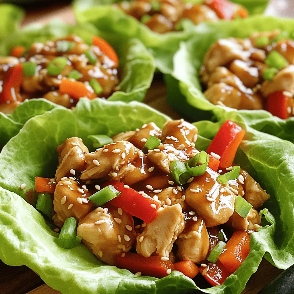 To make Teriyaki Chicken Lettuce Wraps, you need the following key ingredients: - 1 lb (450g) chicken breast, diced - 1/4 cup soy sauce (or tamari for gluten-free) - 2 tablespoons honey - 1 tablespoon rice vinegar - 1 teaspoon sesame oil - 2 cloves garlic, minced - 1 teaspoon grated ginger - 1 red bell pepper, diced - 1 cup carrots, shredded - 3 green onions, sliced - 1 head of butter lettuce or iceberg lettuce, leaves separated These ingredients blend together to create a savory and sweet flavor. The chicken adds protein while the veggies bring freshness and crunch. You can add some garnishes to make your wraps even better: - 1 tablespoon sesame seeds - Fresh herbs like cilantro or mint These toppings enhance the look and taste of your wraps. They also add a nice texture. If you have dietary needs, here are some swaps: - Use tofu or tempeh instead of chicken for a vegetarian option. - Choose coconut aminos instead of soy sauce for a soy-free option. - For a low-carb meal, use grilled zucchini or bell peppers instead of lettuce. These alternatives let everyone enjoy Teriyaki Chicken Lettuce Wraps, no matter their preferences. To make the teriyaki sauce, grab a medium bowl. Add 1/4 cup of soy sauce, 2 tablespoons of honey, and 1 tablespoon of rice vinegar. Then, include 1 teaspoon of sesame oil, 2 minced garlic cloves, and 1 teaspoon of grated ginger. Mix all these ingredients well. This sauce gives your chicken a sweet and savory kick. Next, heat a large skillet over medium-high heat. Add 1 lb of diced chicken breast to the skillet. Cook for about 5 minutes. You want the chicken to be browned and fully cooked. Once it is, pour the teriyaki sauce over the chicken. Stir well to coat the chicken evenly. Let it simmer for 3-4 minutes until the sauce thickens a bit. Now it’s time to add some crunch! Toss in 1 diced red bell pepper and 1 cup of shredded carrots. Stir and cook for another 2-3 minutes. The vegetables should be tender but still crisp. Once done, take the skillet off the heat and stir in 3 sliced green onions. This adds freshness to your dish. Now you can serve this tasty mixture in lettuce leaves and garnish with sesame seeds. Enjoy every bite! To make a great teriyaki sauce, balance the flavors. Use equal parts soy sauce and honey. The honey adds sweetness, while the soy adds saltiness. For depth, add rice vinegar and sesame oil. Garlic and ginger give it a fresh kick. Mix everything well in a bowl. Taste your sauce and adjust as needed. If you want it sweeter, add more honey. For a saltier taste, add more soy sauce. This sauce is key for flavor. To ensure tender chicken, start with fresh breast meat. Cut the chicken into small, even pieces. This helps it cook evenly. Heat your skillet before adding the chicken. Cook over medium-high heat for about five minutes. Look for a golden brown color on the outside. This shows it's cooking well. Avoid flipping the chicken too often. Let it sear and develop flavor. When you add the teriyaki sauce, it will keep the chicken juicy. Serving teriyaki chicken in lettuce wraps is fun and fresh. Use butter or iceberg lettuce for crispness. Spoon the chicken mixture into the center of a leaf. Add shredded carrots and diced bell pepper for crunch. Garnish with sesame seeds for a nice touch. You can also add sliced green onions for extra flavor. Wrap the lettuce around the filling and enjoy your meal. For a twist, serve with rice or quinoa on the side. {{image_2}} You can easily swap chicken for tofu or tempeh. Both options soak up the teriyaki sauce well. Use the same marinade for extra flavor. Just make sure to cook the tofu until golden brown. For a vegan dish, replace honey with maple syrup. This keeps the sweetness while staying plant-based. Want some heat? Add sriracha or red pepper flakes to your sauce. This gives a nice kick. If you like sweet flavors, try more honey or a splash of pineapple juice. Both options enhance the teriyaki taste. You can even add a bit of orange zest for a fresh twist. Butter lettuce is great for wraps, but you can use other greens too. Iceberg gives a nice crunch. Romaine works well if you want a sturdier wrap. Even cabbage leaves make tasty options. Each type adds a different texture and flavor to your meal. To store leftover wraps, place them in an airtight container. Keep the chicken filling separate from the lettuce. This helps the lettuce stay crisp. You can store the wraps in the fridge for up to three days. If you mix the filling with the lettuce, it may get soggy. You can freeze the chicken filling. First, let it cool completely. Then, place it in a freezer-safe bag. Remove as much air as possible before sealing. The filling can last in the freezer for about three months. However, do not freeze the lettuce. You can always use fresh lettuce when you are ready to eat. When you want to reheat the chicken filling, take it out of the fridge or freezer. If frozen, thaw it overnight in the fridge. Then, heat it on the stove over medium heat. Stir until it is hot. You can also use a microwave. Heat it in short bursts, stirring in between. Use fresh lettuce leaves when ready to serve for the best taste! Yes, you can use other meats. Chicken is popular, but you can try pork or beef. Tofu works well for a plant-based option. Just adjust the cooking time based on the meat you choose. For example, beef may need a little longer to cook through. If you need a soy sauce substitute, try tamari for a gluten-free option. Coconut aminos also work well; they have a slightly sweeter taste. You can also mix balsamic vinegar and water for a different flavor. Just remember to taste as you go. You can store the teriyaki sauce in the fridge for up to a week. Keep it in an airtight container. If you want to keep it longer, consider freezing it. It can last up to three months in the freezer. Just thaw before using. Yes, you can make it ahead! Cook the chicken and veggies, then store them in the fridge for up to three days. When you're ready to serve, just reheat and spoon the mixture into the lettuce leaves. This makes for a quick meal on busy days. You learned how to make delicious teriyaki chicken lettuce wraps. We covered the key ingredients, cooking steps, and helpful tips. You also explored fun variations and storage options. These wraps are flexible and perfect for any diet. Experiment with flavors, fillings, and condiments. Enjoy creating your own version of this tasty dish! Now, get cooking and impress your family with your new skills.