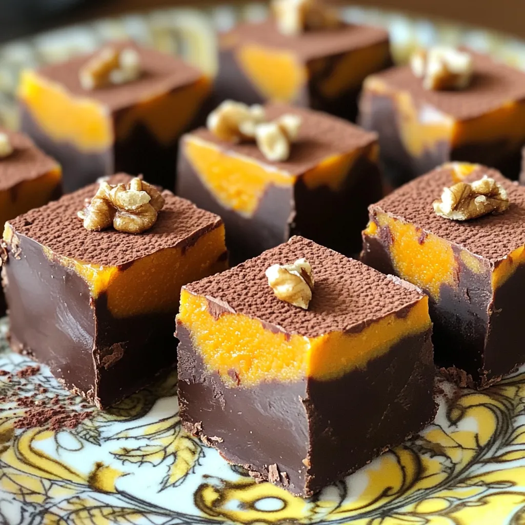 - 1 cup canned pumpkin puree - 1 cup creamy almond butter (or peanut butter) - 1/4 cup maple syrup - 1 cup cocoa powder - 1 teaspoon vanilla extract - 1 teaspoon pumpkin spice (or a mix of cinnamon, nutmeg, and ginger) - A pinch of sea salt - 1/2 cup dark chocolate chips (dairy-free if preferred) - Chopped walnuts or pecans for garnish (optional) These ingredients blend to create a rich, creamy fudge. The pumpkin adds flavor and moisture. Almond or peanut butter adds a nutty base. Maple syrup sweetens without being too sweet. Cocoa powder gives the fudge its deep chocolate taste. Vanilla and pumpkin spice enhance the overall flavor. Sea salt balances the sweetness, while chocolate chips add delightful bites. You can top the fudge with nuts for extra crunch. For the best results, I suggest these brands: - Pumpkin Puree: Libby's or Farmer's Market Organic - Almond Butter: Justin's or Whole Foods 365 - Maple Syrup: Grade A Pure Maple Syrup - Cocoa Powder: Hershey's or Ghirardelli - Dark Chocolate Chips: Enjoy Life (for dairy-free) or Ghirardelli These brands deliver high quality and great flavor, which is key for this fudge recipe. You can adjust this recipe for different diets: - Nut-Free: Use sunflower seed butter instead of almond or peanut butter. - Vegan: Ensure the dark chocolate chips are dairy-free and use maple syrup. - Gluten-Free: All ingredients listed are naturally gluten-free. - Lower Sugar: Use less maple syrup or try a sugar substitute. These options help you enjoy this fudge while meeting your dietary needs. To make No-Bake Chocolate Pumpkin Fudge, gather all your ingredients first. This recipe is simple and quick. It takes about 10 minutes to prep and 2 hours to chill. You’ll need a large mixing bowl, a spatula, and an 8x8 inch baking dish lined with parchment paper. Start by mixing these ingredients in a large bowl: - 1 cup canned pumpkin puree - 1 cup creamy almond butter (or peanut butter) - 1/4 cup maple syrup Stir until smooth. Next, add: - 1 cup cocoa powder - 1 teaspoon vanilla extract - 1 teaspoon pumpkin spice - A pinch of sea salt Mix until there are no lumps left. This step is important for a creamy fudge. Now, gently fold in: - 1/2 cup dark chocolate chips Ensure the chips are well spread throughout the mix. Line your baking dish with parchment paper. Leave some paper hanging over the edges. This will help you lift the fudge out later. Pour the mixture into the dish. Press it down with a spatula for an even layer. If you like, sprinkle chopped walnuts or pecans on top for extra crunch. Cover the dish with plastic wrap. Refrigerate the fudge for at least 2 hours. This step helps it set properly. Once set, lift the fudge out using the parchment overhang. Cut it into bite-sized squares. Enjoy your easy, tasty treat! To get the best texture, mix your pumpkin puree and almond butter well. Ensure they blend until smooth. This step prevents lumps in your fudge. When adding cocoa powder and spices, stir slowly. This gives a rich, even taste. Press the fudge firmly in the pan. A flat surface helps the fudge set better. Refrigerate for at least two hours. This helps the fudge firm up nicely. One common mistake is not measuring ingredients correctly. Use measuring cups for accuracy. Another mistake is not mixing well. Lumps can ruin your fudge's texture. Avoid using too much cocoa powder; it can make the fudge bitter. Don’t skip the sea salt; it balances the sweetness. Lastly, be patient while refrigerating. Cutting too soon can lead to a messy fudge. For a fun twist, serve the fudge on a colorful plate. Dust it with cocoa powder or drizzle melted chocolate on top. You can also add chopped walnuts or pecans for crunch. Pair your fudge with a cold glass of almond milk or hot cocoa. It’s a delightful treat for any gathering or cozy night in! {{image_2}} You can play with flavors in this fudge. Try adding a splash of maple extract for extra sweetness. A pinch of chili powder can add a nice kick. Or, swap pumpkin spice for chai spice for a warm, cozy vibe. You can also mix in crushed peppermint for a cool twist. Each change makes the fudge a new treat. This fudge can easily go vegan. Just use maple syrup and almond butter with no dairy. For gluten-free options, all the ingredients are safe. Always check labels when buying chocolate chips. This way, you keep it gluten-free without a worry. Toppings add flair and crunch to your fudge. Try sprinkling sea salt for a sweet-salty mix. Chopped nuts, like walnuts or pecans, give a nice crunch. You can also drizzle melted chocolate on top for extra sweetness. Dried fruit, like cranberries or cherries, can add a fruity touch. Each topping makes your fudge unique and special. To keep your no-bake chocolate pumpkin fudge fresh, store it in an airtight container. This keeps moisture out and helps maintain the fudge's rich texture. Always layer parchment paper between fudge squares to prevent sticking. You can also wrap individual squares in plastic wrap for easy snacking. When stored properly in the fridge, your fudge can last up to two weeks. If you notice any changes in smell or texture, it’s best to toss it out. Always check your fudge before enjoying it! If you want to keep your fudge longer, freezing is a great option. Cut the fudge into squares and place them in a single layer on a baking sheet. Once frozen, transfer them to a freezer bag or airtight container. Your fudge can last for up to three months in the freezer. To enjoy, simply thaw in the fridge overnight before serving. Yes, you can use other nut butters. Peanut butter works well. Sunflower seed butter is a good nut-free choice. Just remember that flavors may change slightly. Almond butter gives a nice creamy texture and taste. Absolutely! You can reduce the maple syrup. Try using only two tablespoons. You may also add more cocoa powder to balance the sweetness. Dark chocolate chips can be replaced with unsweetened chips to cut sugar. The fudge will feel firm to the touch. It should not stick to your fingers. After two hours in the fridge, check its consistency. If it holds shape when you press it, it's ready. This blog post covered the key ingredients and detailed steps to make fudge. You learned the best brands, easy swaps, and tips for perfect texture. I shared fun variations and storage tips to keep your fudge fresh. Remember, small changes can make a big difference. Enjoy exploring flavors and sharing this treat with others. By following these steps, you can create fudge that pleases everyone. Your next batch will surely be a hit!