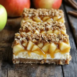 For the creamy cheesecake layer, you need: - 16 oz cream cheese, softened - 1 cup granulated sugar - 1 teaspoon vanilla extract - 2 large eggs - 1 cup sour cream These ingredients create a rich, smooth base for the bars. The cream cheese and sour cream give it a nice tang. For the yummy apple filling, you'll need: - 3 medium apples, peeled, cored, and diced (Granny Smith or Honeycrisp) - 1 tablespoon lemon juice - 1 teaspoon cinnamon - 2 tablespoons brown sugar These apples add a sweet and tart flavor. The lemon juice keeps them fresh and bright. For the crunchy crisp topping, gather: - 1 cup rolled oats - 1 cup all-purpose flour - 1 cup brown sugar - 1 teaspoon cinnamon - 1/2 cup unsalted butter, melted This topping gives a nice crunch. The oats and flour create a perfect texture. For the sweet caramel drizzle, you’ll need: - 1/2 cup caramel sauce (store-bought or homemade) This drizzle adds the finishing touch. It makes each bite extra special with its sweetness. First, preheat your oven to 350°F (175°C). Grab a 9x13 inch baking pan. Line it with parchment paper, leaving some overhang. This helps you lift the bars out later. In a large bowl, place 16 oz of softened cream cheese. Use an electric mixer to beat it until smooth. Add 1 cup of granulated sugar and mix well. Next, pour in 1 teaspoon of vanilla extract. Add 2 large eggs, one at a time. Mix well after each egg. Finally, stir in 1 cup of sour cream until everything is combined. Take another bowl and add 3 medium apples, peeled, cored, and diced. I like Granny Smith or Honeycrisp apples for this. Add 1 tablespoon of lemon juice, 1 teaspoon of cinnamon, and 2 tablespoons of brown sugar. Toss the mixture until the apples are well coated. In a separate bowl, mix 1 cup of rolled oats, 1 cup of all-purpose flour, and 1 cup of brown sugar. Add 1 teaspoon of cinnamon for extra flavor. Pour in 1/2 cup of melted unsalted butter. Mix everything until it looks crumbly. Pour the cheesecake mixture into your lined baking pan. Spread it out evenly. Next, evenly distribute the apple filling over the cheesecake layer. Finally, sprinkle the crisp topping over the apples. Place your baking pan in the preheated oven. Bake for 40-45 minutes. The top should turn golden brown, and the cheesecake should be set. After baking, remove the pan from the oven. Let it cool to room temperature. For best results, refrigerate for at least 4 hours or overnight. When ready to serve, lift the bars out using the parchment paper. Cut into squares and drizzle with caramel sauce just before serving. Enjoy your delicious treat! To get a smooth cheesecake, use room temperature cream cheese. Mix until creamy and avoid lumps. Adding sour cream helps create a rich texture. Do not overmix the eggs, as this can add air and cause cracks. Gently fold in the eggs after mixing the cream cheese and sugar. This keeps your cheesecake dense and creamy. Select crisp, tart apples like Granny Smith or Honeycrisp. These apples hold their shape well during baking. Their tartness balances the sweetness of the cheesecake and caramel. Peel, core, and dice the apples evenly. This ensures they cook properly and mix well with the cinnamon and sugar. Use rolled oats for a chewy texture in your crisp topping. Combine oats, flour, brown sugar, and cinnamon in a bowl. Pour in melted butter and mix until crumbly. This creates the perfect crunch on top of your cheesecake. Bake until golden brown for that delightful crunch. Cut the cheesecake bars into squares for easy serving. Drizzle caramel sauce over the top for a sweet finish. You can add a dollop of whipped cream or a scoop of vanilla ice cream for extra indulgence. Garnish with a sprinkle of cinnamon or some fresh apple slices for a pop of color. These tips will make your dessert look as good as it tastes! {{image_2}} You can make these bars gluten-free easily. Simply swap the all-purpose flour for a gluten-free blend. Many brands sell this blend, so find one that works for you. Ensure your oats are labeled gluten-free, as some may contain traces of gluten. This way, everyone can enjoy the treat without worry! To create a vegan version, you can use plant-based cream cheese. Also, replace the eggs with flaxseed meal or chia seeds mixed with water. For a rich flavor, use coconut cream instead of sour cream. Choose maple syrup as a sweetener instead of granulated sugar. These swaps will keep the delicious taste intact. You can customize the flavors of your bars. Adding chopped nuts like walnuts or pecans gives a nice crunch. For a spicy kick, mix in extra cinnamon or nutmeg. You could also add a splash of vanilla or almond extract for a unique twist. Experiment with these ideas to find your favorite flavor! To keep your Caramel Apple Crisp Cheesecake Bars fresh, store them in the fridge. Place the bars in an airtight container. If you do not have one, cover the pan tightly with plastic wrap. This helps prevent them from drying out. They can last in the fridge for about 4 to 5 days. You can freeze these cheesecake bars for longer storage. First, cool them completely at room temperature. Then, cut them into squares. Wrap each square in plastic wrap and place them in a freezer-safe bag. Remove as much air as possible to avoid freezer burn. They will stay good for up to 2 months in the freezer. When you are ready to enjoy your frozen bars, remove them from the freezer. Let them thaw in the fridge overnight for best results. If you want to warm them up, use a microwave. Heat them for about 15 to 20 seconds. This will make the cheesecake smooth and creamy again. Enjoy the delightful layers just like fresh! Yes, you can! Cream cheese gives the best texture and taste. If you want to try, use mascarpone for a richer flavor. Ricotta is another option, but it may change the texture. I suggest sticking to cream cheese for the best results. To avoid cracks, mix your ingredients well but gently. Overmixing can add air that leads to cracks. Bake the bars slowly at a lower temperature. If you can, place a pan of water in the oven to create steam. This helps keep the surface smooth. These bars shine on their own, but you can add a scoop of vanilla ice cream. Whipped cream also pairs well. Fresh apple slices sprinkled with cinnamon add a nice touch. For a fun twist, serve with a side of caramel sauce for dipping. When stored in the fridge, these cheesecake bars last about 5 days. Keep them in an airtight container to stay fresh. If you want to keep them longer, freeze them. They can last up to 3 months in the freezer. Just thaw in the fridge before serving. In this post, we explored how to make Caramel Apple Crisp Cheesecake Bars. You learned about the key ingredients, from the creamy cheesecake layer to the crunchy topping. I shared step-by-step instructions to guide you through each phase, along with tips for perfecting your bars. We even discussed variations, storage, and common questions to enhance your baking experience. These bars offer a great way to enjoy classic flavors. Try these ideas, and enjoy baking!