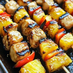 - 1 pound chicken breast, cut into 1-inch cubes - 1 cup fresh pineapple, cut into 1-inch chunks - 1 bell pepper, cut into 1-inch pieces - 1/4 cup soy sauce - 2 tablespoons brown sugar - 1 tablespoon sesame oil - 1 teaspoon garlic powder - 1 teaspoon ginger powder - 1 tablespoon cornstarch - 1 tablespoon sesame seeds Gathering the right ingredients makes cooking fun and easy. First, you need chicken breast. Aim for fresh, high-quality meat. Cut it into 1-inch cubes to ensure even cooking. Next, grab a juicy pineapple. Fresh pineapple adds a sweet touch. Cut it into 1-inch chunks to match the chicken. You also need a bell pepper. Choose red or green, based on your taste. Now, for the marinade! This is where the magic happens. Combine soy sauce, brown sugar, sesame oil, garlic powder, and ginger powder. This mix gives the chicken its delicious teriyaki flavor. If you want a thicker glaze, add cornstarch. This step is optional but adds a nice touch. Lastly, sprinkle sesame seeds on top before serving for a lovely finish. With these ingredients, you’re ready to make teriyaki chicken pineapple skewers that are juicy and flavorful! To marinate the chicken, mix soy sauce, brown sugar, sesame oil, garlic powder, and ginger powder in a bowl. Stir well until the sugar dissolves. Cut your chicken breast into 1-inch cubes and add them to the marinade. Make sure each piece is well coated. Cover the bowl and place it in the fridge for at least 30 minutes. For more flavor, you can marinate it for up to 2 hours. This step is key for juicy and tasty chicken. If you use bamboo skewers, soak them in water for at least 30 minutes. This keeps them from burning on the grill. While they soak, preheat your grill to medium-high heat. This will help cook the chicken evenly and give it nice grill marks. Make sure you have all your ingredients ready for easy assembly. Once the chicken is marinated, it’s time to assemble the skewers. Take a skewer and thread a piece of chicken, followed by a chunk of pineapple and a piece of bell pepper. Repeat this pattern, leaving a little space between each piece. This helps them cook well. Place the skewers on the grill and cook for about 10-12 minutes. Turn them occasionally to ensure even cooking. The chicken should be cooked through and have lovely grill marks. For extra flavor, brush them with leftover marinade while grilling. Marinating the chicken is key to great flavor. A good marination time is at least 30 minutes. For deeper taste, aim for 2 hours. The longer you marinate, the better the chicken absorbs the flavors. To enhance the flavor, consider adding fresh ginger or garlic. You can also mix in a splash of pineapple juice. This adds a nice sweetness. If you prefer a thicker glaze, use cornstarch in your marinade. It helps create a sticky texture when grilled. Grilling these skewers can be fun and rewarding. To get perfect grill marks, preheat your grill to medium-high heat. Place the skewers on the grill and turn them every few minutes. This helps create those beautiful lines and even cooking. Make sure the chicken is fully cooked. The inside should reach 165°F, which you can check with a meat thermometer. If you don’t have one, cut into a piece. The meat should be white, not pink. Pair your teriyaki chicken pineapple skewers with simple sides. Steamed rice or a fresh salad works well. You might also like to serve them with grilled veggies for color and taste. For presentation, lay the skewers on a platter. Drizzle with any thickened sauce and sprinkle sesame seeds on top. This adds a lovely touch. You can even add some chopped green onions for extra flair. {{image_2}} You can use shrimp or tofu instead of chicken. Shrimp adds a sweet flavor and cooks quickly. Tofu gives a nice texture and absorbs the marinade well. When using shrimp, cook for about 5-7 minutes until pink. If you choose tofu, grill for about 10-12 minutes, turning often until golden brown. Feel free to mix in different veggies! Onions, zucchini, and mushrooms work great. Each veggie adds a unique taste. For a twist, try using cherry tomatoes for a juicy burst. Adjust the flavors by adding a touch of lime juice for brightness or a dash of hot sauce for heat. Want a spicy kick? Add red pepper flakes to the teriyaki sauce. You can also mix in fruit juices like orange or pineapple for extra sweetness. This gives the sauce a fruity twist, perfect for summer grilling. Try these tweaks to keep your skewers exciting! After enjoying your teriyaki chicken pineapple skewers, store any leftovers to keep them tasty. Place the skewers in an airtight container. Refrigerate them right away. They can last in the fridge for about 3 to 4 days. If you want to save them longer, freezing is a great option. Wrap the skewers tightly in plastic wrap, then put them in a freezer bag. This method keeps them fresh for up to 3 months. When it's time to eat your leftovers, reheating is simple. You can use the oven or a skillet. If using an oven, preheat it to 350°F. Place the skewers on a baking sheet and cover them with foil. Heat for about 10-15 minutes. For a skillet, add a splash of water to keep them moist. Heat on medium for about 5-7 minutes. To keep the flavor, avoid high heat, which can dry them out. In the fridge, your teriyaki chicken pineapple skewers stay good for 3 to 4 days. If you see any strange colors or bad smells, it's best to throw them away. Also, if the chicken feels slimy or sticky, that’s a sign of spoilage. Always check before you eat. Keeping track of how long your food lasts helps keep you safe and healthy. To make teriyaki sauce from scratch, combine a few simple ingredients. You need: - 1/4 cup soy sauce - 2 tablespoons brown sugar - 1 tablespoon sesame oil - 1 teaspoon garlic powder - 1 teaspoon ginger powder Mix these in a bowl. Stir until the sugar dissolves. This sauce is great for marinating chicken. You can also adjust the flavors. Add more sugar for sweetness or more soy sauce for saltiness. Yes, you can use frozen chicken for skewers. Here are some best practices: - Thaw the chicken in the fridge overnight. - If you need it fast, you can use the microwave on the defrost setting. - Cut the chicken into 1-inch cubes after thawing for even cooking. Using frozen chicken is fine, but fresh chicken gives the best flavor and texture. If you need a substitute for brown sugar, here are some options: - White sugar plus molasses (1 tablespoon molasses per cup of sugar) - Honey or maple syrup (use less, about ¾ of the amount) - Coconut sugar Each option will change the flavor a little, but it will still work well in the recipe. Choose what you have on hand. In this blog post, we explored simple and tasty skewers. We covered main ingredients like chicken, pineapple, and bell pepper. I shared how to marinate chicken, assemble skewers, and grill them perfectly. Remember to be creative with flavors and try different proteins or vegetables. Store leftovers safely and reheat with care. Enjoy serving these skewers with fun sides! With practice, you'll impress your friends and family with your grilling skills. Keep experimenting and have fun in the kitchen!