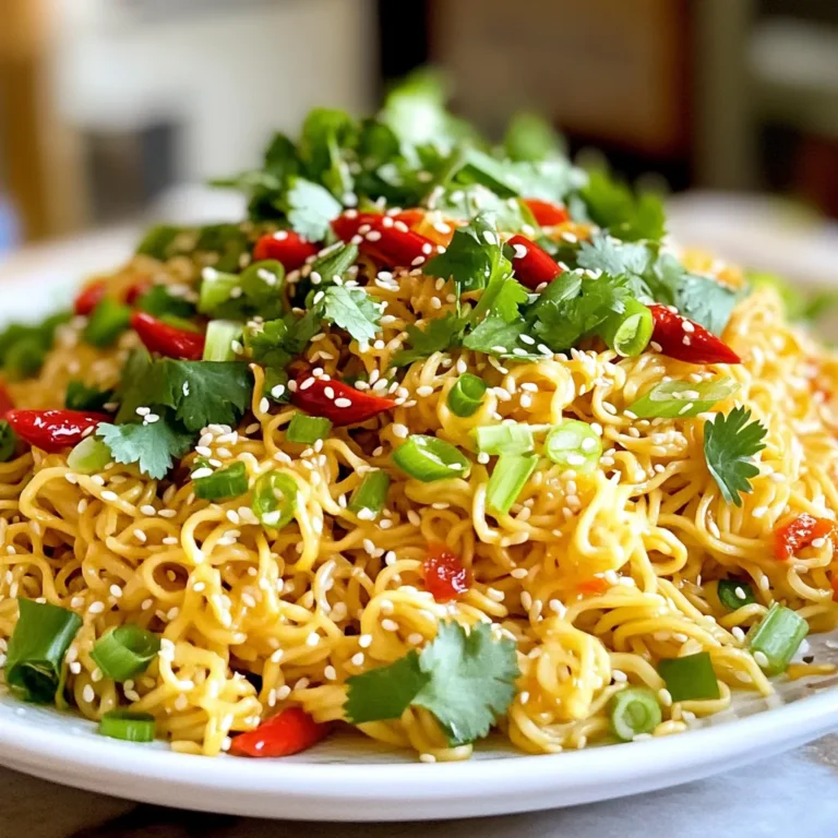 - 200g instant noodles (any type) - 3 tablespoons sesame oil - 4 cloves garlic, minced - 1-2 red chilies, finely chopped (adjust to taste) - 2 tablespoons soy sauce - 1 tablespoon rice vinegar - 1 teaspoon sugar - 3 green onions, chopped - 1 tablespoon sesame seeds (optional for garnish) - Fresh cilantro/coriander leaves for garnish To make Minute Spicy Chili Garlic Noodles, you need a few simple items. First, grab 200g of instant noodles. I like any type, but choose your favorite. Next, you need 3 tablespoons of sesame oil for that rich flavor. Garlic is key here; use 4 cloves, minced well to release its taste. If you love heat, add 1-2 red chilies. Chop them finely. Adjust the amount based on your spice level. For the sauce, gather 2 tablespoons of soy sauce and 1 tablespoon of rice vinegar. A little sugar, just 1 teaspoon, balances the flavors. Don’t forget 3 chopped green onions to add freshness. If you want some crunch, sprinkle 1 tablespoon of sesame seeds on top. Finally, fresh cilantro or coriander leaves are great for garnishing. These ingredients come together to create a dish that is quick, spicy, and full of flavor. Each component plays a role in making this meal both tasty and satisfying. - Boil water in a large pot. - Add 200g of instant noodles. - Cook noodles according to package instructions, usually 3-4 minutes. - Drain the noodles and set them aside. - Heat 3 tablespoons of sesame oil in a frying pan or wok over medium heat. - Add 4 cloves of minced garlic and 1-2 finely chopped red chilies. - Sauté for 1-2 minutes until the garlic smells good but does not burn. - Add the cooked noodles to the pan with the sauce. - Stir in 2 tablespoons of soy sauce, 1 tablespoon of rice vinegar, and 1 teaspoon of sugar. - Toss everything together to coat the noodles well with the sauce. - Mix in 3 chopped green onions, saving some for topping. - Heat the mixture for one more minute to warm everything through. - Remove the pan from heat and plate the noodles. - Garnish with 1 tablespoon of sesame seeds and fresh cilantro. - Add any reserved green onions on top for extra color. - You can change the spice by adjusting the number of chilies. Start with one if you prefer mild. - If you like a different kick, use chili flakes instead of fresh chilies. They add a nice heat. - Want more protein? Add chicken or tofu to the dish for a satisfying meal. - For a veggie boost, toss in bell peppers or snap peas. They add color and crunch. - Be careful not to overcook the noodles. Follow the package time for best results. - If you think they are done too soon, rinse them with cold water. This stops the cooking process. {{image_2}} You can easily make a vegetarian version of these noodles. Simply swap soy sauce for tamari to keep it gluten-free. This small change will not alter the taste much. To make the dish heartier, add more vegetables. You can include bell peppers, snap peas, or broccoli. The extra veggies will boost nutrition and flavor. If you want a richer taste, try making creamy garlic chili noodles. Just stir in a spoonful of peanut butter or cream as you mix everything. This makes the sauce smooth and adds a nice depth of flavor. You’ll enjoy how the creaminess balances the spice from the chilies. For a different twist, turn this dish into a noodle salad. After cooking the noodles, chill them in the fridge. Combine them with the garlic-chili sauce and other ingredients. This salad is refreshing and perfect for hot days. It keeps the same great flavors, but it’s served cold for a unique experience. To store leftovers, let the noodles cool first. Place them in an airtight container. This keeps them fresh longer. Use a glass or plastic container with a tight lid. Make sure it’s clean and dry before adding the noodles. For the best reheating, use a pan on low heat. Add a splash of water or broth to keep the noodles moist. Stir often to warm them evenly. You can also use the microwave. Cover the noodles with a damp paper towel to prevent them from drying out. In the fridge, these noodles last for about 3 days. Look for signs of spoilage, like an off smell or change in color. If you see any mold, throw them out right away. Always trust your senses to check if the dish is still good. It takes about 15 minutes to make this dish. You spend 5 minutes prepping and 10 minutes cooking. The noodles cook in about 3-4 minutes. So, you can have a warm bowl ready in no time. Yes, you can use various noodles! Instant ramen, udon, or rice noodles all work well. Choose what you like best. Each type gives a unique texture and flavor. Experiment to find your favorite! You can add many tasty toppings! Try adding protein like chicken, shrimp, or tofu. Vegetables like bell peppers or snap peas also make great choices. For extra flavor, sprinkle some crushed peanuts or extra sesame seeds on top. Absolutely! You can make this dish ahead and store it in the fridge. Use an airtight container to keep it fresh. It lasts about 3-4 days. When you're ready to eat, just reheat and enjoy! This blog post explored tasty and quick Minute Spicy Chili Garlic Noodles. We covered ingredients, cooking steps, and tips to enhance the dish. You can customize spice levels or add proteins and veggies to suit your taste. Proper storage keeps these noodles fresh. Whether enjoying a hot meal or a cold salad, you now have everything you need for a delicious experience. Keep experimenting and have fun in the kitchen!