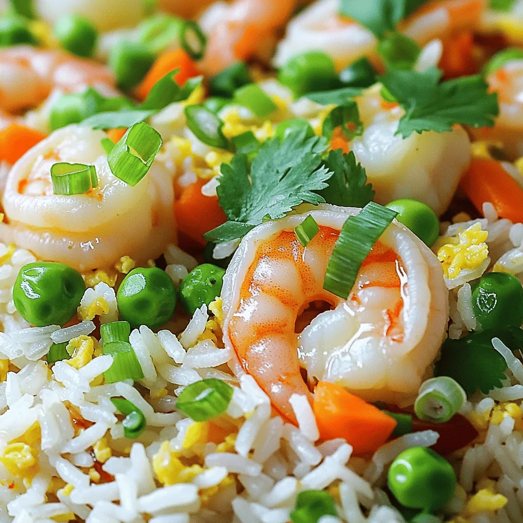 - 2 cups cooked jasmine rice - 1 pound shrimp, peeled and deveined - 4 tablespoons unsalted butter - 1 cup mixed vegetables (peas, carrots, corn) - 3 cloves garlic, minced - 2 large eggs, beaten - 3 tablespoons soy sauce - 1 teaspoon sesame oil - 2 green onions, sliced - Salt and black pepper to taste - Fresh cilantro for garnish (optional) Using fresh and quality ingredients makes a big difference. I love using jasmine rice because it adds a nice aroma. When you cook the rice, let it cool first. This helps keep the grains separate. For the shrimp, I prefer large, peeled, and deveined ones. They cook quickly and absorb flavor well. Butter is key in this dish. I use unsalted butter so I can control the salt level. The mixed vegetables add color and nutrients, making the meal balanced. Peas, carrots, and corn work perfectly together. Garlic gives the dish its signature flavor. Mince it finely for the best taste. The eggs provide protein and richness, adding to the texture. Soy sauce and sesame oil are essential for depth. They bring umami and a nutty taste. Don't forget the green onions! They add freshness and a slight crunch. For garnishing, fresh cilantro is optional but adds a lovely touch. Salt and black pepper are crucial for seasoning. Adjust them to your taste as you cook. These ingredients come together to create a vibrant and tasty dish. I encourage you to have fun with them! - Melt butter and sauté garlic: Start by melting 2 tablespoons of butter in a large skillet over medium heat. Add the minced garlic and sauté it for about one minute. You want it to smell great, but don’t let it burn. - Cook shrimp until pink and opaque: Next, toss in the shrimp. Cook them for about 2-3 minutes until they turn pink and opaque. This step is key for perfect shrimp. Season with salt and pepper, then remove them from the skillet and set aside. - Season and set aside: Remember to keep those shrimp warm while we move on. - Scramble eggs and set to side: In the same skillet, add the beaten eggs. Scramble them until they are fully cooked. Push the eggs to the side of the skillet. - Stir-fry mixed vegetables and cold rice: Add the remaining 2 tablespoons of butter, then toss in the mixed vegetables and 2 cups of cold jasmine rice. Stir-fry this mixture for about 5 minutes. Break apart any clumps in the rice to ensure even cooking. - Combine shrimp and season with sauces: Now, return the shrimp to the skillet. Stir in 3 tablespoons of soy sauce and 1 teaspoon of sesame oil. Mix well and cook for another 2-3 minutes until everything is heated through. - Add green onions and mix: Remove the skillet from heat and add the sliced green onions. Toss everything together to combine the flavors. - Adjust seasoning as desired: Taste the rice and adjust the seasoning with more salt and pepper if needed. - Tips for serving hot: Serve this dish hot for the best taste. Garnish with fresh cilantro if you like! Using cold jasmine rice is key for this dish. It has the right texture and flavor. Cold rice prevents clumping and helps with frying. When you fry cold rice, it gets crispy and delicious. If you don't have cold jasmine rice, you can use leftover rice. You can also use basmati or short-grain rice as quick options. The garlic butter is the star here. Sauté it until fragrant but not burned. This step brings out the garlic's rich flavor. You can also add a pinch of red pepper flakes for heat. If you like more spice, try sriracha or chili oil. These add a fun kick to your meal. High heat is your friend when stir-frying. It helps create that wonderful sear on the shrimp and veggies. Make sure all ingredients are ready before you start. This way, you can add them at the right time. Timing is key! Add the shrimp back in last for juicy bites. {{image_2}} You can switch the shrimp for chicken or tofu. If you use chicken, cut it into small pieces. Cook it until it is golden brown. Tofu is perfect for a vegetarian choice. Make sure to use firm tofu. Cube it and fry until crispy. Both options give you a tasty twist on this dish. Feel free to add other vegetables you enjoy. Bell peppers, broccoli, or green beans work well. You can change up veggies by what's in season. In summer, use fresh zucchini or corn. In fall, add mushrooms or winter squash. This keeps your fried rice fresh and exciting. Adding spices can really boost flavor. Try a pinch of red pepper flakes for heat. You can also mix in a splash of hot sauce. For a different taste, try adding a dash of fish sauce or oyster sauce. Garnishing with fresh herbs like basil or parsley adds color too. These little touches can make your dish shine! Store your leftover fried rice in airtight containers. Glass or plastic containers work best. Make sure to let the rice cool before sealing it. This helps prevent moisture build-up. Leftovers last about 3 to 4 days in the fridge. Always check for any off smells before eating. To reheat fried rice, use a skillet or a microwave. In the skillet, add a splash of water or broth. Heat over low to medium heat, stirring often. If using a microwave, cover the rice with a damp paper towel. This keeps the rice moist. Heat in short bursts, stirring in between. To freeze fried rice, let it cool completely. Portion it into freezer-safe bags or containers. Remove as much air as possible before sealing. Fried rice can last up to 3 months in the freezer. When ready to eat, thaw it in the fridge overnight. Reheat it straight from frozen or after thawing for best results. Yes, you can use frozen shrimp. To prepare them, first, thaw the shrimp. You can do this by placing them in the fridge overnight. If you're short on time, run cold water over them for about 10-15 minutes. Once thawed, peel and devein them if needed. Pat them dry with a paper towel to remove extra moisture. This helps them cook better. The best rice for fried rice is jasmine rice. It has a nice texture and flavor. Cold, cooked rice works best. Day-old rice is ideal because it dries out a little. If you don't have jasmine rice, you can use long-grain rice or basmati rice. Just make sure it's cooked and cooled before using. Yes, you can make this recipe vegetarian. For meat substitutes, you can use tofu or tempeh. Both work well and absorb flavors nicely. You can also add more veggies like bell peppers, zucchini, or broccoli. Just make sure to cook them until tender before adding the rice. To prevent mushy fried rice, use cold, cooked rice. Freshly cooked rice holds moisture and can turn mushy. Break apart any clumps before cooking. Stir-fry over high heat to help evaporate excess moisture. Keep the ingredients moving in the skillet to avoid steaming. This ensures a great texture for your fried rice. To make flavorful fried rice, you need just a few key ingredients, like shrimp, jasmine rice, and butter. You learned how to prepare the shrimp and cook the rice step-by-step. I shared tips for enhancing flavor and variations to fit your taste. Store leftovers in the right containers to keep them fresh. Enjoy experimenting with this dish. It’s easy to customize with different proteins and veggies. You’ll impress everyone with a tasty meal that’s quick to make. Happy cooking!