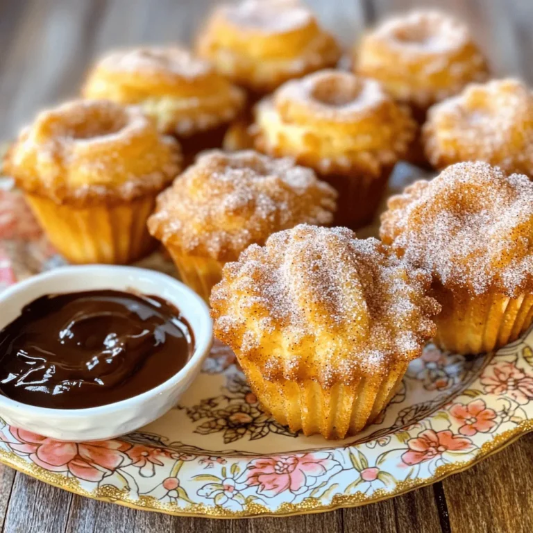 - 1 ½ cups all-purpose flour - 1 cup granulated sugar - 2 teaspoons baking powder - ½ teaspoon salt - 1 teaspoon ground cinnamon - ½ cup unsalted butter - 2 large eggs - 1 teaspoon vanilla extract - ¾ cup milk - ½ cup brown sugar, packed - Additional cinnamon - Cinnamon sugar mixture For these delightful muffins, we start with the dry ingredients. All-purpose flour gives the muffins body. Granulated sugar adds sweetness that balances the spice. Baking powder helps the muffins rise, while salt enhances all the flavors. Ground cinnamon is key for that warm, cozy taste. Next, we mix the wet ingredients. Unsalted butter adds richness and moisture. Eggs bind everything together and create a nice texture. Vanilla extract gives a lovely aroma, and milk keeps the batter smooth and soft. For the filling and topping, we pack brown sugar for a deep, caramel flavor. Adding more cinnamon brings out the best in the brown sugar. Finally, we make a cinnamon sugar mixture for that iconic churro touch. This is what makes the muffins feel special and fun. - Preheat your oven to 350°F (175°C). - Line a 12-cup muffin pan with paper liners or grease it lightly. - In a large bowl, combine: - 1 ½ cups all-purpose flour - 1 cup granulated sugar - 2 teaspoons baking powder - ½ teaspoon salt - 1 teaspoon ground cinnamon - In another bowl, whisk together: - ½ cup unsalted butter, melted - 2 large eggs - 1 teaspoon vanilla extract - ¾ cup milk - Pour the wet ingredients into the dry ingredients. - Mix gently until just combined. It’s okay to have some lumps! - In a small bowl, mix: - ½ cup brown sugar, packed - 1 teaspoon cinnamon for the filling. - Fill each muffin cup with 2 tablespoons of batter. - Add 1 teaspoon of the brown sugar mixture in the center. - Top with 1 tablespoon of batter to cover the filling. - Bake for 18-20 minutes. - Check for doneness by inserting a toothpick. It should come out clean. - Let the muffins cool in the pan for 5 minutes. - Transfer them to a wire rack to cool slightly. - Brush the tops with melted butter. - Dip each muffin into a mixture of: - ¼ cup granulated sugar - 1 tablespoon cinnamon to coat. To get soft and fluffy muffins, avoid over-mixing. When you stir the batter, do it gently. You want to mix until the dry and wet ingredients blend, but leave some lumps. This helps keep your muffins light. Also, allow the batter to rest for a few minutes. This gives the flour time to soak up the wet ingredients, making the muffins even better. For a lovely presentation, serve the muffins warm on a nice plate. Dust them with extra cinnamon sugar for a sweet touch. You can also add a small bowl of chocolate or caramel sauce for dipping. This makes your muffins stand out and adds extra flavor. If you need gluten-free options, use a mix of almond flour and coconut flour. These flours work well but may change the texture a bit. For dairy-free substitutes, replace the milk and butter with almond milk and coconut oil. These swaps still make tasty muffins, and everyone can enjoy them. {{image_2}} You can easily add a fun twist to your churro muffins. One great option is adding chocolate chips. Just fold in about a cup of semi-sweet or dark chocolate chips to the batter before filling the muffin cups. This gives every bite a gooey surprise. Another tasty option is to mix in nuts. Adding pecans or walnuts gives your muffins a nice crunch. Chop them roughly and add about half a cup to the batter. This adds flavor and texture, making each muffin even more delightful. Seasonal flavors can really bring your muffins to life. For a fall treat, try a pumpkin spice variation. Replace some of the milk with pure pumpkin puree and add pumpkin pie spice too. This will give your muffins a warm, cozy flavor. In the spring, consider an apple cinnamon twist. Fold in diced apples along with a sprinkle of nutmeg. This adds a juicy burst of flavor and pairs well with the cinnamon sugar topping. You can also play with shapes for these delicious muffins. Making mini muffins is a fun option! Use a mini muffin pan and reduce the baking time to about 10-12 minutes. These bite-sized treats are perfect for snacks or parties. If you want to skip the muffin cups, try making churro muffin tops. Just spread the batter on a baking sheet lined with parchment paper. Bake until golden, then cut them into circles. This gives you a fun, shareable treat that looks great on any platter. Store your leftover muffins at room temperature in an airtight container. They stay fresh for about two days. If you want to keep them longer, you can refrigerate them. Just remember to seal them well to avoid drying out. For long-term storage, freeze the muffins. Wrap each muffin in plastic wrap and place them in a freezer bag. They keep well for up to three months. The best way to reheat your muffins is in the oven. Preheat your oven to 350°F (175°C). Place the muffins on a baking sheet and warm them for about 10 minutes. This helps keep them soft and fluffy. You can also use the microwave. Heat each muffin for about 15-20 seconds. If you prefer, wrap them in a damp paper towel to keep them moist. These cinnamon sugar churro muffins are best enjoyed fresh. At room temperature, they last for up to two days. In the fridge, they stay good for about a week. If frozen, they maintain quality for up to three months. Just remember, the longer they sit, the less tasty they can become! Cinnamon sugar churro muffins are soft, sweet treats. They mix muffin and churro flavors. The muffins have a cinnamon taste and a sweet filling. Each bite is warm, buttery, and sugary. You’ll love the crunchy cinnamon sugar on top! Yes, you can prepare these muffins ahead of time. First, bake them and let them cool. Store them in an airtight container at room temperature. They stay fresh for about two days. For longer storage, you can freeze them. Just wrap them well and store in a freezer bag. Thaw before serving for the best taste. To make fluffy muffins, do not over-mix the batter. Mix until just combined. Some lumps are okay! Let the batter rest for a few minutes before baking. This helps the muffins rise better. Make sure your baking powder is fresh. It’s key for a nice rise! You can explore many churro muffin recipes online. Websites like Pinterest or food blogs are great. Look for recipes that use similar ingredients. You might find unique twists on the classic churro muffin. Try searching for “churro recipes” or “muffin variations” for more ideas. Yes, you can use different sugars! Brown sugar adds a rich taste. Coconut sugar is a good option for a healthier choice. Just know that each sugar can change the muffin's texture and flavor. Granulated sugar gives a sweeter, lighter muffin. Experiment to find your favorite! These cinnamon sugar churro muffins are easy to make and taste great. You learned about the right dry and wet ingredients, plus special tips to perfect the texture. Mixing and filling with sweet goodness makes them stand out. Whether you wish for seasonal twists or nutty bites, options abound. Store them properly to keep that fresh taste. Enjoy your baking journey and share these muffins with friends. You now have the tools to impress.
