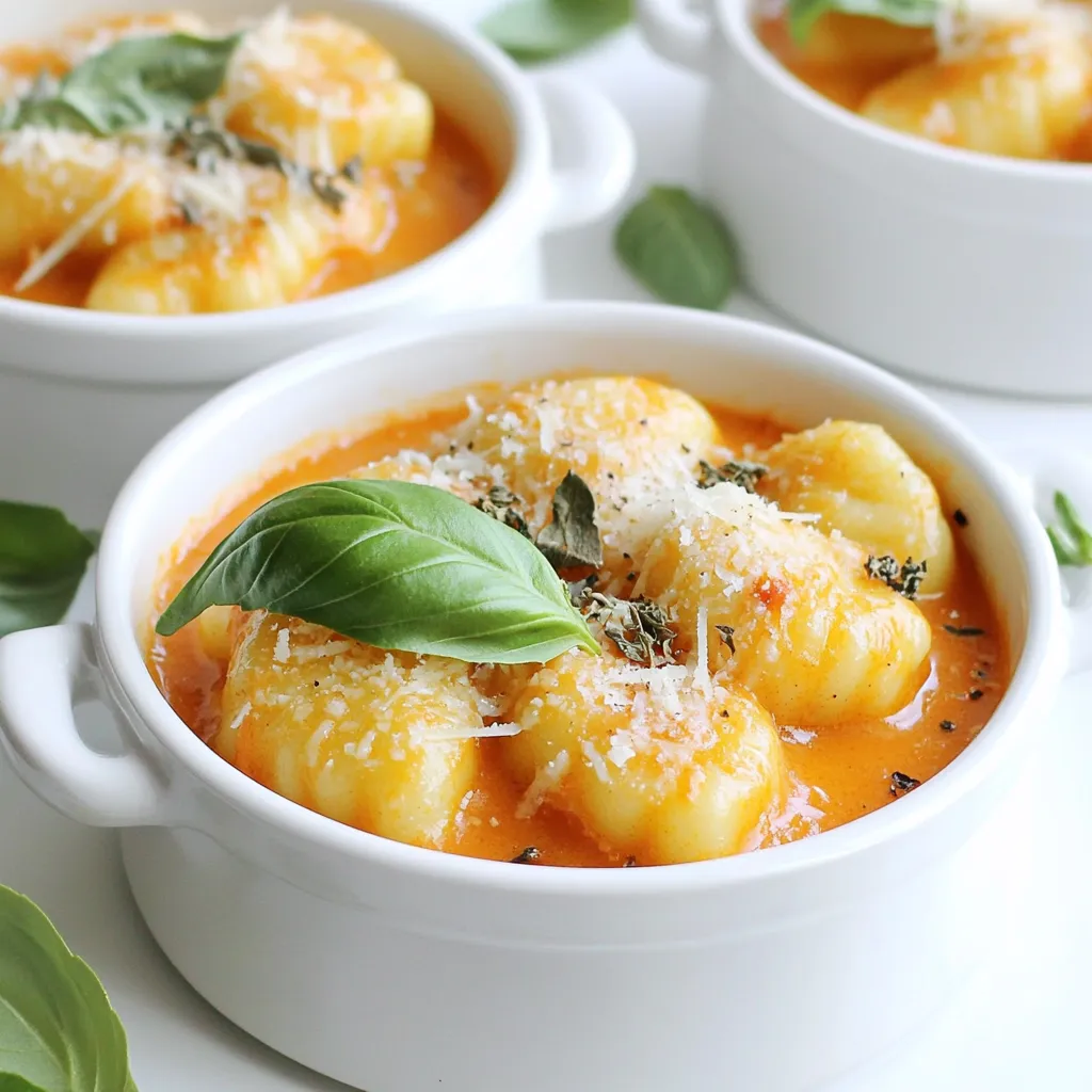 - 1 package (16 oz) shelf-stable gnocchi - 1 can (15 oz) crushed tomatoes - 1 cup vegetable broth - 1 cup heavy cream - 1 cup grated Parmesan cheese - 1 teaspoon garlic powder - 1 teaspoon onion powder - 1 teaspoon dried Italian herbs (oregano, basil, thyme) - Salt and pepper to taste - Fresh basil leaves for garnish - Olive oil for drizzling - Additional Parmesan cheese Gnocchi is a soft pasta made from potatoes. It cooks quickly and adds a nice texture. Crushed tomatoes are key for a rich sauce. They bring a sweet and tangy flavor. Vegetable broth adds depth. I use it instead of water for cooking. Heavy cream gives the dish its creamy texture. Grated Parmesan cheese melts well, adding saltiness and flavor. For seasonings, garlic powder and onion powder provide a savory base. Dried Italian herbs bring warmth and aroma. Salt and pepper enhance all the flavors. Fresh basil leaves give a bright finish. To serve, I drizzle olive oil on top for richness. A sprinkle of extra Parmesan adds a gourmet touch. This dish is full of vibrant colors and flavors. It feels special yet is easy to make. - Heat olive oil in a pot or skillet. - Combine crushed tomatoes and vegetable broth. I start by heating a drizzle of olive oil in my large pot over medium heat. This simple step adds flavor and helps cook the ingredients well. Next, I pour in one can of crushed tomatoes and one cup of vegetable broth. Stir them together, and watch as the colors blend beautifully. - Add gnocchi and cook until floating. - Incorporate heavy cream and stir. Once the mixture simmers, I add one package of shelf-stable gnocchi. It takes about 2 to 3 minutes for the gnocchi to cook and float. This floating means they are ready. Then, I reduce the heat to low and pour in one cup of heavy cream. I stir constantly to make sure everything blends together perfectly. - Mix in Parmesan and seasonings. - Simmer and let flavors meld. After the cream is mixed in, I add one cup of grated Parmesan cheese, one teaspoon of garlic powder, one teaspoon of onion powder, and one teaspoon of dried Italian herbs. I stir until the cheese melts and the sauce becomes creamy. Next, I season the dish with salt and pepper to taste. To finish, I let it simmer for another 2 to 3 minutes. This helps all the flavors come together. To make your creamy tomato Parmesan gnocchi perfect, focus on the sauce's texture. Start by simmering the crushed tomatoes and broth gently. This helps the flavors mix well. When you add the cream, stir it in slowly. This keeps the sauce smooth and rich. For cooking the gnocchi, watch for them to float. When they do, they are ready. This usually takes about 2-3 minutes. Do not overcook them, or they may become mushy. Plating can elevate your dish. Use shallow bowls to show off the creamy gnocchi. Add fresh basil leaves on top for color. A drizzle of olive oil adds a nice touch of flavor. Pair this dish with a simple salad or garlic bread. A light white wine, like Pinot Grigio, works well too. It balances the rich flavors of the gnocchi. Store any leftover gnocchi in an airtight container. Place it in the fridge for up to three days. To keep the creaminess, avoid adding extra cream before storing. When you reheat, use low heat. Stir in a splash of broth or cream to revive the sauce. This prevents it from becoming thick or dry. Enjoy your delicious creamy tomato Parmesan gnocchi again! {{image_2}} You can swap heavy cream for several options. Try half-and-half for a lighter sauce. Coconut milk gives a nice twist and adds a hint of sweetness. For a nutty flavor, use cashew cream. Each choice changes the dish in fun ways. When it comes to cheese, Parmesan is a star, but it’s not alone. Use mozzarella for a gooey texture. Feta adds a salty kick, while goat cheese brings a creamy tang. Each cheese can change the taste and texture of your gnocchi. Adding greens can boost color and nutrition. Spinach wilts nicely and blends well. Kale is another great option; it adds texture and flavor. You can also use zucchini or bell peppers for a crunchy bite. Want protein? Chicken or Italian sausage pairs well with the flavors. Cook them in the pot before adding the other ingredients. This adds depth and heartiness to your meal. Fresh herbs can make a big difference. Basil is classic, but try parsley or thyme for a new taste. Fresh herbs brighten the dish and add freshness. Dried herbs work too, but they lack the same punch. If you like heat, add red pepper flakes. They bring a spicy kick that contrasts with the creaminess. Adjust the amount to find your perfect spice level. This adds excitement to every bite. To store creamy gnocchi in the fridge, place it in an airtight container. Make sure it cools down first. This keeps moisture away and prevents spoilage. You can also cover it tightly with plastic wrap. For best results, eat it within 3 days. This will keep the flavors fresh and tasty. Yes, you can freeze creamy gnocchi! However, it's best to freeze it before adding cream. This helps maintain texture. To freeze, let it cool completely. Then, place it in a freezer-safe bag or container. Remove as much air as possible. When you want to use it, thaw it in the fridge overnight. Reheat gently on the stove with a splash of broth or cream. In the fridge, creamy gnocchi lasts up to 3 days. If you freeze it, it can last for 2-3 months. Always check for any signs of spoilage before cooking. If it looks or smells off, it’s best to toss it. Enjoy your creamy tomato Parmesan gnocchi at its best! Can I use homemade gnocchi for this recipe? Yes, homemade gnocchi works great! Fresh gnocchi may cook faster, so check them often. Adjust cooking time if needed to keep them tender and fluffy. How can I make this dish vegan-friendly? To make this dish vegan, swap the heavy cream for coconut cream or cashew cream. Use nutritional yeast instead of Parmesan cheese for that cheesy flavor. What is the best way to reheat gnocchi? The best way to reheat gnocchi is in a pan over medium heat. Add a splash of broth or cream to keep it moist. Stir often until heated through. Can I use fresh tomatoes instead of canned? Yes, you can use fresh tomatoes! Chop about four medium tomatoes and cook them down. Add some broth to get the right sauce consistency. What can I substitute for Parmesan cheese? You can use Pecorino Romano or Grana Padano as substitutes. For a dairy-free option, try nutritional yeast for a cheesy taste without the cheese. Is there a gluten-free option for gnocchi? Yes, many brands offer gluten-free gnocchi made from potatoes or rice. Check the package to ensure they fit your dietary needs. This creamy gnocchi recipe blends simple ingredients for a hearty meal. You learned how to make it step-by-step, ensuring great flavor and texture. I shared tips on cooking and storing, along with fun variations to try. Whether you choose extra cheese or fresh herbs, there’s room for creativity. Enjoy exploring these options to make this dish your own. Savor every bite with family or friends. With this guide, you can confidently serve creamy gnocchi that everyone loves.