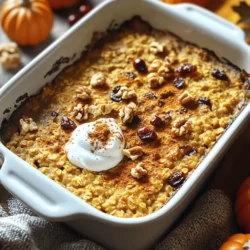 - 2 cups rolled oats - 1 ½ cups pumpkin puree The foundation of this cozy dish is simple. Rolled oats give a nice texture, while pumpkin puree adds moisture and flavor. - 2 cups almond milk (or any milk of your choice) - 1/3 cup maple syrup - 1 teaspoon vanilla extract These wet ingredients bring everything together. Almond milk keeps it creamy. Maple syrup adds sweetness, and vanilla gives a warm touch. - ½ cup chopped walnuts or pecans - ½ cup dried cranberries or chocolate chips - 2 tablespoons chia seeds (optional) Feel free to mix in any of these add-ins. Nuts add crunch, while dried fruit or chocolate gives bursts of sweetness. Chia seeds add nutrition and a slight crunch. This combination of ingredients makes the Pumpkin Spice Baked Oatmeal a delightful and nourishing dish. It’s perfect for a cozy morning or a sweet snack. 1. Preheat your oven to 350°F (175°C). This helps cook the oatmeal evenly. 2. Grease a 9x9-inch baking dish. You can also line it with parchment paper to make cleanup easy. 3. In a large mixing bowl, combine the rolled oats, baking powder, pumpkin spice, and salt. Stir well to mix all the dry ingredients. 1. In another bowl, mix together the pumpkin puree, almond milk, maple syrup, chia seeds, and vanilla extract until smooth. This is where the flavors blend. 2. Pour the wet ingredients into the bowl of dry ingredients. Stir until everything is well mixed. You want it all to be combined, but don’t overmix. 1. Gently fold in the walnuts or pecans and dried cranberries or chocolate chips if you choose to add them. These ingredients add a nice crunch and flavor. 2. Pour the mixture into the prepared baking dish. Spread it out evenly using a spatula. 3. Bake in the preheated oven for 30-35 minutes. You want it to be golden on top. A toothpick inserted in the center should come out clean. 4. After baking, let it cool for 10-15 minutes. This makes it easier to slice into squares. To get the perfect texture in your baked oatmeal, focus on the consistency of the mixture. You want it to be creamy but not runny. Start with rolled oats as they absorb moisture well. When mixing, combine the wet and dry ingredients just until blended. This keeps the oatmeal from becoming tough. If you overmix, the oats can break down, and the texture will suffer. Garnishing your baked oatmeal adds flavor and fun. After baking, you can top it with a dollop of yogurt or whipped cream. A sprinkle of extra pumpkin spice on top makes it look festive. If you want to add a crunch, consider adding crushed nuts or seeds. These small touches can elevate your dish. Adding chia seeds and nuts boosts nutrition. Chia seeds provide fiber, omega-3s, and protein. They also help the oatmeal set nicely. If you have nut allergies, you can skip the nuts or use seeds instead. Adjusting the recipe to fit your diet is easy. You can swap maple syrup for honey or agave for less sugar. {{image_2}} You can change the spices in the baked oatmeal. Try using nutmeg or allspice. You can also add vanilla or almond extract for a twist. If you want to switch fruits, try apples or bananas. They add great flavor and moisture. If you need gluten-free oatmeal, choose certified gluten-free oats. This small change keeps your recipe safe. For a vegan option, use plant-based milk and replace eggs with flaxseed meal. These swaps keep it tasty and satisfying. You can turn this baked oatmeal into breakfast bars. Just cut them into squares when cool and wrap them up. They make a great grab-and-go meal. For dessert, serve with yogurt or whipped cream. A sprinkle of extra pumpkin spice on top makes it special. To keep your pumpkin spice baked oatmeal fresh, store it in the fridge. Use an airtight container for the best results. This helps prevent it from drying out. If you plan to eat it within a few days, this method works great. - Best practices for refrigerating baked oatmeal: - Allow the baked oatmeal to cool completely. - Cut it into squares before storing. - Layer parchment paper between layers if stacking. - Recommended storage containers: - Glass containers with tight lids are perfect. - You can also use plastic containers, but make sure they seal well. Freezing is a smart way to save your pumpkin spice baked oatmeal for later. It keeps well and is easy to reheat. - How to freeze pumpkin spice baked oatmeal: - Let it cool completely, just like for refrigeration. - Wrap individual squares in plastic wrap or foil. - Place wrapped portions in a freezer-safe bag or container. - Tips for reheating frozen portions: - Thaw in the fridge overnight before reheating. - Heat in the microwave for a quick breakfast. - You can also reheat in the oven at 350°F until warm. Knowing how long your baked oatmeal lasts keeps you safe and satisfied. - Duration of freshness in the refrigerator: - It stays good for about 4 to 5 days. - Make sure to check it before eating. - Signs of spoilage to watch for: - Look for any mold on the surface. - If it smells sour or off, toss it out. - A change in color or texture can mean it’s time to say goodbye. Yes, you can use steel-cut oats, but it will change the texture. Steel-cut oats are chewier and take longer to cook. They need more liquid and a longer baking time. If you choose steel-cut oats, add an extra half cup of almond milk and bake for about 10-15 minutes longer. This will help them soften while cooking. Absolutely! You can prepare this baked oatmeal a day in advance. Just follow the recipe and store it in the fridge before baking. On the day you want to serve it, take it out, let it warm up for about 30 minutes, and then bake. This method saves you time in the morning. You can also bake it and store leftovers for quick breakfasts. If you don’t have maple syrup, you can use honey or agave syrup. Use the same amount, 1/3 cup. For a lower-calorie option, consider using stevia or monk fruit sweetener. You may need to adjust the amount since these are much sweeter. Always taste as you mix to ensure the sweetness is to your liking. This blog post covered making a delicious pumpkin spice baked oatmeal. You learned about the key ingredients, from oats to the maple syrup. I shared step-by-step instructions to help you bake it perfectly. You also discovered helpful tips for texture and serving. Finally, we explored variations to fit your taste and dietary needs. Try this recipe for a warm, satisfying breakfast option. It's simple, tasty, and can fit many diets. Enjoy your baking adventure!
