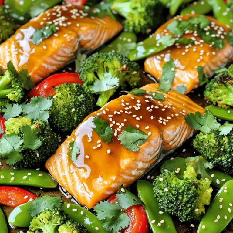 - 4 salmon fillets (about 6 ounces each) - 2 tablespoons honey - 2 tablespoons soy sauce (or coconut aminos for gluten-free) - 1 tablespoon Dijon mustard - 1 tablespoon olive oil - 1 teaspoon minced garlic - 1 teaspoon fresh ginger, grated - Salt and pepper to taste - 1 cup broccoli florets - 1 red bell pepper, sliced - 1 cup snap peas - 1 tablespoon sesame seeds (for garnish) - Fresh cilantro (for garnish) I love using quality ingredients for this dish. Salmon is packed with healthy fats and protein. The marinade brings a sweet and savory taste. Honey adds a nice touch. Soy sauce or coconut aminos gives it depth. Dijon mustard gives a slight kick. Fresh garlic and ginger add warmth and flavor. For the veggies, I choose bright colors. Broccoli florets give crunch. Red bell pepper adds sweetness. Snap peas bring a crisp bite. These veggies balance the richness of the salmon. I often sprinkle sesame seeds and fresh cilantro on top. They enhance the look and taste. It’s a feast for the eyes and the palate. - Preheat the oven to 400°F (200°C). - Line a large baking sheet with parchment paper. Start by heating your oven. This step is key. A hot oven helps the salmon cook evenly. The parchment paper keeps the salmon from sticking. It also makes cleanup quick. - Whisk together honey, soy sauce, Dijon mustard, olive oil, minced garlic, grated ginger, salt, and pepper. Next, grab a bowl and whisk the honey and soy sauce. Add Dijon mustard and olive oil. Then, mix in minced garlic and grated ginger. This glaze gives the salmon a sweet and savory flavor. Adjust salt and pepper to your taste. Make sure it's smooth and well-mixed. - Position salmon fillets and brush with honey glaze. - Toss and arrange vegetables around the salmon. Place the salmon fillets skin-side down on the baking sheet. Use a brush to coat each fillet with the honey glaze. This adds flavor and helps it caramelize. Now, take your veggies. Toss the broccoli, red bell pepper, and snap peas in a bowl with a bit of olive oil, salt, and pepper. Then, spread them around the salmon on the baking sheet. - Bake for 15-20 minutes until salmon is cooked through and vegetables are tender-crisp. Now it's time to bake. Place the baking sheet in the oven. Bake for about 15 to 20 minutes. The salmon should flake easily with a fork when done. The veggies should be tender but still have a slight crunch. This balance makes the dish exciting and fresh. To make the honey glaze just right, you can change the flavor. If you want it sweeter, add more honey. For a saltier taste, add a bit more soy sauce. Mix well until it’s smooth. This glaze adds a rich flavor to the salmon. You can also try using coconut aminos if you need a gluten-free option. Cut your vegetables into similar sizes. This helps them cook evenly. For the broccoli, keep the florets small. Slice the red bell pepper into thin strips. Snap peas can stay whole. This way, all veggies will roast perfectly. Uniform cuts also make your dish look more appealing on the plate. Pair your salmon and veggies with some rice or quinoa. These sides soak up the honey glaze well. A light salad is also a great choice. It adds freshness and crunch to your meal. You can even serve it with a tangy yogurt sauce for extra flavor. Enjoy your tasty dish! {{image_2}} You can change the salmon to fit your taste. Try chicken, tofu, or shrimp instead. Each protein works well with the honey glaze. For chicken, use boneless thighs or breasts. Cook it until the internal temperature hits 165°F (75°C). If you're using tofu, choose firm or extra-firm. Press it to remove extra water, then marinate it. For shrimp, peel and de-vein them. Cook shrimp until they turn pink and opaque. Switch up the veggies based on what is fresh. In spring, try asparagus, peas, or baby carrots. For summer, use zucchini, bell peppers, or cherry tomatoes. Fall brings great options like Brussels sprouts, sweet potatoes, or butternut squash. In winter, consider root vegetables like carrots, parsnips, or beets. Each season offers flavors that can change your dish. You don’t have to stick to the honey glaze. Try teriyaki sauce for a sweet and savory mix. For a zesty flavor, go with a lemon herb marinade. Combine olive oil, lemon juice, and herbs like thyme or rosemary. If you like heat, use a spicy marinade. Blend chili sauce with honey for a kick. Each option can give you a new taste experience. Store your leftovers in an airtight container. This keeps your salmon and veggies fresh. You can refrigerate them for up to three days. Make sure the dish cools down first. This helps prevent moisture loss. Label the container with the date. This way, you will know when to eat them. To freeze, wrap the leftovers tightly in plastic wrap. Then place them in a freezer-safe bag. Try to remove as much air as possible. This keeps the food from freezer burn. You can freeze the meal for up to three months. When ready to eat, thaw it overnight in the fridge. Reheat your salmon and veggies in the oven. Set the temperature to 350°F (175°C). Place them in a baking dish, and cover with foil. This helps keep the food moist. Heat for about 15 minutes or until warm. You can also use a microwave. Heat in short bursts, stirring in between. This way, you won’t overcook the salmon. Enjoy your meal just like fresh! To cook salmon in the oven, it usually takes about 15-20 minutes at 400°F (200°C). The salmon should cook until it flakes easily with a fork. Thicker fillets may need a little more time. Use a meat thermometer to check if the center reaches 145°F (63°C). This helps ensure the salmon is safe to eat. Yes, you can prepare this dish ahead of time. You can marinate the salmon and chop the veggies a day before. Store them in the fridge until you are ready to cook. This saves time and helps flavors mix well. Just remember to take them out of the fridge about 20 minutes before baking. This helps them cook evenly. For a complete meal, serve honey glazed salmon with rice or quinoa. These grains soak up the glaze well. You can also add a fresh salad or roasted potatoes for extra flavor. Steamed asparagus or green beans make great sides too. They balance the sweetness of the glaze and add color to your plate. This blog post covered how to make a tasty honey-glazed salmon dish. You learned the key ingredients, from salmon to fresh veggies, and got easy step-by-step instructions. We also shared tips for perfecting your glaze and ensuring even cooking. Plus, you discovered variations if you want to swap proteins or change veggies. Cooking is fun and this dish is a great way to start. I hope you enjoy making it!