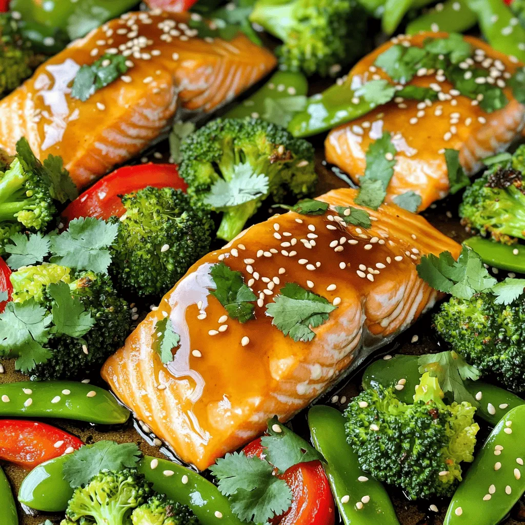 - 4 salmon fillets (about 6 ounces each) - 2 tablespoons honey - 2 tablespoons soy sauce (or coconut aminos for gluten-free) - 1 tablespoon Dijon mustard - 1 tablespoon olive oil - 1 teaspoon minced garlic - 1 teaspoon fresh ginger, grated - Salt and pepper to taste - 1 cup broccoli florets - 1 red bell pepper, sliced - 1 cup snap peas - 1 tablespoon sesame seeds (for garnish) - Fresh cilantro (for garnish) I love using quality ingredients for this dish. Salmon is packed with healthy fats and protein. The marinade brings a sweet and savory taste. Honey adds a nice touch. Soy sauce or coconut aminos gives it depth. Dijon mustard gives a slight kick. Fresh garlic and ginger add warmth and flavor. For the veggies, I choose bright colors. Broccoli florets give crunch. Red bell pepper adds sweetness. Snap peas bring a crisp bite. These veggies balance the richness of the salmon. I often sprinkle sesame seeds and fresh cilantro on top. They enhance the look and taste. It’s a feast for the eyes and the palate. - Preheat the oven to 400°F (200°C). - Line a large baking sheet with parchment paper. Start by heating your oven. This step is key. A hot oven helps the salmon cook evenly. The parchment paper keeps the salmon from sticking. It also makes cleanup quick. - Whisk together honey, soy sauce, Dijon mustard, olive oil, minced garlic, grated ginger, salt, and pepper. Next, grab a bowl and whisk the honey and soy sauce. Add Dijon mustard and olive oil. Then, mix in minced garlic and grated ginger. This glaze gives the salmon a sweet and savory flavor. Adjust salt and pepper to your taste. Make sure it's smooth and well-mixed. - Position salmon fillets and brush with honey glaze. - Toss and arrange vegetables around the salmon. Place the salmon fillets skin-side down on the baking sheet. Use a brush to coat each fillet with the honey glaze. This adds flavor and helps it caramelize. Now, take your veggies. Toss the broccoli, red bell pepper, and snap peas in a bowl with a bit of olive oil, salt, and pepper. Then, spread them around the salmon on the baking sheet. - Bake for 15-20 minutes until salmon is cooked through and vegetables are tender-crisp. Now it's time to bake. Place the baking sheet in the oven. Bake for about 15 to 20 minutes. The salmon should flake easily with a fork when done. The veggies should be tender but still have a slight crunch. This balance makes the dish exciting and fresh. To make the honey glaze just right, you can change the flavor. If you want it sweeter, add more honey. For a saltier taste, add a bit more soy sauce. Mix well until it’s smooth. This glaze adds a rich flavor to the salmon. You can also try using coconut aminos if you need a gluten-free option. Cut your vegetables into similar sizes. This helps them cook evenly. For the broccoli, keep the florets small. Slice the red bell pepper into thin strips. Snap peas can stay whole. This way, all veggies will roast perfectly. Uniform cuts also make your dish look more appealing on the plate. Pair your salmon and veggies with some rice or quinoa. These sides soak up the honey glaze well. A light salad is also a great choice. It adds freshness and crunch to your meal. You can even serve it with a tangy yogurt sauce for extra flavor. Enjoy your tasty dish! {{image_2}} You can change the salmon to fit your taste. Try chicken, tofu, or shrimp instead. Each protein works well with the honey glaze. For chicken, use boneless thighs or breasts. Cook it until the internal temperature hits 165°F (75°C). If you're using tofu, choose firm or extra-firm. Press it to remove extra water, then marinate it. For shrimp, peel and de-vein them. Cook shrimp until they turn pink and opaque. Switch up the veggies based on what is fresh. In spring, try asparagus, peas, or baby carrots. For summer, use zucchini, bell peppers, or cherry tomatoes. Fall brings great options like Brussels sprouts, sweet potatoes, or butternut squash. In winter, consider root vegetables like carrots, parsnips, or beets. Each season offers flavors that can change your dish. You don’t have to stick to the honey glaze. Try teriyaki sauce for a sweet and savory mix. For a zesty flavor, go with a lemon herb marinade. Combine olive oil, lemon juice, and herbs like thyme or rosemary. If you like heat, use a spicy marinade. Blend chili sauce with honey for a kick. Each option can give you a new taste experience. Store your leftovers in an airtight container. This keeps your salmon and veggies fresh. You can refrigerate them for up to three days. Make sure the dish cools down first. This helps prevent moisture loss. Label the container with the date. This way, you will know when to eat them. To freeze, wrap the leftovers tightly in plastic wrap. Then place them in a freezer-safe bag. Try to remove as much air as possible. This keeps the food from freezer burn. You can freeze the meal for up to three months. When ready to eat, thaw it overnight in the fridge. Reheat your salmon and veggies in the oven. Set the temperature to 350°F (175°C). Place them in a baking dish, and cover with foil. This helps keep the food moist. Heat for about 15 minutes or until warm. You can also use a microwave. Heat in short bursts, stirring in between. This way, you won’t overcook the salmon. Enjoy your meal just like fresh! To cook salmon in the oven, it usually takes about 15-20 minutes at 400°F (200°C). The salmon should cook until it flakes easily with a fork. Thicker fillets may need a little more time. Use a meat thermometer to check if the center reaches 145°F (63°C). This helps ensure the salmon is safe to eat. Yes, you can prepare this dish ahead of time. You can marinate the salmon and chop the veggies a day before. Store them in the fridge until you are ready to cook. This saves time and helps flavors mix well. Just remember to take them out of the fridge about 20 minutes before baking. This helps them cook evenly. For a complete meal, serve honey glazed salmon with rice or quinoa. These grains soak up the glaze well. You can also add a fresh salad or roasted potatoes for extra flavor. Steamed asparagus or green beans make great sides too. They balance the sweetness of the glaze and add color to your plate. This blog post covered how to make a tasty honey-glazed salmon dish. You learned the key ingredients, from salmon to fresh veggies, and got easy step-by-step instructions. We also shared tips for perfecting your glaze and ensuring even cooking. Plus, you discovered variations if you want to swap proteins or change veggies. Cooking is fun and this dish is a great way to start. I hope you enjoy making it!