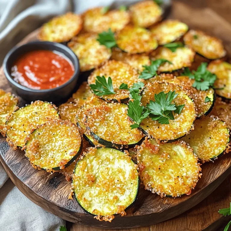 - 2 medium zucchinis, sliced into 1/4-inch rounds - 1/2 cup grated Parmesan cheese - 1/2 cup breadcrumbs (panko for extra crunch) - 1 teaspoon garlic powder - 1 teaspoon onion powder - 1/2 teaspoon paprika - Salt and pepper to taste - 1 large egg - Cooking spray or olive oil spray These ingredients come together to create the perfect snack. The zucchinis give a fresh taste, while Parmesan adds savory depth. Using panko breadcrumbs makes them extra crunchy. - Italian seasoning for a herby touch - Cayenne pepper for some heat - Fresh herbs like parsley or basil for garnish Feel free to play around with these options. They can add layers of flavor to each bite. If you love spice, cayenne will elevate the dish. One serving (about 1/4 of the recipe) has roughly: - Calories: 150 - Protein: 8g - Carbohydrates: 10g - Fat: 8g - Fiber: 2g These zucchini chips are a great way to enjoy a healthy snack. They give you fiber and protein without too many calories. Enjoy them as a fun side or a crispy treat! Start by washing the zucchinis well. Trim both ends off each zucchini. Slice them into 1/4-inch rounds. Keep the slices even for cooking. This helps them cook at the same rate. Lay the slices on a clean towel and pat them dry. This removes excess moisture. A dry surface allows for a crispier chip. In a shallow bowl, add the grated Parmesan cheese. Next, pour in the breadcrumbs. I like to use panko for extra crunch. Then, add garlic powder, onion powder, paprika, salt, and pepper. Mix everything well with a fork. Ensure that all the dry ingredients blend together. This step is key for even flavor. In a different bowl, crack a large egg. Whisk it until fully beaten. Now, take a zucchini slice and dip it in the egg. Let the excess egg drip off. Next, coat it in the breadcrumb mixture. Press gently to help it stick well. Repeat this for all the slices. Once coated, arrange them in a single layer in the air fryer basket. Avoid overcrowding; it’s better to cook in batches. Preheat your air fryer to 375°F (190°C). Once preheated, lightly spray the coated zucchini chips with cooking spray. This helps them crisp up nicely. Air fry the zucchini chips for 10-15 minutes. Flip them halfway through cooking for an even crisp. Keep an eye on them to avoid burning. After cooking, let them cool slightly before serving. Enjoy your crunchy delight! To make your zucchini chips extra crispy, use panko breadcrumbs. They add a nice crunch. Make sure to coat the slices evenly with the egg and breadcrumb mix. Press the crumbs onto the zucchini to help them stick. Lightly spray the chips with cooking spray before air frying. This helps them crisp up nicely. If your zucchini chips are not crispy, check the cooking time. You may need to increase the time for browning. If they burn, reduce the cooking time next time. Overcrowding the air fryer basket can also lead to soggy chips. Always arrange the chips in a single layer. This ensures even cooking and crispiness. These zucchini chips taste great hot or warm. Serve them with marinara sauce for dipping. You can also add fresh parsley on top for a pop of color. Pair them with a salad for a light meal. Enjoy them as a snack or side dish at any gathering. {{image_2}} You can change the flavors of your zucchini chips easily. Swap garlic powder for chili powder for heat. Use Italian seasoning for a classic touch. Try lemon zest for a bright, fresh flavor. Mix in some grated Parmesan with herbs for extra taste. These changes make your zucchini chips unique and fun. Zucchini is great, but other veggies work too. You can use eggplant, sweet potatoes, or carrots. Slice them thin, like the zucchini. Make sure to adjust cooking times. Each veggie has a different texture and taste. This way, you can enjoy a variety of flavors. To make your zucchini chips gluten-free, use gluten-free breadcrumbs. Many brands offer this option. You can also use crushed cornflakes or ground nuts. These alternatives give a nice crunch without gluten. Just check the labels to ensure they fit your needs. Enjoy your chips worry-free! To keep your leftover zucchini chips crisp, store them in an airtight container. Place a paper towel at the bottom to absorb excess moisture. Seal the container well and keep it in a cool, dry place. This way, the chips stay fresh for about 2 to 3 days. When you want to enjoy your leftover zucchini chips, the air fryer is your best friend. Preheat your air fryer to 350°F (175°C). Arrange the chips in a single layer in the basket. Heat for about 5 minutes or until they return to their crunchy state. This method revives their texture. Freezing zucchini chips is a great option if you have many leftovers. First, place the cooled chips on a baking sheet in a single layer. Freeze them for about 1 hour. Once frozen, transfer them to a freezer-safe bag. They can last up to 3 months in the freezer. When you’re ready to eat, cook them straight from frozen in the air fryer. Yes, you can use other cheeses. Try mozzarella for a milder taste. Sharp cheddar adds a stronger flavor. Just remember, each cheese melts differently. This change can affect the texture. To make zucchini chips without an air fryer, use your oven. Preheat it to 425°F (220°C). Slice the zucchini as before. Then, coat them in the same mixture. Place them on a baking sheet. Bake for about 20-25 minutes. Flip them halfway to get even crispness. Zucchini chips pair well with many dips. Marinara sauce is a classic choice. Ranch dressing also works great. You can even try hummus for a healthier option. These dips add extra flavor to your crunchy snack. Leftover zucchini chips stay fresh for about 2-3 days. Store them in an airtight container. Keep them at room temperature for the best crunch. If you refrigerate them, they may lose some crispiness. Reheat them in the air fryer to restore crunch. You now have all the tools to make delicious zucchini chips at home. We covered the key ingredients, steps for preparation, and tips for that perfect crunch. I provided ways to serve, store, and even adapt the recipe for gluten-free diets. Zucchini chips are easy to make and full of flavor. Enjoy experimenting with spices and veggies to find your favorite combo. Now, go ahead and create your tasty snack!