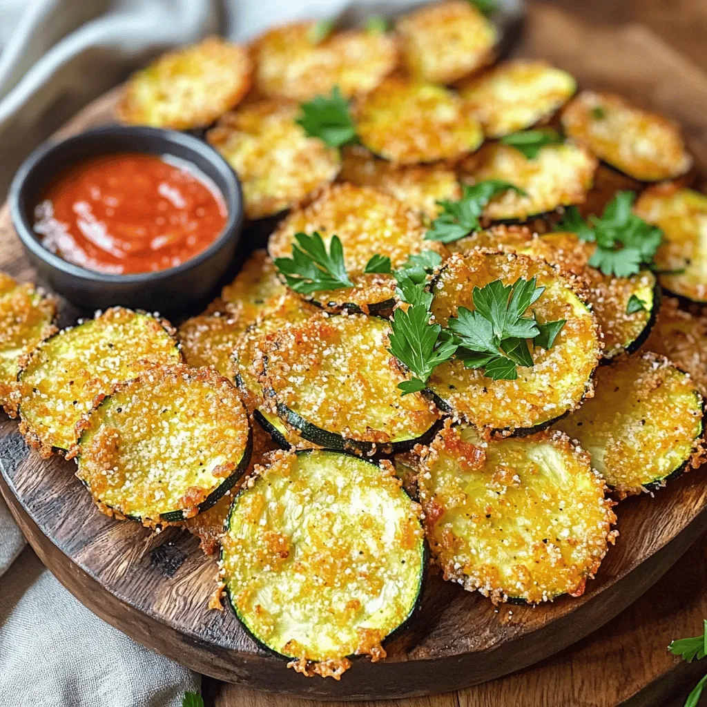- 2 medium zucchinis, sliced into 1/4-inch rounds - 1/2 cup grated Parmesan cheese - 1/2 cup breadcrumbs (panko for extra crunch) - 1 teaspoon garlic powder - 1 teaspoon onion powder - 1/2 teaspoon paprika - Salt and pepper to taste - 1 large egg - Cooking spray or olive oil spray These ingredients come together to create the perfect snack. The zucchinis give a fresh taste, while Parmesan adds savory depth. Using panko breadcrumbs makes them extra crunchy. - Italian seasoning for a herby touch - Cayenne pepper for some heat - Fresh herbs like parsley or basil for garnish Feel free to play around with these options. They can add layers of flavor to each bite. If you love spice, cayenne will elevate the dish. One serving (about 1/4 of the recipe) has roughly: - Calories: 150 - Protein: 8g - Carbohydrates: 10g - Fat: 8g - Fiber: 2g These zucchini chips are a great way to enjoy a healthy snack. They give you fiber and protein without too many calories. Enjoy them as a fun side or a crispy treat! Start by washing the zucchinis well. Trim both ends off each zucchini. Slice them into 1/4-inch rounds. Keep the slices even for cooking. This helps them cook at the same rate. Lay the slices on a clean towel and pat them dry. This removes excess moisture. A dry surface allows for a crispier chip. In a shallow bowl, add the grated Parmesan cheese. Next, pour in the breadcrumbs. I like to use panko for extra crunch. Then, add garlic powder, onion powder, paprika, salt, and pepper. Mix everything well with a fork. Ensure that all the dry ingredients blend together. This step is key for even flavor. In a different bowl, crack a large egg. Whisk it until fully beaten. Now, take a zucchini slice and dip it in the egg. Let the excess egg drip off. Next, coat it in the breadcrumb mixture. Press gently to help it stick well. Repeat this for all the slices. Once coated, arrange them in a single layer in the air fryer basket. Avoid overcrowding; it’s better to cook in batches. Preheat your air fryer to 375°F (190°C). Once preheated, lightly spray the coated zucchini chips with cooking spray. This helps them crisp up nicely. Air fry the zucchini chips for 10-15 minutes. Flip them halfway through cooking for an even crisp. Keep an eye on them to avoid burning. After cooking, let them cool slightly before serving. Enjoy your crunchy delight! To make your zucchini chips extra crispy, use panko breadcrumbs. They add a nice crunch. Make sure to coat the slices evenly with the egg and breadcrumb mix. Press the crumbs onto the zucchini to help them stick. Lightly spray the chips with cooking spray before air frying. This helps them crisp up nicely. If your zucchini chips are not crispy, check the cooking time. You may need to increase the time for browning. If they burn, reduce the cooking time next time. Overcrowding the air fryer basket can also lead to soggy chips. Always arrange the chips in a single layer. This ensures even cooking and crispiness. These zucchini chips taste great hot or warm. Serve them with marinara sauce for dipping. You can also add fresh parsley on top for a pop of color. Pair them with a salad for a light meal. Enjoy them as a snack or side dish at any gathering. {{image_2}} You can change the flavors of your zucchini chips easily. Swap garlic powder for chili powder for heat. Use Italian seasoning for a classic touch. Try lemon zest for a bright, fresh flavor. Mix in some grated Parmesan with herbs for extra taste. These changes make your zucchini chips unique and fun. Zucchini is great, but other veggies work too. You can use eggplant, sweet potatoes, or carrots. Slice them thin, like the zucchini. Make sure to adjust cooking times. Each veggie has a different texture and taste. This way, you can enjoy a variety of flavors. To make your zucchini chips gluten-free, use gluten-free breadcrumbs. Many brands offer this option. You can also use crushed cornflakes or ground nuts. These alternatives give a nice crunch without gluten. Just check the labels to ensure they fit your needs. Enjoy your chips worry-free! To keep your leftover zucchini chips crisp, store them in an airtight container. Place a paper towel at the bottom to absorb excess moisture. Seal the container well and keep it in a cool, dry place. This way, the chips stay fresh for about 2 to 3 days. When you want to enjoy your leftover zucchini chips, the air fryer is your best friend. Preheat your air fryer to 350°F (175°C). Arrange the chips in a single layer in the basket. Heat for about 5 minutes or until they return to their crunchy state. This method revives their texture. Freezing zucchini chips is a great option if you have many leftovers. First, place the cooled chips on a baking sheet in a single layer. Freeze them for about 1 hour. Once frozen, transfer them to a freezer-safe bag. They can last up to 3 months in the freezer. When you’re ready to eat, cook them straight from frozen in the air fryer. Yes, you can use other cheeses. Try mozzarella for a milder taste. Sharp cheddar adds a stronger flavor. Just remember, each cheese melts differently. This change can affect the texture. To make zucchini chips without an air fryer, use your oven. Preheat it to 425°F (220°C). Slice the zucchini as before. Then, coat them in the same mixture. Place them on a baking sheet. Bake for about 20-25 minutes. Flip them halfway to get even crispness. Zucchini chips pair well with many dips. Marinara sauce is a classic choice. Ranch dressing also works great. You can even try hummus for a healthier option. These dips add extra flavor to your crunchy snack. Leftover zucchini chips stay fresh for about 2-3 days. Store them in an airtight container. Keep them at room temperature for the best crunch. If you refrigerate them, they may lose some crispiness. Reheat them in the air fryer to restore crunch. You now have all the tools to make delicious zucchini chips at home. We covered the key ingredients, steps for preparation, and tips for that perfect crunch. I provided ways to serve, store, and even adapt the recipe for gluten-free diets. Zucchini chips are easy to make and full of flavor. Enjoy experimenting with spices and veggies to find your favorite combo. Now, go ahead and create your tasty snack!