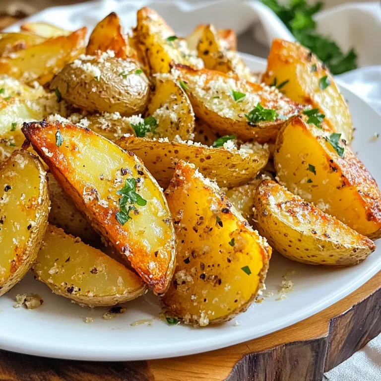 - 4 medium russet potatoes - 4 tablespoons olive oil - 4 cloves garlic - 1 teaspoon garlic powder - 1 teaspoon onion powder - 1 teaspoon paprika - ½ cup grated Parmesan cheese - 1 teaspoon dried oregano - Salt and pepper - Fresh parsley for garnish Gathering the right ingredients is key to making tasty air fryer garlic Parmesan potato wedges. Start with russet potatoes. They have the perfect texture for a crispy bite. You need four medium ones. Olive oil brings moisture and flavor, so use four tablespoons. Garlic is a must. You'll use four cloves, minced for the best taste. Spices add depth. I recommend one teaspoon each of garlic powder, onion powder, and paprika. These will enhance the flavor profile. Grated Parmesan cheese is a game changer. You'll want half a cup for that cheesy goodness. A teaspoon of dried oregano adds an herbaceous note. Don't forget salt and pepper to taste. Fresh parsley is great for garnish. It adds color and a fresh finish. With these ingredients, you're set for a delicious snack or side dish. The combination of flavors makes these wedges irresistible. First, rinse the russet potatoes under cold water. Scrub them well to remove dirt. Next, cut each potato into wedges. Try to make them the same size. This helps them cook evenly. Uneven pieces may cook at different rates. Soak the potato wedges in cold water. This step is key for crispiness. Let them soak for about 30 minutes. Soaking removes extra starch, which helps the wedges get crispy. After soaking, drain the wedges and dry them with a towel. In a large bowl, mix the olive oil, minced garlic, garlic powder, onion powder, paprika, salt, and pepper. Stir well to combine. Then, add the dried oregano and Parmesan cheese. Mix until everything is well blended. Toss the dried potato wedges in this mixture. Make sure every wedge gets coated well. Preheat your air fryer before cooking. Set it to 400°F (200°C). Preheating for about 5 minutes helps the wedges cook evenly and become crispy. Place the potato wedges in a single layer in the air fryer basket. Avoid overcrowding them to ensure they cook well. Cook at 400°F (200°C) for 15 to 20 minutes. Flip the wedges halfway through cooking. This step helps them crisp up nicely on all sides. When the wedges are done, remove them from the air fryer. Sprinkle extra Parmesan cheese and chopped parsley on top for added flavor. For a nice touch, serve them on a wooden platter. Pair them with a bowl of marinara or garlic aioli for dipping. This adds fun and flavor to your meal. To get those perfect, crispy wedges, you need to adjust the cooking time. If you like them crunchier, add a few more minutes. Keep an eye on them. Every air fryer cooks a bit differently. Start with 15 minutes and check. Flip them halfway for even crispness. Do not overcrowd the air fryer. This can lead to soggy wedges. Cook them in batches if needed. Spread them out in a single layer. This helps hot air circulate, making them crispier. Seasoning is key to great flavor. You can experiment with herbs like rosemary or thyme. Try adding spices like chili powder for heat. Taste your mixture before coating the wedges. Add more salt or pepper if needed. Adjust the flavors based on what you like. If you prefer a stronger garlic taste, add more minced garlic or garlic powder. Don't be afraid to make it your own! You need a few key tools for this recipe. A good knife helps cut the potatoes evenly. A large bowl is great for mixing. Use a clean towel to dry the wedges well. Of course, an air fryer is a must. Using a high-quality model ensures even cooking. Look for features like adjustable temperature settings. This makes it easier to get that perfect crisp! {{image_2}} You can change the cheese for your potato wedges. Try cheddar, feta, or even vegan cheese. Each option brings a unique flavor. Adjust the amount to match your taste. If you want a stronger cheese flavor, add more Parmesan. For a milder taste, use less. Cheese adds creaminess and richness to the crispy wedges. Spice things up! Add chili powder or cayenne for heat. A little goes a long way. You can also mix in fresh herbs like rosemary or thyme. These add fresh flavors and make the dish special. Experiment with different spices to find your favorite combo. Each bite can surprise your taste buds. Want to cook in the oven? Preheat it to 425°F (220°C). Spread the wedges on a baking sheet. Bake for 25-30 minutes, flipping halfway. For deep-frying, heat oil to 350°F (175°C). Fry the wedges for 5-7 minutes until golden brown. Each method gives a different texture. Choose what works best for you! To store leftovers, let the wedges cool completely. This keeps them from getting soggy. Place them in an airtight container. Glass or plastic containers work well. Make sure the lid seals tightly to keep air out. Store them in the fridge. They can stay fresh for up to three days. To reheat, use the air fryer for best results. Set it to 350°F (175°C). Heat the wedges for about 5 to 7 minutes. This makes them crispy again. If you don’t have an air fryer, use an oven. Preheat to 375°F (190°C) and bake for 10 minutes. Avoid microwaving them, as this can make them soggy. To freeze the wedges, first, let them cool completely. Spread them in a single layer on a baking sheet. Freeze for 1 to 2 hours until solid. Then transfer them to a freezer-safe bag. Squeeze out as much air as possible. They can stay in the freezer for up to three months. When ready to eat, thaw in the fridge overnight and reheat in the air fryer. Russet potatoes work best for wedges. They are starchy and create a crispy texture. Other good options include Yukon Gold and red potatoes. Yukon Golds have a creamy flavor, while red potatoes are waxy and hold their shape well. Choose firm potatoes without any sprouts or blemishes for the best results. Yes, you can! To cook wedges without an air fryer, you can bake or deep-fry them. For baking, preheat your oven to 425°F (220°C). Spread the wedges on a baking sheet in a single layer. Bake for 25-30 minutes, flipping halfway through. For deep-frying, heat oil in a pot, then fry the wedges until golden brown and crispy. To make these wedges healthier, try using less oil. You can also bake them instead of frying. Consider using an air fryer for less oil and crispiness. Swap out regular Parmesan for a low-fat cheese option. Adding herbs and spices instead of salt can also boost flavor without extra calories. Leftovers can last up to 3-5 days in the fridge. Store them in an airtight container to keep them fresh. Make sure they are completely cool before sealing to avoid moisture buildup. For the best taste and texture, reheat within a few days. You now have a complete guide to making crispy potato wedges. From choosing the right ingredients to perfecting the cooking method, each step matters. Soaking your potatoes, seasoning well, and using the air fryer ensures delicious results. Don't shy away from experimenting with flavors and different cheeses. Remember, the right tools and methods will help you achieve crispy perfection. With these tips, you can impress family and friends with your homemade potato wedges. Enjoy your tasty creations and have fun in the kitchen!
