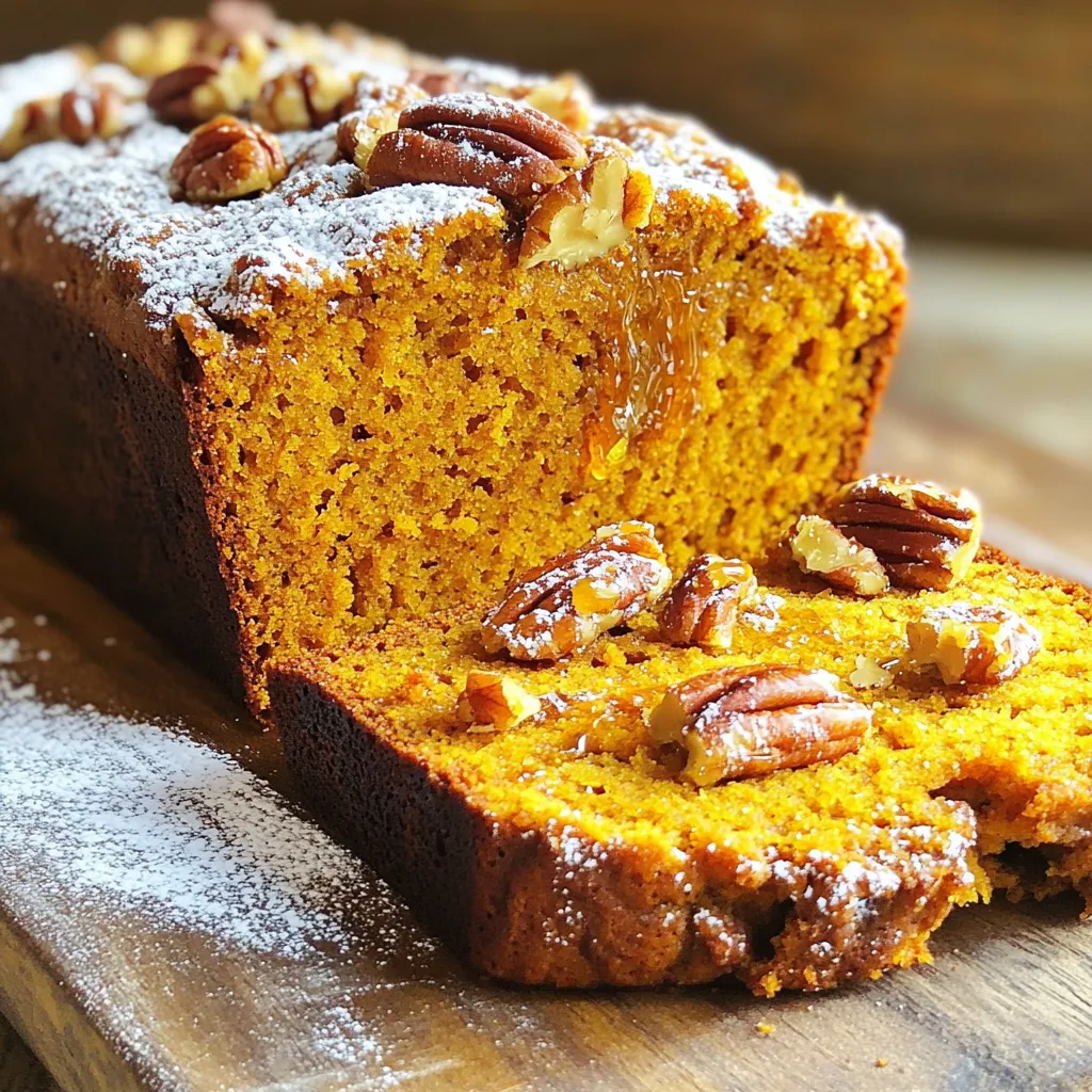 - 1 cup canned pumpkin puree - 1/2 cup unsalted butter, melted - 1/2 cup maple syrup - 1/4 cup brown sugar, packed - 2 large eggs - 1 teaspoon vanilla extract - 1 1/2 cups all-purpose flour - 1 teaspoon baking soda - 1/2 teaspoon baking powder - 1/2 teaspoon salt - 1 teaspoon ground cinnamon - 1/2 teaspoon ground nutmeg - 1/4 teaspoon ground ginger - 1 cup chopped pecans Canned pumpkin puree forms the base of this bread. It gives moisture and a rich taste. I love using unsalted butter for a creamy texture. Maple syrup adds a sweet, earthy flavor that pairs well with pumpkin. Brown sugar will deepen the sweetness and add a slight chewiness. Eggs are key for binding. They help the bread rise and make it fluffy. I always include vanilla extract for warmth. All-purpose flour is my go-to for structure, ensuring the bread holds up well. Baking soda and baking powder are essential for lift. Salt enhances the flavors, while cinnamon, nutmeg, and ginger bring warmth and spice. These spices make every bite feel like fall. Chopped pecans add crunch. They provide a nutty flavor that complements the other ingredients. Feel free to adjust the amount to your taste. 1. First, preheat your oven to 350°F (175°C). This helps the bread bake evenly. 2. Grease and flour a 9x5 inch loaf pan. This step prevents the bread from sticking. 3. In a large bowl, combine the canned pumpkin puree, melted butter, maple syrup, and brown sugar. Add the eggs and vanilla extract. Whisk until smooth. 1. In another bowl, mix the all-purpose flour, baking soda, baking powder, salt, cinnamon, nutmeg, and ginger. This creates a dry mix with great flavor. 2. Gradually add the dry mix to the wet mix. Stir just until combined. Be careful not to overmix; this keeps the bread tender. 3. Now, fold in the chopped pecans. Make sure they spread evenly in the batter. 1. Pour the batter into your prepared loaf pan. Smooth the top with a spatula for even baking. 2. Bake in the preheated oven for 55-60 minutes. The bread is done when a toothpick comes out clean. 3. To check doneness, insert a toothpick into the center. If it’s clean, the bread is ready. If not, give it a few more minutes. Enjoy the warm, delightful scent of fall as your bread bakes! To make your pumpkin bread soft and fluffy, avoid overmixing. Mix it just until the flour disappears. Overmixing makes the bread tough. Evenly distribute the pecans in the batter. After folding them in, check to see they are spread out. This gives each slice a nice crunch. For a charming presentation, slice the bread and place it on a wooden board. Drizzle some maple syrup on top for a sweet touch. Add a few whole pecans beside the slices for beauty. A sprinkle of powdered sugar makes it look fancy. Pair your bread with warm drinks. A cup of coffee or hot tea goes well. The flavors will blend perfectly, making each bite delightful. To keep your bread fresh, wrap it in plastic wrap. Store it at room temperature for up to three days. If you want it to last longer, freeze it. To freeze, wrap the loaf tightly and place it in a freezer bag. It can stay frozen for up to three months. When you want a slice, just thaw it in the fridge overnight. Enjoy each bite of your tasty treat! {{image_2}} You can make this bread fit your needs. For a gluten-free version, use gluten-free flour. Brands like almond or coconut flour work well. They add a nice twist to the taste. If you need dairy-free options, replace the butter with coconut oil or vegan butter. Both will keep the bread moist and rich. Want to add a sweet kick? Toss in some chocolate chips. They melt and mix perfectly with the pumpkin. If you like crunch, try different nuts. Walnuts or hazelnuts bring new flavors to the bread. Each nut adds a unique taste that makes every bite special. Using fresh pumpkin is a great choice. It gives a vibrant flavor and a lovely texture. Roast the pumpkin first for extra sweetness. For the holidays, mix in spices like cloves or allspice. These warm spices invite the festive spirit into your home. Each variation makes the bread a new experience! - Calories per serving: Each slice contains about 200 calories. - Key nutrients: This bread offers fiber, protein, and healthy fats. It also has vitamins A and E, plus minerals like magnesium and zinc. - Benefits of pumpkin: Pumpkin is rich in vitamins and fiber. It supports your vision and boosts your immune system. The fiber helps with digestion, keeping you full longer. - Advantages of pecans in the diet: Pecans provide healthy fats and protein. They help lower bad cholesterol and support heart health. These nuts also pack antioxidants, which fight inflammation and support overall wellness. - Vegan and vegetarian options: To make this bread vegan, swap eggs for flax eggs. Mix one tablespoon of ground flaxseed with three tablespoons of water. Let it sit until thick. - Allergen information: This recipe contains gluten from flour and nuts from pecans. Always check for nut allergies when serving. You can use gluten-free flour for a safe alternative. To keep your bread moist, add extra pumpkin puree or a bit of yogurt. You can also try using more butter. Make sure not to overbake it; check for doneness at 55 minutes. If you see that the top is browning too fast, cover it with foil. This will help trap moisture inside. Yes, you can use fresh pumpkin! Start by cutting a pumpkin in half and removing the seeds. Then, roast the halves at 350°F for about 45 minutes. Once they cool, scoop out the flesh and mash it until smooth. Measure out 1 cup for your bread. This fresh pumpkin will give your bread a brighter flavor. You can store the bread at room temperature for up to 3 days. Wrap it tightly in plastic wrap to keep it fresh. For longer storage, freeze the bread. Slice it first, then wrap each slice in plastic and place them in a freezer bag. This way, you can enjoy a slice anytime! In this post, I detailed how to make delicious Maple Pecan Pumpkin Bread. We explored key ingredients like pumpkin puree, spices, and the perfect add-ins like pecans. I shared step-by-step instructions to guide you through the baking process. You also learned handy tips for storing and serving this treat. In conclusion, this bread brings warmth and flavor to any table. Try different variations to match your taste. Enjoy your baking, and happy eating!